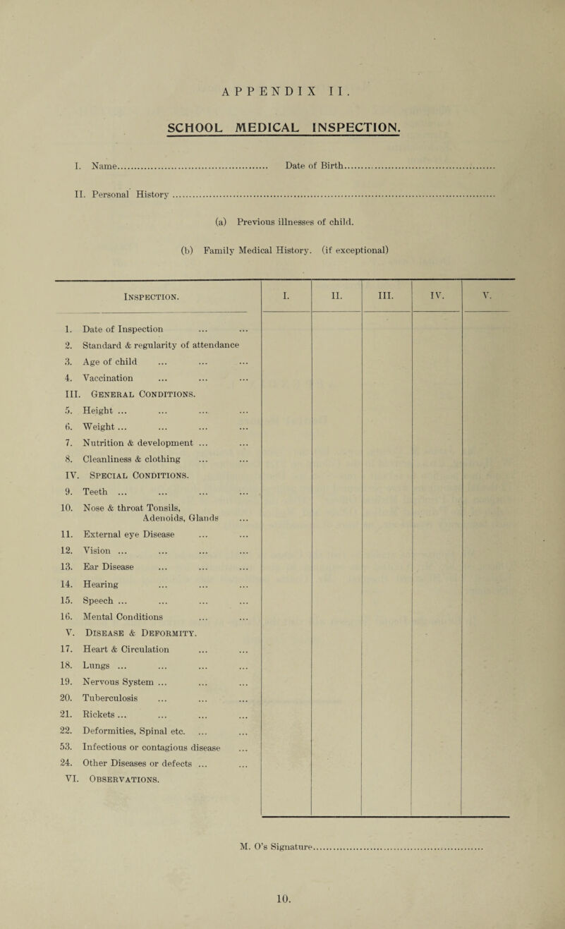 SCHOOL MEDICAL INSPECTION. I. Name. Date of Birth. II. Personal History (a) Previous illnesses of child. (b) Family Medical History, (if exceptional) Inspection. I. II. III. IV. 1. 2. 3. Date of Inspection Standard & regularity of attendance Age of child 4. Vaccination III. General Conditions. 5. 6. Height ... Weight... 7. 8. Nutrition & development ... Cleanliness & clothing IV. Special Conditions. 9. Teeth ... 10. Nose & throat Tonsils, Adenoids, Glands 11. External eye Disease 12. Vision ... 13. Ear Disease 14. Hearing 15. Speech ... 16. Mental Conditions y. Disease & Deformity. 17. Heart & Cii'culation 18. Lungs ... 19. Nervous System ... 20. Tuberculosis 21. Rickets ... 22. Deformities, Spinal etc. 53. Infectious or contagious disease 24. Other Diseases or defects ... VI. Observations. M. O’s Signature 10.