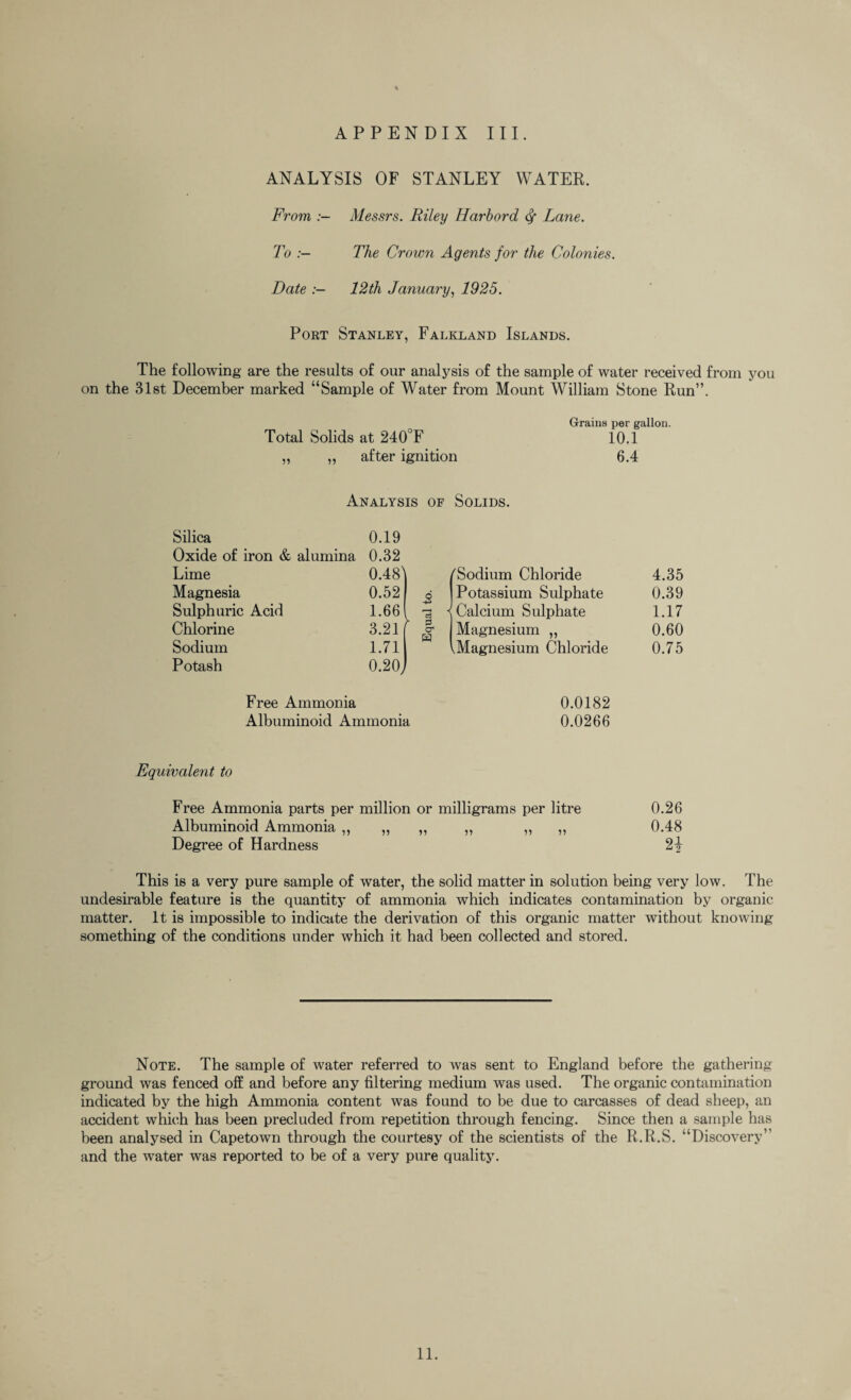 ANALYSIS OF STANLEY WATER. From Messrs. Riley Harbord <3f Lane. To The Crown Agents for the Colonies. Date 12th January, 1925. Port Stanley, Falkland Islands. The following are the results of our analysis of the sample of water received from you on the 31st December marked “Sample of Water from Mount William Stone Run”. Grains per gallon. Total Solids at 240°F 10.1 „ ,, after ignition 6.4 Analysis of Solids. Silica 0.19 Oxide of iron & alumina 0.32 Lime 0.48] fSodium Chloride 4.35 Magnesia 0.52 6 Potassium Sulphate 0.39 Sulphuric Acid 1.66 i Calcium Sulphate 1.17 Chlorine 3.21 g. Magnesium „ 0.60 Sodium 1.71 HH ^Magnesium Chloride 0.75 Potash 0.20j Free Ammonia 0.0182 Albuminoid Ammonia 0.0266 Equivalent to Free Ammonia parts per million or milligrams per litre 0.26 Albuminoid Ammonia ,, „ ,, „ „ ,, 0.48 Degree of Hardness 2j This is a very pure sample of water, the solid matter in solution being very low. The undesirable feature is the quantity of ammonia which indicates contamination by organic matter. It is impossible to indicate the derivation of this organic matter without knowing something of the conditions under which it had been collected and stored. Note. The sample of water referred to was sent to England before the gathering- ground was fenced off and before any filtering medium was used. The organic contamination indicated by the high Ammonia content was found to be due to carcasses of dead sheep, an accident which has been precluded from repetition through fencing. Since then a sample has been analysed in Capetown through the courtesy of the scientists of the R.R.S. “Discovery” and the water was reported to be of a very pure quality.