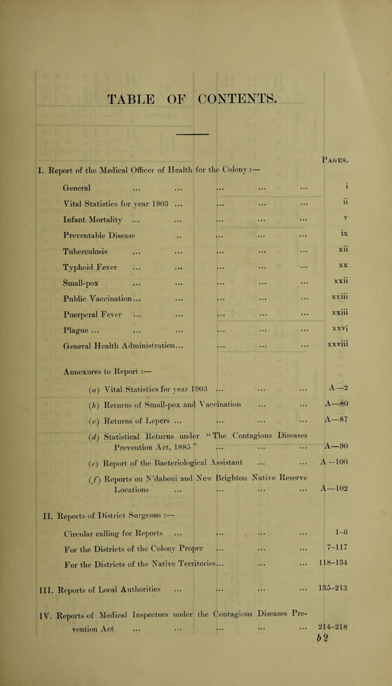 TABLE OF CONTENTS. Pages. I. Report of the Medical Officer of Health for the Colony :— General ... ... ... • •• ••• 1 Vital Statistics for year 1903 ... ... ... ••• ^ Infant Mortality ... ... ... ••• ••• v Preventable Disease .. ••• ••• ••• 1X Tuberculosis ... ... ••• ••• ••• xu Typhoid Fever ... ... ••• ••• xx Small-pox ... ... •>. ••• ••• xx** Public Vaccination... ... ... ••• ••• xxm Puerperal Fever ... ... ••• ••• xxm Plague ... ... ... •>. ••• ••• xxvi • • • General Health Administration... ... ... ... xxvm Annexures to Report :— (a) Vital Statistics for year 1903 ... ... ... A—2 (A) Returns of Small-pox and Vaccination ... ... A—80 (c) Returns of Lepers ... ... ••• ••• A—87 (d) Statistical Returns under “The Contagious Diseases Prevention Act, 1885 ” ... ... ... A—90 (e) Report of the Bacteriological Assistant ... ... A—100 (f) Reports on N’dabeni and New Brighton Native Reserve Locations ... ••• ... A—102 II. Reports of District Surgeons :— Circular calling for Reports ... ... ... ... l-f> For the Districts of the Colony Proper ... ... ... 7-117 For the Districts of the Native Territories... ... ... 118-134 III. Reports of Local Authorities ... ... ••• ••• 135-213 IV. Reports of Medical Inspectors under the Contagious Diseases Pre¬ vention Act ... ••• ••• ••• 214—218 b2
