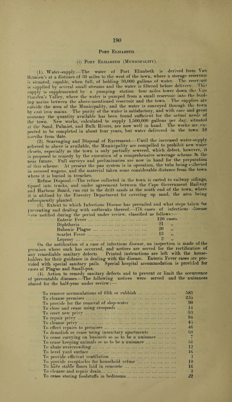 Poet Elizabeth. (?‘) Poet Elizabeth (Municipality). (1) . Water-supply.—The water of Port Elizabeth is derived from Van Suaden’s at a distance of 30 miles to the west of the town, where a storage reservoir is situated, capable, when full, of holding 30,000 gallons of water. Ihe reservoir is supplied by several small streams and the water is filtered before delivery. This supply is supplemented by a pumping station four miles lower down the \ an Garden's Valley, where the water is pumped from a small reservoir into the lead¬ ing mains between the above-mentioned reservoir and the town. Lhe supplies are outside the area of the Municipality, and the water is conveyed through the town by cast iron mains. The purity of the water is satisfactory, and with care and great economy the quantity available has been found sufficient for the actual needs of the town. New works, calculated to supply 1,500,000 gallons per day, situated at the Sand, Palmiet, and Bulk Rivers, are now well in hand. The works arc ex¬ pected to be completed in about four years, but water delivered in the town 18 months from date. (2) . Scavenging and Disposal of Excrement.—Until the increased water-supply referred to above is available, the Municipality are compelled to prohibit new water closets, especially as the town is only partially sewered, which defect, however, it is proposed to remedy by the execution of a comprehensive sewerage scheme the near future. Full surveys and preliminaries are now in hand for the preparation of this scheme. At present the pan system is in operation, the tubs being collected in covered wagons, and the material taken some considerable distance from the town Avhere it is buried in trenches. Refuse Disposal.—The refuse collected in the town is carted to railway sidings, tipned into trucks, and under agreement between the Cape Government Railway and Harbour Board, run out to the drift sands at the south end of the toivn, where it is utilised by the Forestry Department for covering up sand, the area being subsequently planted. (3) . Extent to which Infectious Disease has prevailed and what steps taxon for preventing and dealing with outbreaks thereof.—1<6 cases of infectious uisease i-ere notified during the period under review, classified as follows: Enteric Fever. 120 cases. Diphtheria. 21 ,, Bubonic Plague. 20 ,, Scarlet Fever. 13 ,, Leprosy. 2 „ On the notification of a case of infectious disease, an inspection is made of the premises where such has occurred, and notices are served for the rectification of any remediable sanitary defects. Printed instructions are left rvith the house¬ holders for their guidance in dealing with the disease. Enteric Fever cases are pro¬ vided with special sanitary pails. Special hospital accommodation is provided for cases of Plague and Small-pox. (4) . Action to remedy sanitary defects and to prevent or limit the occurrence of preventable diseases.—-The following notices were served and the nuisances abated for the half-year under review: — To remove accumulations of filth or rubbish. To cleanse premises. To provide for the removal of slop-water . To close and cease using cesspools. To erect new privy. To repair privy. To cleanse privy ... .. To effect repairs to premises. To demolish or cease using insanitary apartments ... To cease carrying on business so as to be a nuisance To cease keeping animals so as fo be a nuisance . To abate overcrowding. To level yard surface. To provide efficient ventilation. To provide receptacles for household refuse . To have stable floors laid in concrete. To cleanse and repair drain. To cease storing foodstuffs in bedrooms. 583 235 90 14 53 94 43 40 68 i 51 12 10 O D 10 16 3 22