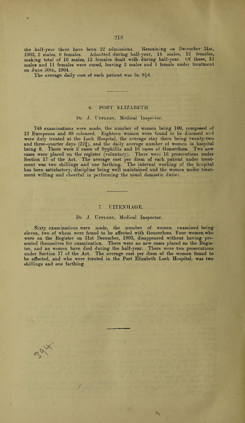 tlie half-year there have been 22 admissions. Remaining on December 31st, 1903, 2 males, 0 females. Admitted during half-year, 14 males, 12 females, making total of 16 males, 12 females dealt with during half-year. Of these, 13 males and 11 females were cured, leaving 3 males and 1 female under treatment on June 30th, 1904. The average daily cost of each patient was 3a. 9|d. 6. PORT ELIZABETH. Dr. J. Uppleby, Medical Inspector. 748 examinations were made, the number of women being 100, composed of 12 Europeans and 88 coloured. Eighteen women wTere found to be diseased and were duly treated at tlie Lock Hospital, the average stay there being twenty-two and three-quarter days (22f), and the daily average number of women in hospital being 8. There were 2 cases of Syphillis and 16 cases of Gonorrhoea. Two new cases were placed on the register (voluntary). There were 16 prosecutions under Section 17 of the Act. The average cost per diem of each patient under treat¬ ment was two shillings and one farthing. The internal working of the hospital has been satisfactory, discipline being well maintained and the women under treat¬ ment willing and cheerful in performing the usual domestic duties. 7. UITENHAGE. Dr. J. Uppleby, Medical Inspector. Sixty examinations were made, the number of women examined being eleven, two of whom were found to be affected with Gonorrhoea. Four women who were on the Register on 31st December, 1903, disappeared without having pre¬ sented themselves for examination. There were no new cases placed on the Regis¬ ter, and no women have died during the half-year. There were two prosecutions under Section 17 of the Act. The average cost per diem of the women found to be affected, and who were treated in the Port Elizabeth Lock Hospital, was two shillings and one farthing.