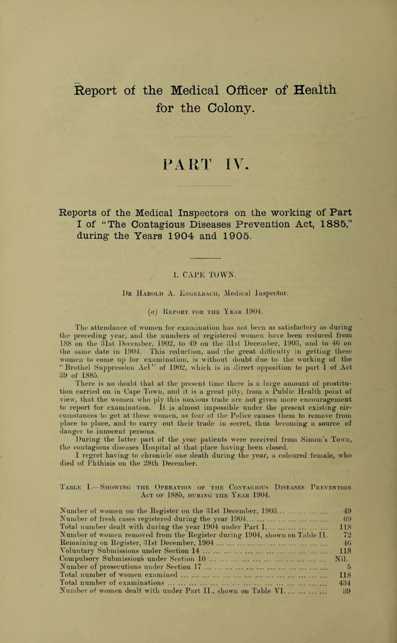 Report of the Medical Officer of Health for the Colony. FART IV. Reports of the Medical Inspectors on the working of Part I of “The Contagious Diseases Prevention Act, 1885,” during the Years 1904 and 1905. 1. CAPE TOWN. Dr Harold A. Engelbach, Medical Inspector. (a) Report for the Year 1904. The attendance of women for examination has not been as satisfactory as during the preceding year, and the numbers of registered women have been reduced from 188 on the 81st December, 1902, to 49 on the 81st December, 1903, and to 46 on the same date in 1904. This reduction, and the great diliiculty in getting these women to come up for examination, is without doubt due to the working of the “Brothel Suppression Act of 1902, which is in direct opposition to part 1 of Act 39 of 1885. There is no doubt that at the present time there is a large amount of prostitu¬ tion carried on in Cape Town, and it is a great pity, from a Public Health point of view, that the women who ply this noxious trade are not given more encouragement to report for examination. It is almost impossible under the present existing cir¬ cumstances to get at these women, as fear of the Police causes them to remove from place to place, and to carry out their trade in secret, thus becoming a source of danger to innocent persons. During the latter part of the year patients were received from Simon’s Town, the contagious diseases Hospital at that place having been closed. I regret having to chronicle one death during the year, a coloured female, who died of Phthisis on the 28th December. Table I.—Showing the Operation of tile Contagious Diseases Prevention Act of 1885, during the YrEAR 1904. Number of women on the Register on the 31st December, 1903. 49 Number of fresh cases registered during the year 1904. 69 Total number dealt with during the year 1904 under Part 1. 118 Number of women removed from the Register during 1904, shown on Table II. 72 Remaining on Register, 31st December, 1904 . 46 Voluntary Submissions under Section 14. 118 Compulsory Submissions under Section 10. Nil. Number of prosecutions under Section 17. 5 Total number of women examined. 118 P’otal number of examinations. 434 Number of women dealt with under Part II., shown on Table VI. 89
