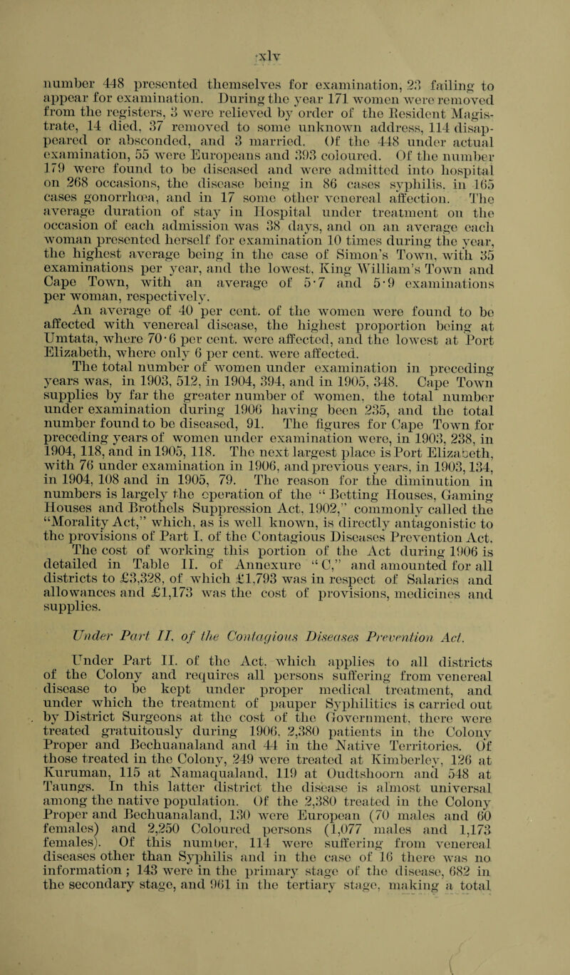 ‘Xlv number 448 presented themselves for examination, 23 failing to appear for examination. During the year 171 women were removed from the registers, 3 were relieved by order of the Resident Magis¬ trate, 14 died, 37 removed to some unknown address, 114 disap¬ peared or absconded, and 3 married. Of the 448 under actual examination, 55 were Europeans and 393 coloured. Of the number 179 were found to be diseased and were admitted into hospital on 268 occasions, the disease being in 86 cases syphilis, in 165 cases gonorrhoea, and in 17 some other venereal affection. The average duration of stay in Hospital under treatment on the occasion of each admission was 38 days, and on an average each woman presented herself for examination 10 times during the year, the highest average being in the case of Simon’s Town, with 35 examinations per year, and the lowest, King William’s Town and Cape Town, with an average of 5*7 and 5'9 examinations per woman, respectively. An average of 40 per cent, of the women were found to bo affected with venereal disease, the highest proportion being at Umtata, where 70*6 per cent, were affected, and the lowest at Port Elizabeth, where only 6 per cent, were affected. The total number of women under examination in preceding years was, in 1903, 512, in 1904, 394, and in 1905, 348. Cape Town supplies by far the greater number of women, the total number under examination during 1906 having been 235, and the total number found to be diseased, 91. The figures for Cape Town for preceding years of women under examination were, in 1903, 238, in 1904, 118, and in 1905, 118. The next largest place is Port Elizabeth, with 76 under examination in 1906, and previous years, in 1903,134, in 1904, 108 and in 1905, 79. The reason for the diminution in numbers is largely the operation of the “ Betting Houses, Gaming Houses and Brothels Suppression Act, 1902,” commonly called the “Morality Act,” which, as is well known, is directly antagonistic to the provisions of Part I. of the Contagious Diseases Prevention Act. The cost of working this portion of the Act during 1906 is detailed in Table II. of Annexure “ C,” and amounted for all districts to £3,328, of which £1,793 was in respect of Salaries and allowances and £1,173 was the cost of provisions, medicines and supplies. Under Part II. of the Contagious Diseases Prevention Act. Under Part II. of the Act. which applies to all districts of the Colony and requires all persons suffering from venereal disease to be kept under proper medical treatment, and under which the treatment of pauper Syphilitics is carried out by District Surgeons at the cost of the Government, there were treated gratuitously during 1906, 2,380 patients in the Colony Proper and Bechuanaland and 44 in the Native Territories. Of those treated in the Colony, 249 were treated at Kimberley, 126 at Kuruman, 115 at Namaqualand, 119 at Oudtshoorn and 548 at Taungs. In this latter district the disease is almost universal among the native population. Of the 2,380 treated in the Colony Proper and Bechuanaland, 130 were European (70 males and 60 females) and 2,250 Coloured persons (1,077 males and 1,173 females). Of this number, 114 were suffering from venereal diseases other than Syphilis and in the case of 16 there was no information ; 143 were in the primary stage ot the disease, 682 in the secondary stage, and 961 in the tertiary stage, making a total