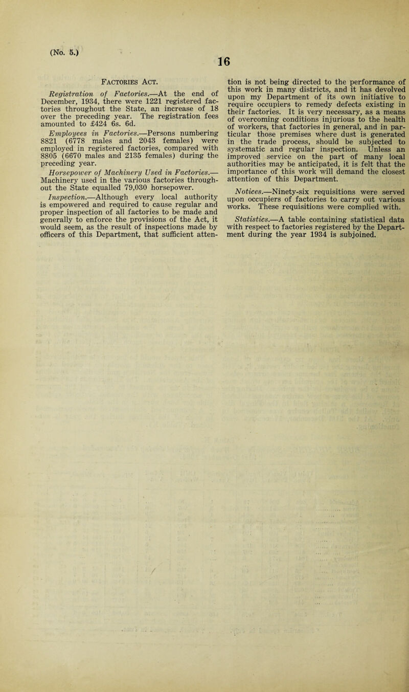 16 Factories Act. Registration of Factories.—At the end of December, 1934, there were 1221 registered fac¬ tories throughout the State, an increase of 18 over the preceding year. The registration fees amounted to £424 6s. 6d. Employees in Factories.—Persons numbering 8821 (6778 males and 2043 females) were employed in registered factories, compared with 8805 (6670 males and 2135 females) during the preceding year. Horsepower of Machinery Used in Factories.— Machinery used in the various factories through¬ out the State equalled 79,030 horsepower. Inspection.—Although every local authority is empowered and required to cause regular and proper inspection of all factories to be made and generally to enforce the provisions of the Act, it would seem, as the result of inspections made by officers of this Department, that sufficient atten¬ tion is not being directed to the performance of this work in many districts, and it has devolved upon my Department of its own initiative to require occupiers to remedy defects existing in their factories. It is very necessary, as a means of overcoming conditions injurious to the health of workers, that factories in general, and in par¬ ticular those premises where dust is generated in the trade process, should be subjected to systematic and regular inspection. Unless an improved service on the part of many local authorities may be anticipated, it is felt that the importance of this work will demand the closest attention of this Department. Notices.—Ninety-six requisitions were served upon occupiers of factories to carry out various works. These requisitions were complied with. Statistics.—A table containing statistical data with respect to factories registered by the Depart¬ ment during the year 1934 is subjoined.