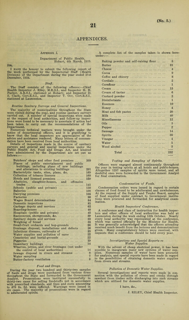 APPENDICES. * _ Appendix I. Department of Public Health, Hobart, 4th March, 1935. Sir, I HAVE the honour to submit the following report of the work performed by the Inspectorial Stalf (Health Division) of the Department during the year ended 31st December, 1934. Staff. The Staff consists of the following officers:—Chief Health Inspector J. Riley, M.R.S.I., and Inspector H. H. Parker, A.R.S.I., stationed at Hobart; and Inspector D. S. Clark, Cert.R.S.I., and Inspector T. Orr, Cert.R.S.I., stationed at Launceston. Routine Sanitary Surveys and General Inspections. The majority of municipalities throughout the State were visited during the year, and routine sanitary surveys carried out. A number of special inspections were made at the request of local authorities, and follow-up inspec¬ tions were found to be necessary to ascertain if action had been taken to carry out the recommendations of the Department. Numerous technical matters were brought under the notice of departmental officers, and it is gratifying to know that the local inspectors are appreciative of the advice and assistance rendered. Many letters of commen¬ dation have been received from local authorities. Details of inspections made in the course of sanitary surveys and general and special inspections under the Public Health Act, Food and Drugs Act, and kindred laws administered by the Department are set out as follows:— Butchers’ shops and other food premises . 309 Places of public entertainment and public buildings, including plans of new buildings and alterations to existing buildings . 201 Bacteriolytic tanks, sites, plans, &c. 169 Collection of tobacco licences . 168 Hotels and licensed premises . 159 Abattoirs, slaughter-houses, and offensive trades . 141 Schools (public and private) . 130 Bakeries . 108 Dairying premises . 105 Factories . 90 Wages Board determinations . 84 Domestic inspections . 81 Garbage depots and services . 62 Boarding-houses . 48 Hospitals (public and private) . 45 Racecourses, showgrounds, &c. . 39 Sanitary depots and services . 33 Weighing of bread . 33 Small-fruit orchards and hop-grounds . 26 Drainage disposal, installations and defects . .. 26 Infectious diseases, outbreaks of . 23 Water supplies and pollution of same . 22 Cemeteries and burial-grounds . 22 Piggeries . 19 Insanitary buildings . 14 Wharves, jetties, and river frontages (not under the control of local authorities) . 14 Sewage disposal in rivers and streams . 8 Water sampling . 7 Butter-factory ventilation . 3 Food and Drugs. During the year two hundred and thirty-two samples of foods and drugs were purchased from various firms throughout the State and forwarded to the Government Analyst. Prosecutions were instituted successfully in thirty-two cases for selling foodstuffs not in accordance with prescribed standards, and fines and costs amounting to £79 2s. 6d. were inflicted. Warnings were issued in six cases. The majority of prosecutions were in regard to adulterated spirits. A complete list of the samples taken is shown here¬ under:— Baking powder and self-raising flour . 5 Butter . 31 Cheese . 4 Cocoa . 9 Coffee and chicory . 8 Cordials . 2 Cornflour . 1 Cream . 15 Cream of tartar . 6 Custard powder . 2 Disinfectants . 1 Essences . 10 Honey. 4 Meat and fish pastes . 20 Milk . 40 Miscellaneous . 12 Oils . 3 Pepper . 2 Sausage . 14 Spirits . 35 Vinegar . 4 Water. 1 Wood alcohol . 3 Total . 232 Testing and Sampling of Spirits. Officers were engaged almost continuously throughout the year in testing spirits at all hotels and public-houses. Altogether 1297 samples of spirits were tested, and all doubtful ones were forwarded to the Government Analyst for final examination. Condemnation of Foods. Condemnation orders were issued in regard to certain classes of food found to be adulterated and unwholesome. At the request of the Supply and Tender Board, samples of food supplied under contract to Government institu¬ tions were procured and forwarded for analytical exam¬ ination. Health Inspectors’ Conference. A conference and class of instruction for health inspec¬ tors and other officers of local authorities was held at Launceston during the week ending 13th October. Nearly every local authority was represented at the conference, which was opened officially by the Minister for Health. It was generally acknowledged that the officers attending received much benefit from the lectures and demonstrations given. Many congratulatory letters were received, with requests that a conference should be held every year. Investigations and Special Reports re Water Supplies. With the advent of cheap electrical power, it has been possible to inaugurate many new systems of water sup¬ plies. Numerous samples of water have been procured for analysis, and special reports have been made in regard to the possibilities of obtaining domestic water supplies from rivers and streams. Pollution of Domestic Water Supplies. Several investigations and reports were made in con¬ nection with the pollution of rivers and creeks through sawdust from timber mills discharging into such streams which are utilised for domestic water supplies. I have, &c., J. RILEY, Chief Health Inspector.