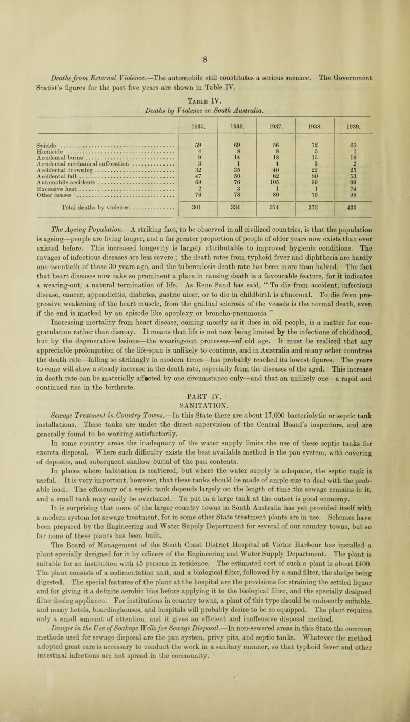 Deaths from External Violence.—The automobile still constitutes a serious menace. The Government Statist’s figures for the past five years are shown in Table IV. Table IV. Deaths by Violence in South Australia. 1935. 1936. 1937. 1938. 1939. Suicide . 59 69 56 72 65 Homicide . 4 8 8 5 i Accidental burns. 9 14 18 15 16 Accidental mechanical suffocation. 3 1 4 3 2 Accidental drowning. 32 35 40 22 25 Accidental fall . 47 50 62 80 53 Automobile accidents. 69 76 105 99 99 Excessive heat. 2 3 1 1 74 Other causes . 76 78 80 75 98 Total deaths by violence. 301 334 374 372 433 The Ageing Population.—A striking fact, to be observed in all civilized countries, is that the population is ageing—people are living longer, and a far greater proportion of people of older years now exists than ever existed before. This increased longevity is largely attributable to improved hygienic conditions. The ravages of infectious diseases are less severe ; the death rates from typhoid fever and diphtheria are hardly one-twentieth of those 30 years ago, and the tuberculosis death rate has been more than halved. The fact that heart diseases now take so prominent a place in causing death is a favourable feature, for it indicates a wearing-out, a natural termination of life. As Rene Sand has said, “ To die from accident, infectious disease, cancer, appendicitis, diabetes, gastric ulcer, or to die in childbirth is abnormal. To die from pro¬ gressive weakening of the heart muscle, from the gradual sclerosis of the vessels is the normal death, even if the end is marked by an episode like apoplexy or broncho-pneumonia.” Increasing mortality from heart disease, coming mostly as it does in old people, is a matter for con¬ gratulation rather than dismay. It means that life is not now being limited by the infections of childhood, but by the degenerative lesions—the wearing-out processes—of old age. It must be realized that any appreciable prolongation of the life-span is unlikely to continue, and in Australia and many other countries the death rate—falling so strikingly in modern times—has probably reached its lowest figures. The years to come will show a steady increase in the death rate, especially from the diseases of the aged. This increase in death rate can be materially affected by one circumstance only—and that an unlikely one—a rapid and continued rise in the birthrate. PART IV. SANITATION. Sewage Treatment in Country Towns.—In this State there are about 17,000 bacteriolytic or septic tank installations. These tanks are under the direct supervision of the Central Board’s inspectors, and are generally found to be working satisfactorily. In some country areas the inadequacy of the water supply limits the use of these septic tanks for excreta disposal. Where such difficulty exists the best available method is the pan system, with covering of deposits, and subsequent shallow burial of the pan contents. In places where habitation is scattered, but where the water supply is adequate, the septic tank is useful. It is very important, however, that these tanks should be made of ample size to deal with the prob¬ able load. The efficiency of a septic tank depends largely on the length of time the sewage remains in it, and a small tank may easily be overtaxed. To put in a large tank at the outset is good economy. It is surprising that none of the larger country towns in South Australia has yet provided itself with a modern system for sewage treatment, for in some other State treatment plants are in use. Schemes have been prepared by the Engineering and Water Supply Department for several of our country towns, but so far none of these plants has been built. The Board of Management of the South Coast District Hospital at Victor Harbour has installed a plant specially designed for it by officers of the Engineering and Water Supply Department. The plant is suitable for an institution with 45 persons in residence. The estimated cost of such a plant is about £400. The plant consists of a sedimentation unit, and a biological filter, followed by a sand filter, the sludge being digested. The special features of the plant at the hospital are the provisions for straining the settled liquor and for giving it a definite aerobic bias before applying it to the biological filter, and the specially designed filter dosing appliance. For institutions in country towns, a plant of this type should be eminently suitable, and many hotels, boardinghouses, and hospitals will probably desire to be so equipped. The plant requires only a small amount of attention, and it gives an efficient and inoffensive disposal method. Danger in the Use of Soakage Wells for Sewage Disposal.—In non-sewered areas in this State the common methods used for sewage disposal are the pan system, privy pits, and septic tanks. Whatever the method adopted great care is necessary to conduct the work in a sanitary manner, so that typhoid fever and other intestinal infections are not spread in the community.