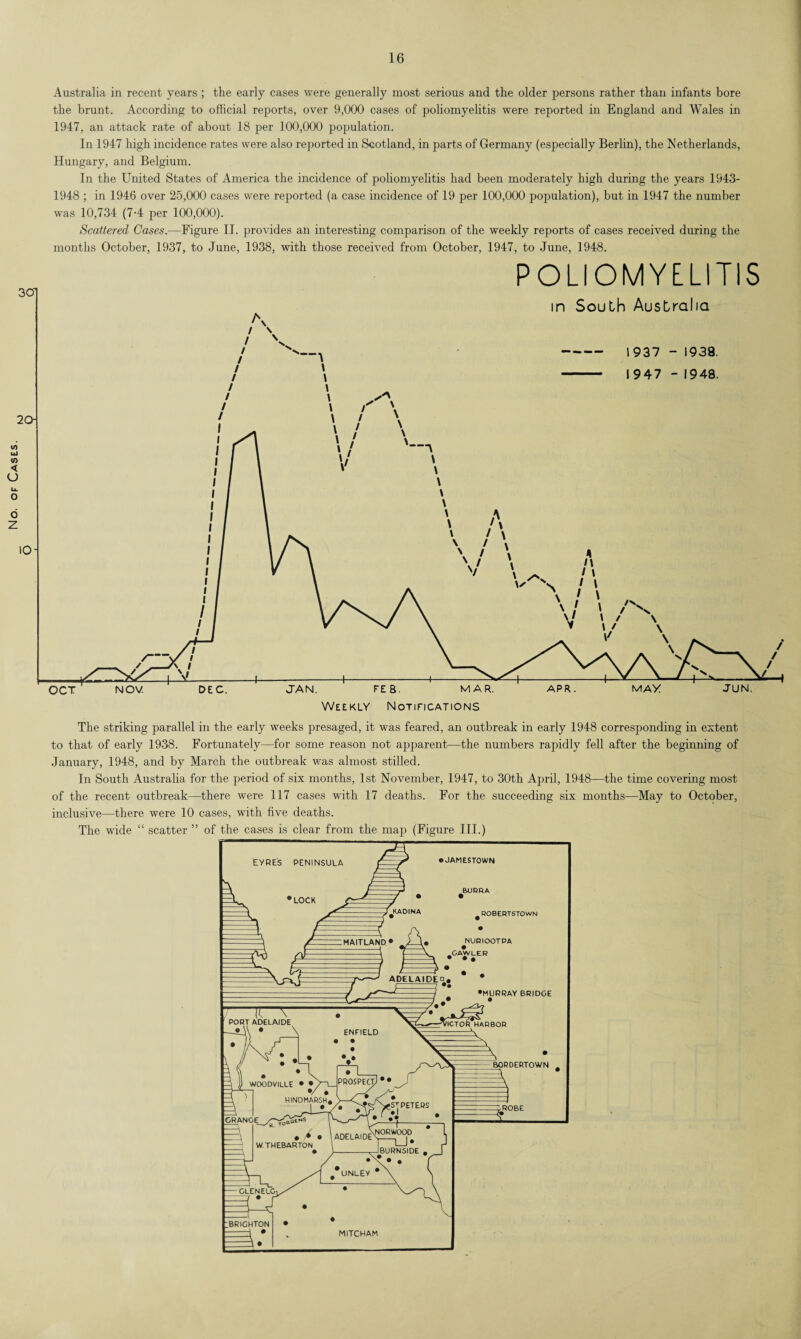 No. of Cases. Australia in recent years ; tlie early cases were generally most serious and the older persons rather than infants bore the brunt. According to official reports, over 9,000 cases of poliomyelitis were reported in England and Wales in 1947, an attack rate of about 18 per 100,000 population. In 1947 high incidence rates were also reported in Scotland, in parts of Germany (especially Berlin), the Netherlands, Hungary, and Belgium. In the United States of America the incidence of poliomyelitis had been moderately high during the years 1943- 1948 ; in 1946 over 25,000 cases were reported (a case incidence of 19 per 100,000 population), but in 1947 the number was 10,734 (7-4 per 100,000). Scattered Cases.—Figure II. provides an interesting comparison of the weekly reports of cases received during the months October, 1937, to June, 1938, with those received from October, 1947, to June, 1948. POLIOMYELITIS The striking parallel in the early weeks presaged, it was feared, an outbreak in early 1948 corresponding in extent to that of early 1938. Fortunately—for some reason not apparent—the numbers rapidly fell after the beginning of January, 1948, and by March the outbreak was almost stilled. In South Australia for the period of six months, 1st November, 1947, to 30th April, 1948—the time covering most of the recent outbreak—there were 117 cases with 17 deaths. For the succeeding six months—May to October, inclusive—there were 10 cases, with five deaths. The wide “ scatter ” of the cases is clear from the map (Figure III.)