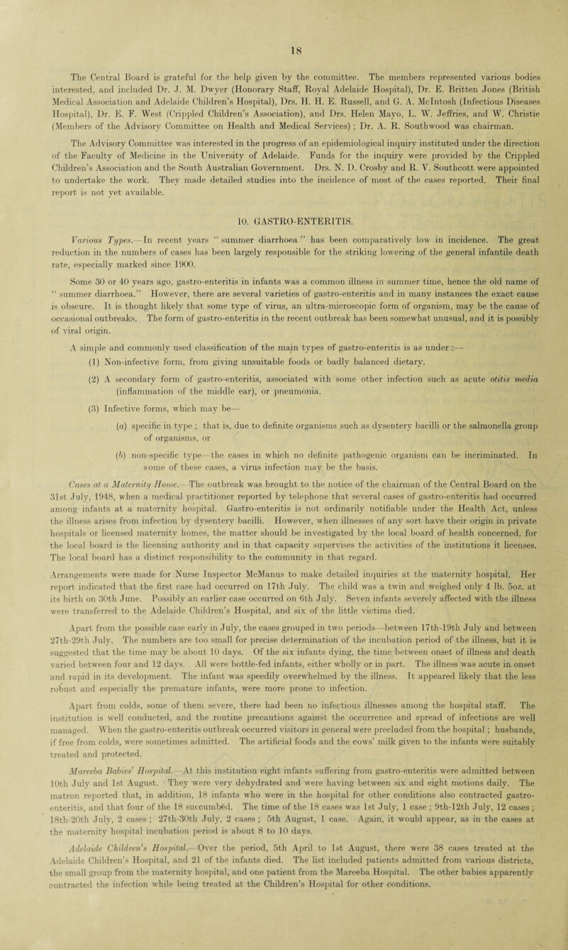 The Central Board is grateful for the help given by the committee. The members represented various bodies interested, and included Dr. J. M. Dwyer (Honorary Staff, Royal Adelaide Hospital), Dr. E. Britten Jones (British Medical Association and Adelaide Children’s Hospital), Drs. H. H. E. Russell, and G. A. McIntosh (Infectious Diseases Hospital), Dr. E. F. West (Crippled Children’s Association), and Drs. Helen Mayo, L. W. Jeffries, and W. Christie (Members of the Advisory Committee on Health and Medical Services) ; Dr. A. R. Southwood was chairman. The Advisory Committee was interested in the progress of an epidemiological inquiry instituted under the direction of the Faculty of Medicine in the University of Adelaide. Funds for the inquiry were provided by the Crippled Children’s Association and the South Australian Government. Drs. N. D. Crosby and R. V. Southcott were appointed to undertake the work. They made detailed studies into the incidence of most of the cases reported. Their final report is not yet available. 10. GASTRO-ENTERITIS. Various Types.—In recent years “ summer diarrhoea ” has been comparatively low in incidence. The great reduction in the numbers of cases has been largely responsible for the striking lowering of the general infantile death rate, especially marked since 1900. Some 30 or 40 years ago, gastro-enteritis in infants was a common illness in summer time, hence the old name of “ summer diarrhoea.” However, there are several varieties of gastro-enteritis and in many instances the exact cause is obscure. It is thought likely that some type of virus, an ultra-microscopic form of organism, may be the cause of occasional outbreaks. The form of gastro-enteritis in the recent outbreak has been somewhat unusual, and it is possibly of viral origin. A simple and commonly used classification of the main types of gastro-enteritis is as under :— (1) Non-infective form, from giving unsuitable foods or badly balanced dietary. (2) A secondary form of gastro-enteritis, associated with some other infection such as acute otitis media (inflammation of the middle ear), or pneumonia. (3) Infective forms, which may be— (a) specific in type ; that is, due to definite organisms such as dysentery bacilli or the salmonella group of organisms, or (b) non-specific type—the cases in which no definite pathogenic organism can be incriminated. In some of these cases, a virus infection may be the basis. Cases at a Maternity Home.— The outbreak was brought to the notice of the chairman of the Central Board on the 31st July, 1948, when a medical practitioner reported by telephone that several cases of gastro-enteritis had occurred among infants at a maternity hospital. Gastro-enteritis is not ordinarily notifiable under the Health Act, unless the illness arises from infection by dysentery bacilli. However, when illnesses of any sort have their origin in private hospitals or licensed maternity homes, the matter should be investigated by the local board of health concerned, for the local board is the licensing authority and in that capacity supervises the activities of the institutions it licenses. The local board has a distinct responsibility to the community in that regard. Arrangements were made for Nurse Inspector McManus to make detailed inquiries at the maternity hospital. Her report indicated that the first case had occurred on 17th July. The child was a twin and weighed only 4 lb. 5oz. at its birth on 30th June. Possibly an earlier case occurred on 6th July. Seven infants severely affected with the illness were transferred to the Adelaide Children’s Hospital, and six of the little victims died. Apart from the possible case early in July, the cases grouped in two periods—between 17th-19th July and between 27th-29th July. The numbers are too small for precise determination of the incubation period of the illness, but it is suggested that the time may be about 10 days. Of the six infants dying, the time between onset of illness and death varied between four and 12 days. All were bottle-fed infants, either wholly or in part. The illness was acute in onset and rapid in its development. The infant was speedily overwhelmed by the illness. It appeared likely that the less robust and especially the premature infants, were more prone to infection. Apart from colds, some of them severe, there had been no infectious illnesses among the hospital staff. The institution is well conducted, and the routine precautions against the occurrence and spread of infections are well managed. When the gastro-enteritis outbreak occurred visitors in general were precluded from the hospital ; husbands, if free from colds, were sometimes admitted. The artificial foods and the cows’ milk given to the infants were suitably treated and protected. Mareeba Babies' Hospital.—At this institution eight infants suffering from gastro-enteritis were admitted between 10th July and 1st August. They were very dehydrated and were having between six and eight motions daily. The matron reported that, in addition, 18 infants who were in the hospital for other conditions also contracted gastro¬ enteritis, and that four of the 18 succumbbd. The time of the 18 cases was 1st July, 1 case ; 9th-12th July, 12 cases ; 18th-20th July, 2 cases ; 27th-30th July, 2 cases ; 5th August, 1 case. Again, it would appear, as in the cases at the maternity hospital incubation period is about 8 to 10 days. Adelaide Children’s Hospital.—Over the period, 5th April to 1st August, there were 38 cases treated at the Adelaide Children’s Hospital, and 21 of the infants died. The list included patients admitted from various districts, the small group from the maternity hospital, and one patient from the Mareeba Hospital. The other babies apparently contracted the infection while being treated at the Children’s Hospital for other conditions.