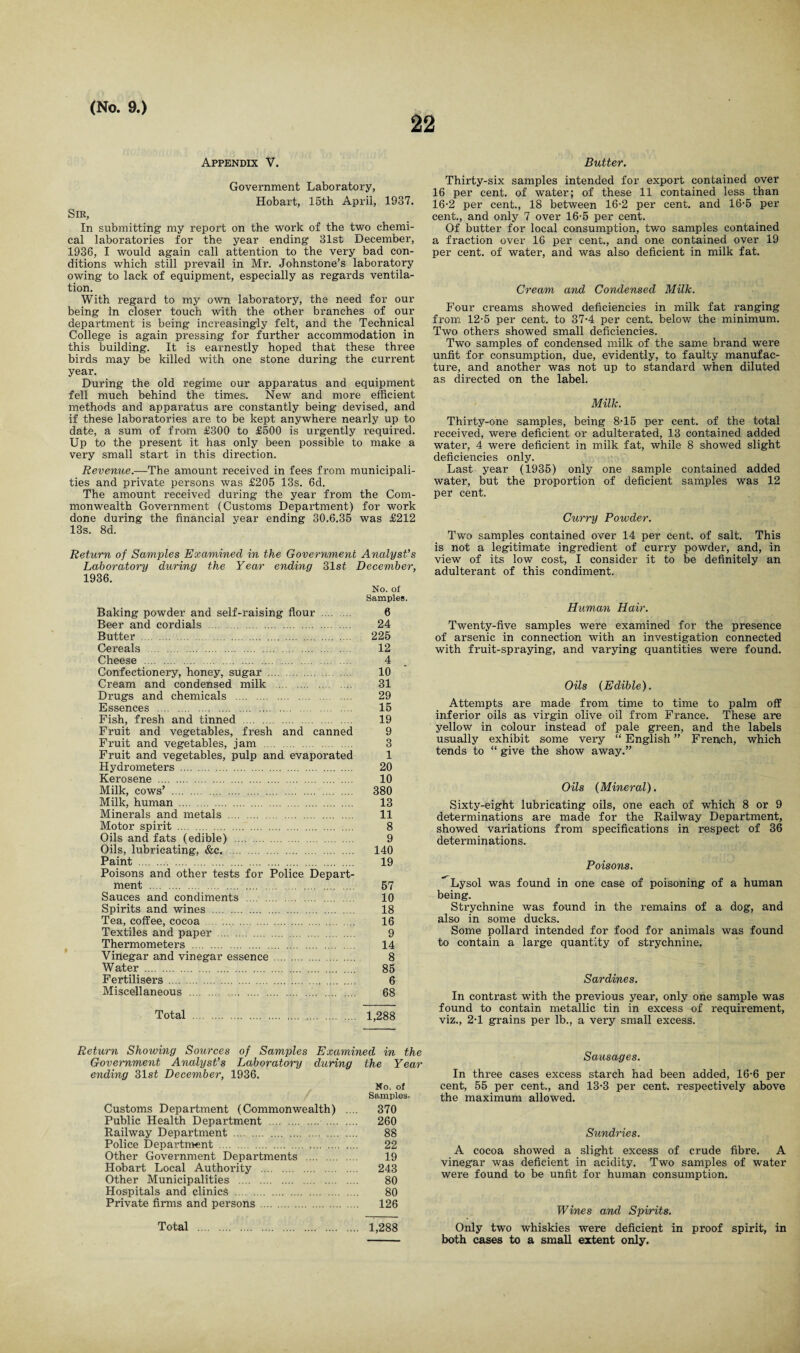 22 Appendix V. Government Laboratory, Hobart, 15th April, 1937. Sir, In submitting my report on the work of the two chemi¬ cal laboratories for the year ending 31st December, 1936, I would again call attention to the very bad con¬ ditions which still prevail in Mr. Johnstone’s laboratory owing to lack of equipment, especially as regards ventila¬ tion. With regard to my own laboratory, the need for our being in closer touch with the other branches of our department is being increasingly felt, and the Technical College is again pressing for further accommodation in this building. It is earnestly hoped that these three birds may be killed with one stone during the current year. During the old regime our apparatus and equipment fell much behind the times. New and more efficient methods and apparatus are constantly being devised, and if these laboratories are to be kept anywhere nearly up to date, a sum of from £300 to £500 is urgently required. Up to the present it has only been possible to make a very small start in this direction. Revenue.—The amount received in fees from municipali¬ ties and private persons was £205 13s. 6d. The amount received during the year from the Com¬ monwealth Government (Customs Department) for work done during the financial year ending 30.6.35 was £212 13s. 8d. Return of Samples Examined in the Government Analyst’s Laboratory during the Year ending 31st December, 1936. No. of Samples. Baking powder and self-raising flour . 6 Beer and cordials . 24 Butter . 225 Cereals . 12 Cheese . 4 Confectionery, honey, sugar . 10 Cream and condensed milk . 31 Drugs and chemicals . 29 Essences . 15 Fish, fresh and tinned . 19 Fruit and vegetables, fresh and canned 9 Fruit and vegetables, jam . 3 Fruit and vegetables, pulp and evaporated 1 Hydrometers . 20 Kerosene . 10 Milk, cows’ . 380 Milk, human . 13 Minerals and metals . 11 Motor spirit . 8 Oils and fats (edible) . 9 Oils, lubricating, &c. . 140 Paint . 19 Poisons and other tests for Police Depart¬ ment . 57 Sauces and condiments . 10 Spirits and wines . 18 Tea, coffee, cocoa . 16 Textiles and paper . 9 Thermometers . 14 Vinegar and vinegar essence . 8 Water . 85 Fertilisers . 6 Miscellaneous . 68 Total . 1,288 Return Showing Sources of Samples Examined in the Government Analyst’s Laboratory during the Year ending 31 st December, 1936. No. of Samples- Customs Department (Commonwealth) .... 370 Public Health Department . 260 Railway Department . 88 Police Department . 22 Other Government Departments . 19 Hobart Local Authority . 243 Other Municipalities . 80 Hospitals and clinics . 80 Private firms and persons. 126 Total . 1,288 Butter. Thirty-six samples intended for export contained over 16 per cent, of water; of these 11 contained less than 16-2 per cent., 18 between 16-2 per cent, and 16-5 per cent., and only 7 over 16-5 per cent. Of butter for local consumption, two samples contained a fraction over 16 per cent., and one contained over 19 per cent, of water, and was also deficient in milk fat. Cream and Condensed Milk. Four creams showed deficiencies in milk fat ranging from 12-5 per cent, to 37-4 per cent, below the minimum. Two others showed small deficiencies. Two samples of condensed milk of the same brand were unfit for consumption, due, evidently, to faulty manufac¬ ture, and another was not up to standard when diluted as directed on the label. Milk. Thirty-one samples, being 8T5 per cent, of the total received, were deficient or adulterated, 13 contained added water, 4 were deficient in milk fat, while 8 showed slight deficiencies only. Last year (1935) only one sample contained added water, but the proportion of deficient samples was 12 per cent. Curry Powder. Two samples contained over 14 per cent, of salt. This is not a legitimate ingredient of curry powder, and, in view of its low cost, I consider it to be definitely an adulterant of this condiment. Human Hair. Twenty-five samples were examined for the presence of arsenic in connection with an investigation connected with fruit-spraying, and varying quantities were found. Oils (Edible). Attempts are made from time to time to palm off inferior oils as virgin olive oil from France. These are yellow in colour instead of pale green, and the labels usually exhibit some very “ English ” French, which tends to “ give the show away.” Oils (Mineral). Sixty-eight lubricating oils, one each of which 8 or 9 determinations are made for the Railway Department, showed variations from specifications in respect of 36 determinations. Poisons. ^Lysol was found in one case of poisoning of a human being. Strychnine was found in the remains of a dog, and also in some ducks. Some pollard intended for food for animals was found to contain a large quantity of strychnine. Sardines. In contrast with the previous year, only one sample was found to contain metallic tin in excess of requirement, viz., 2T grains per lb., a very small excess. Sausages. In three cases excess starch had been added, 16-6 per cent, 55 per cent., and 13-3 per cent, respectively above the maximum allowed. Sundries. A cocoa showed a slight excess of crude fibre. A vinegar was deficient in acidity. Two samples of water were found to be unfit for human consumption. Wines and Spirits. Only two whiskies were deficient in proof spirit, in both cases to a small extent only.