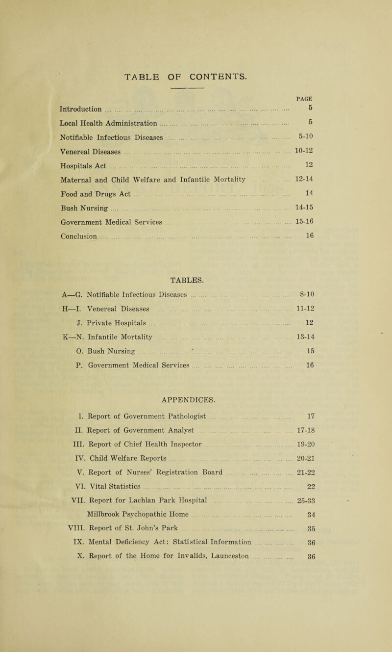 TABLE OF CONTENTS. PAGE Introduction . 5 Local Health Administration. 5 Notifiable Infectious Diseases . 5-10 Venereal Diseases. 10-12 Hospitals Act. 12 Maternal and Child Welfare and Infantile Mortality 12-14 Food and Drugs Act . 14 Bush Nursing. 14-15 Government Medical Services 15-16 Conclusion . 16 TABLES. A—G. Notifiable Infectious Diseases . 8-10 H—I. Venereal Diseases . 11-12 J. Private Hospitals . 12 K—N. Infantile Mortality . 13-14 O. Bush Nursing . *. 15 P. Government Medical Services. 16 APPENDICES. I. Report of Government Pathologist . 17 II. Report of Government Analyst . 17-18 III. Report of Chief Health Inspector. 19-20 IV. Child Welfare Reports . 20-21 V. Report of Nurses’ Registration Board . 21-22 VI. Vital Statistics . 22 VII. Report for Lachlan Park Hospital 25-33 Millbrook Psychopathic Home . 34 VIII. Report of St. John’s Park. 35 IX. Mental Deficiency Act: Statistical Information . 36
