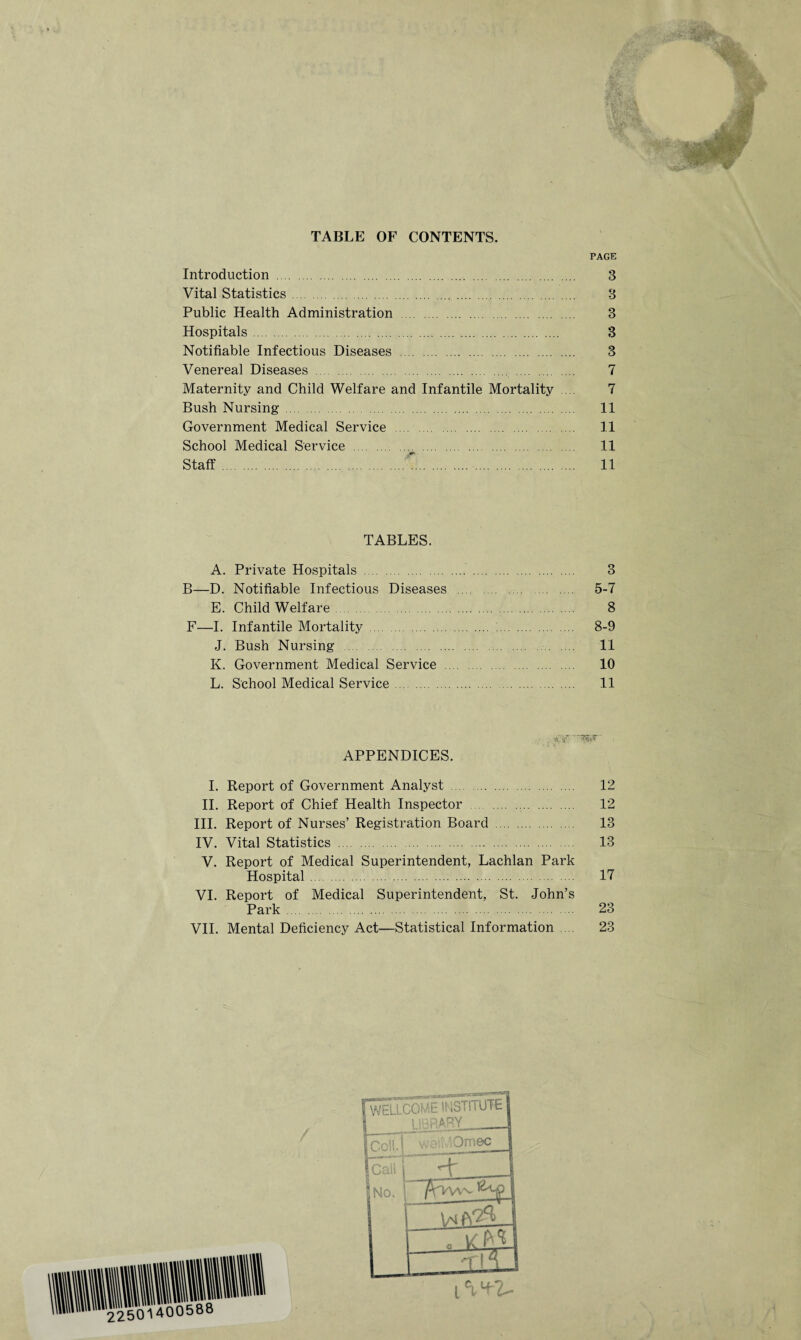 TABLE OF CONTENTS. PAGE Introduction . 3 Vital Statistics. 3 Public Health Administration . 3 Hospitals. 3 Notifiable Infectious Diseases . 3 Venereal Diseases . 7 Maternity and Child Welfare and Infantile Mortality 7 Bush Nursing . 11 Government Medical Service . 11 School Medical Service .^ . 11 Staff.. 11 TABLES. A. Private Hospitals . 3 B—D. Notifiable Infectious Diseases . 5-7 E. Child Welfare. 8 F—I. Infantile Mortality . 8-9 J. Bush Nursing . 11 K. Government Medical Service . 10 L. School Medical Service. 11 APPENDICES. I. Report of Government Analyst . 12 II. Report of Chief Health Inspector . 12 III. Report of Nurses’ Registration Board . 13 IV. Vital Statistics . 13 V. Report of Medical Superintendent, Lachlan Park Hospital. 17 VI. Report of Medical Superintendent, St. John’s Park . 23 VII. Mental Deficiency Act—Statistical Information 23 / rwEiTca ^pTstItuteI 1 LIBRARY,_1 ICoiT! wc*-- .Omec_J icaii 1 Ino. j J /Vvw- 1 1 i 1 \/'GY2<:Li . kMJ