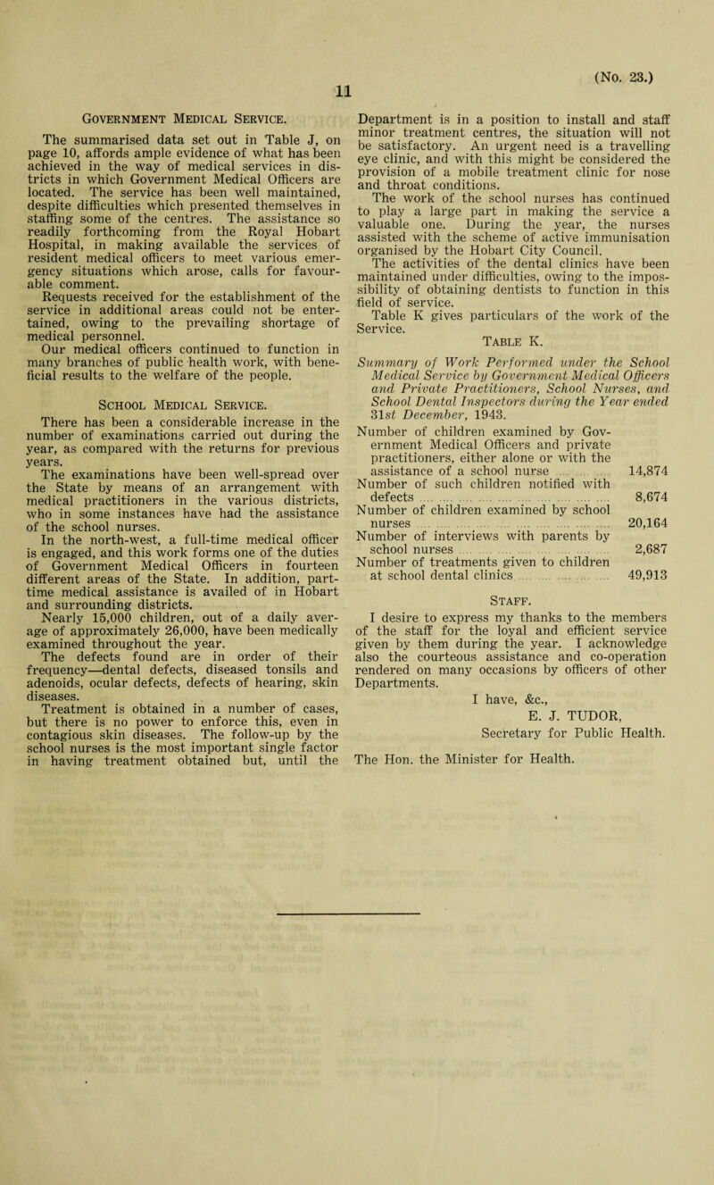 Government Medical Service. The summarised data set out in Table J, on page 10, affords ample evidence of what has been achieved in the way of medical services in dis¬ tricts in which Government Medical Officers are located. The service has been well maintained, despite difficulties which presented themselves in staffing some of the centres. The assistance so readily forthcoming from the Royal Hobart Hospital, in making available the services of resident medical officers to meet various emer¬ gency situations which arose, calls for favour¬ able comment. Requests received for the establishment of the service in additional areas could not be enter¬ tained, owing to the prevailing shortage of medical personnel. Our medical officers continued to function in many branches of public health work, with bene¬ ficial results to the welfare of the people. School Medical Service. There has been a considerable increase in the number of examinations carried out during the year, as compared with the returns for previous years. The examinations have been well-spread over the State by means of an arrangement with medical practitioners in the various districts, who in some instances have had the assistance of the school nurses. In the north-west, a full-time medical officer is engaged, and this work forms one of the duties of Government Medical Officers in fourteen different areas of the State. In addition, part- time medical assistance is availed of in Hobart and surrounding districts. Nearly 15,000 children, out of a daily aver¬ age of approximately 26,000, have been medically examined throughout the year. The defects found are in order of their frequency—dental defects, diseased tonsils and adenoids, ocular defects, defects of hearing, skin diseases. Treatment is obtained in a number of cases, but there is no power to enforce this, even in contagious skin diseases. The follow-up by the school nurses is the most important single factor in having treatment obtained but, until the Department is in a position to install and staff minor treatment centres, the situation will not be satisfactory. An urgent need is a travelling eye clinic, and with this might be considered the provision of a mobile treatment clinic for nose and throat conditions. The work of the school nurses has continued to play a large part in making the service a valuable one. During the year, the nurses assisted with the scheme of active immunisation organised by the Hobart City Council. The activities of the dental clinics have been maintained under difficulties, owing to the impos¬ sibility of obtaining dentists to function in this -field of service. Table K gives particulars of the work of the Service. Table K. Summary of Work Performed under the School Medical Service by Government Medical Officers and Private Practitioners, School Nurses, and School Dental Inspectors during the Year ended 31s£ December, 1943. Number of children examined by Gov¬ ernment Medical Officers and private practitioners, either alone or with the assistance of a school nurse . 14,874 Number of such children notified with defects . 8,674 Number of children examined by school nurses . 20,164 Number of interviews with parents by school nurses . 2,687 Number of treatments given to children at school dental clinics . 49,913 Staff. I desire to express my thanks to the members of the staff for the loyal and efficient service given by them during the year. I acknowledge also the courteous assistance and co-operation rendered on many occasions by officers of other Departments. I have, &c., E. J. TUDOR, Secretary for Public Health. The Hon. the Minister for Health.