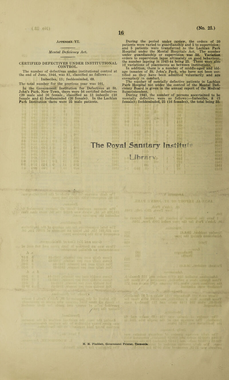 JL 16 (No. 23.) Appendix VI. Mental Deficiency Act. CERTIFIED DEFECTIVES UNDER INSTITUTIONAL CONTROL. The number of defectives under institutional control at the end of June, 1944, was 81, classified as follows:— Imbeciles, 13; feebleminded, 68. The total number for the previous year was 101. In the Government Institution for Defectives at St. John’s Park, New Town, there were 56 certified defectives (20 male and 36 female, classified as 13 imbecile (10 female and 43 feebleminded (26 female). In the Lachlan Park Institution there were 25 male patients. During the period under review, the orders of 30 patients were varied to guardianship and 5 to supervision; and 5 patients were transferred to the Lachlan Park Hospital under the Mental Hospitals Act. The number under guardianship or supervision was 50. Variation orders to supervision lapse ultimately on good behaviour, the number lapsing in 1943-44 being 25. There were also 10 variations of placements as between institutions. In addition, there is a number of middle-aged and old- age inmates of St. John’s Park, who have not been cer¬ tified as they have been admitted voluntarily and are exemplary in conduct. The number of mentally defective patients in Lachlan Park Hospital not under the control of the Mental Defi¬ ciency Board is given in the annual report of the Medical Superintendent. During 1943, the number of persons ascertained to be mentally defective were as follows:—Imbeciles, 8 (3 female); feebleminded, 25 (16 females), the total being 33. The Royal Sanitary Institi.U'-c Libra rv.. i % I a; , n ! ioi; I ':': :.. j' ‘ i m: j r.. j W ; J Dy i it V» » V ) 1 ‘ * | IJ w|' if* ! .. ' • t i i  I I H. H. Pimblett, Government Printer, Tasmania.