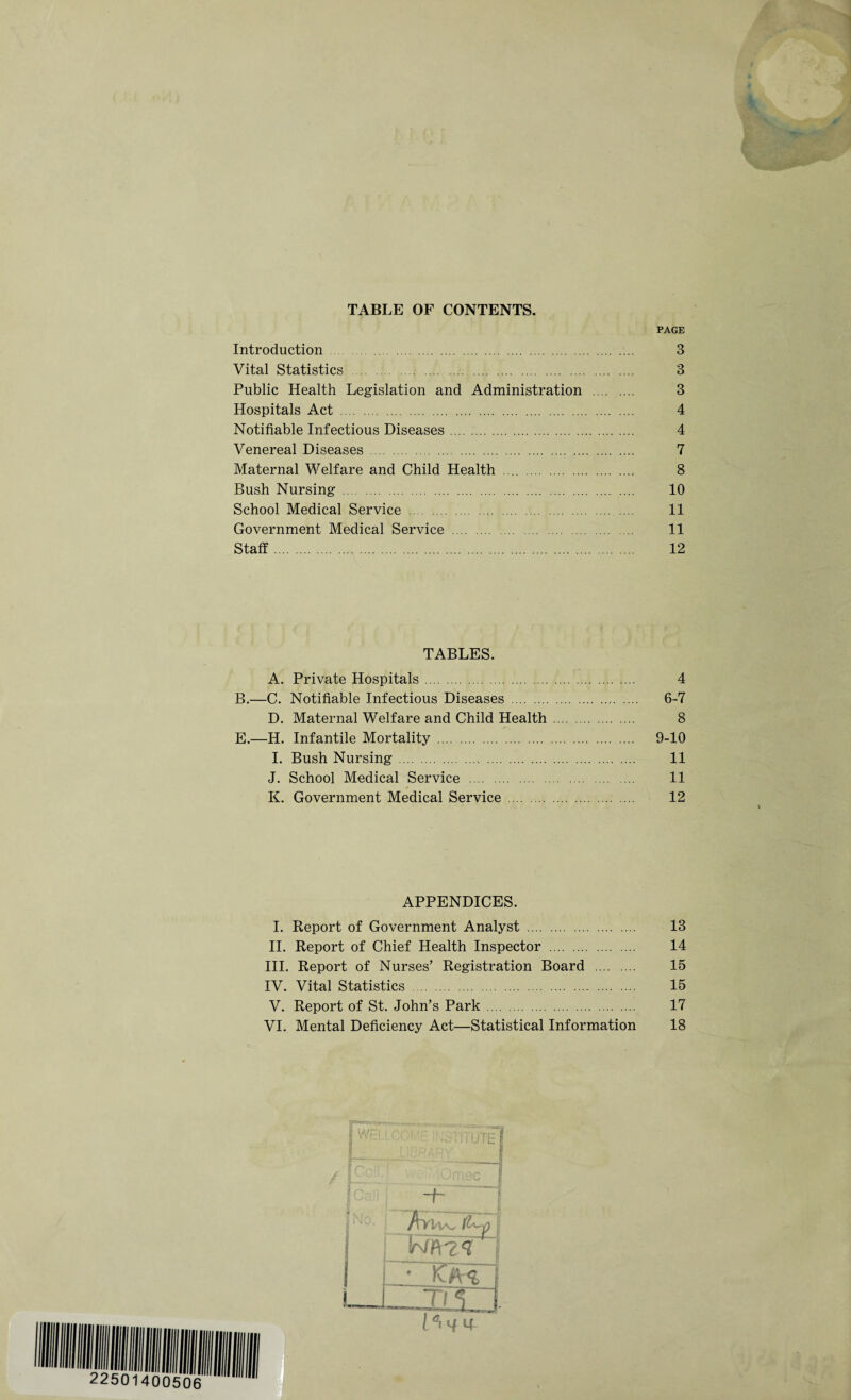 TABLE OF CONTENTS. PAGE Introduction . 3 Vital Statistics . 3 Public Health Legislation and Administration . 3 Hospitals Act . 4 Notifiable Infectious Diseases. 4 Venereal Diseases . 7 Maternal Welfare and Child Health . 8 Bush Nursing . 10 School Medical Service . 11 Government Medical Service . 11 Staff. 12 TABLES. A. Private Hospitals. 4 B.—C. Notifiable Infectious Diseases . 6-7 D. Maternal Welfare and Child Health. 8 E.—H. Infantile Mortality. 9-10 I. Bush Nursing . 11 J. School Medical Service . 11 K. Government Medical Service . 12 APPENDICES. I. Report of Government Analyst . 13 II. Report of Chief Health Inspector . 14 III. Report of Nurses’ Registration Board . 15 IV. Vital Statistics . 15 V. Report of St. John’s Park . 17 VI. Mental Deficiency Act—Statistical Information 18 IE ~h ■ j { Rm I i •' f *—I—JIUJ. [<WM-