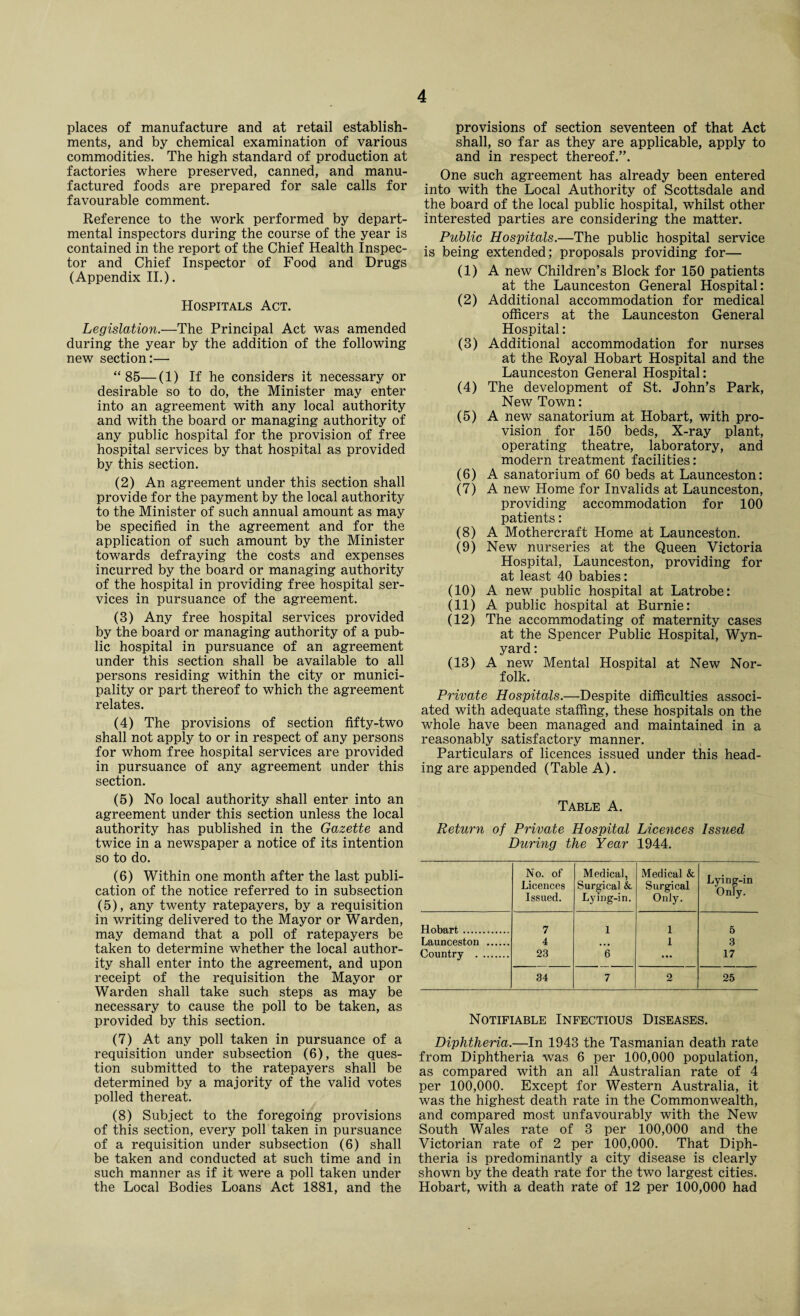 places of manufacture and at retail establish¬ ments, and by chemical examination of various commodities. The high standard of production at factories where preserved, canned, and manu¬ factured foods are prepared for sale calls for favourable comment. Reference to the work performed by depart¬ mental inspectors during the course of the year is contained in the report of the Chief Health Inspec¬ tor and Chief Inspector of Food and Drugs (Appendix II.). Hospitals Act. Legislation.—The Principal Act was amended during the year by the addition of the following new section:— “85—(1) If he considers it necessary or desirable so to do, the Minister may enter into an agreement with any local authority and with the board or managing authority of any public hospital for the provision of free hospital services by that hospital as provided by this section. (2) An agreement under this section shall provide for the payment by the local authority to the Minister of such annual amount as may be specified in the agreement and for the application of such amount by the Minister towards defraying the costs and expenses incurred by the board or managing authority of the hospital in providing free hospital ser¬ vices in pursuance of the agreement. (8) Any free hospital services provided by the board or managing authority of a pub¬ lic hospital in pursuance of an agreement under this section shall be available to all persons residing within the city or munici¬ pality or part thereof to which the agreement relates. (4) The provisions of section fifty-two shall not apply to or in respect of any persons for whom free hospital services are provided in pursuance of any agreement under this section. (5) No local authority shall enter into an agreement under this section unless the local authority has published in the Gazette and twice in a newspaper a notice of its intention so to do. (6) Within one month after the last publi¬ cation of the notice referred to in subsection (5), any twenty ratepayers, by a requisition in writing delivered to the Mayor or Warden, may demand that a poll of ratepayers be taken to determine whether the local author¬ ity shall enter into the agreement, and upon receipt of the requisition the Mayor or Warden shall take such steps as may be necessary to cause the poll to be taken, as provided by this section. (7) At any poll taken in pursuance of a requisition under subsection (6), the ques¬ tion submitted to the ratepayers shall be determined by a majority of the valid votes polled thereat. (8) Subject to the foregoing provisions of this section, every poll taken in pursuance of a requisition under subsection (6) shall be taken and conducted at such time and in such manner as if it were a poll taken under the Local Bodies Loans Act 1881, and the provisions of section seventeen of that Act shall, so far as they are applicable, apply to and in respect thereof.”. One such agreement has already been entered into with the Local Authority of Scottsdale and the board of the local public hospital, whilst other interested parties are considering the matter. Public Hospitals.—The public hospital service is being extended; proposals providing for— (1) A new Children’s Block for 150 patients at the Launceston General Hospital: (2) Additional accommodation for medical officers at the Launceston General Hospital: (3) Additional accommodation for nurses at the Royal Hobart Hospital and the Launceston General Hospital: (4) The development of St. John’s Park, New Town: (5) A new sanatorium at Hobart, with pro¬ vision for 150 beds, X-ray plant, operating theatre, laboratory, and modern treatment facilities: (6) A sanatorium of 60 beds at Launceston: (7) A new Home for Invalids at Launceston, providing accommodation for 100 patients: (8) A Mothercraft Home at Launceston. (9) New nurseries at the Queen Victoria Hospital, Launceston, providing for at least 40 babies: (10) A new public hospital at Latrobe: (11) A public hospital at Burnie: (12) The accommodating of maternity cases at the Spencer Public Hospital, Wyn- yard: (13) A new Mental Hospital at New Nor¬ folk. Private Hospitals.—Despite difficulties associ¬ ated with adequate staffing, these hospitals on the whole have been managed and maintained in a reasonably satisfactory manner. Particulars of licences issued under this head¬ ing are appended (Table A). Table A. Return of Private Hospital Licences Issued During the Year 1944. No. of Licences Issued. Medical, Surgical & Lying-in. Medical & Surgical Only. Lying-in Only. Hobart. 7 1 1 5 Launceston . 4 • • • 1 3 Country . 23 6 ... 17 34 7 2 25 Notifiable Infectious Diseases. Diphtheria.—In 1943 the Tasmanian death rate from Diphtheria was 6 per 100,000 population, as compared with an all Australian rate of 4 per 100,000. Except for Western Australia, it was the highest death rate in the Commonwealth, and compared most unfavourably with the New South Wales rate of 3 per 100,000 and the Victorian rate of 2 per 100,000. That Diph¬ theria is predominantly a city disease is clearly shown by the death rate for the two largest cities. Hobart, with a death rate of 12 per 100,000 had