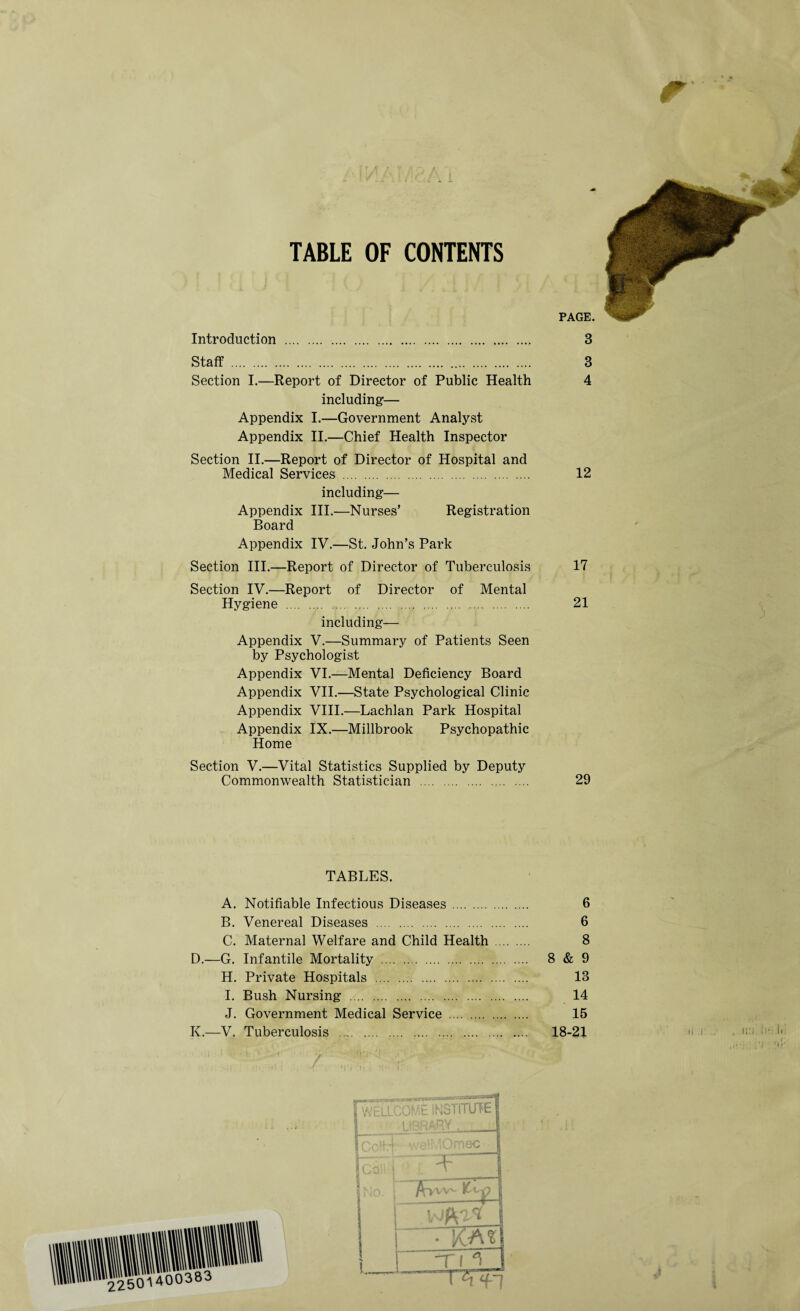 TABLE OF CONTENTS PAGE. Introduction . 3 Staff . 3 Section I.—Report of Director of Public Health 4 including— Appendix I.—Government Analyst Appendix II.—Chief Health Inspector Section II.—Report of Director of Hospital and Medical Services . 12 including— Appendix III.—Nurses’ Registration Board Appendix IV.—St. John’s Park Section III.—Report of Director of Tuberculosis 17 Section IV.—Report of Director of Mental Hygiene . 21 including— Appendix V.—Summary of Patients Seen by Psychologist Appendix VI.—Mental Deficiency Board Appendix VII.—State Psychological Clinic Appendix VIII.—Lachlan Park Hospital Appendix IX.—Millbrook Psychopathic Home Section V.—Vital Statistics Supplied by Deputy Commonwealth Statistician . 29 TABLES. A. Notifiable Infectious Diseases. 6 B. Venereal Diseases . 6 C. Maternal Welfare and Child Health . 8 D.—G. Infantile Mortality . 8 & 9 H. Private Hospitals . 13 I. Bush Nursing . 14 J. Government Medical Service . 15 K.—V. Tuberculosis . 18-21