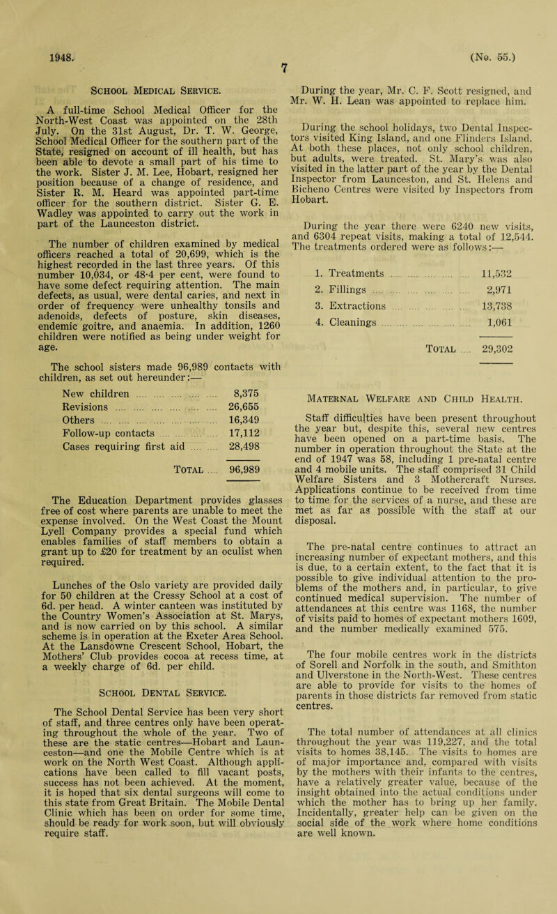 7 School Medical Service. A full-time School Medical Officer for the North-West Coast was appointed on the 28th July. On the 31st August, Dr. T. W. George, School Medical Officer for the southern part of the State, resigned on account of ill health, but has been able to devote a small part of his time to the work. Sister J. M. Lee, Hobart, resigned her position because of a change of residence, and Sister R. M. Heard was appointed part-time officer for the southern district. Sister G. E. Wadley was appointed to carry out the work in part of the Launceston district. The number of children examined by medical officers reached a total of 20,699, which is the highest recorded in the last three years. Of this number 10,034, or 48-4 per cent, were found to have some defect requiring attention. The main defects, as usual, were dental caries, and next in order of frequency were unhealthy tonsils and adenoids, defects of posture, skin diseases, endemic goitre, and anaemia. In addition, 1260 children were notified as being under weight for age. The school sisters made 96,989 contacts with children, as set out hereunder:— New children . 8,375 Revisions . 26,655 Others . 16,349 Follow-up contacts ... 17,112 Cases requiring first aid . 28,498 Total ... 96,989 The Education Department provides glasses free of cost where parents are unable to meet the expense involved. On the West Coast the Mount Lyell Company provides a special fund which enables families of staff members to obtain a grant up to £20 for treatment by an oculist when required. Lunches of the Oslo variety are provided daily for 50 children at the Cressy School at a cost of 6d. per head. A winter canteen was instituted by the Country Women’s Association at St. Marys, and is now carried on by this school. A similar scheme is in operation at the Exeter Area School. At the Lansdowne Crescent School, Hobart, the Mothers’ Club provides cocoa at recess time, at a weekly charge of 6d. per child. School Dental Service. The School Dental Service has been very short of staff, and three centres only have been operat¬ ing throughout the whole of the year. Two of these are the static centres—Hobart and Laun¬ ceston—and one the Mobile Centre which is at work on the North West Coast. Although appli¬ cations have been called to fill vacant posts, success has not been achieved. At the moment, it is hoped that six dental surgeons will come to this state from Great Britain. The Mobile Dental Clinic which has been on order for some time, should be ready for work soon, but will obviously require staff. During the year, Mr. C. F. Scott resigned, and Mr. W. H. Lean was appointed to replace him. During the school holidays, two Dental Inspec¬ tors visited King Island, and one Flinders Island. At both these places, not only school children, but adults, were treated. St. Mary’s was also visited in the latter part of the year by the Dental Inspector from Launceston, and St. Helens and Bicheno Centres were visited by Inspectors from Hobart. During the year there were 6240 new visits, and 6304 repeat visits, making a total of 12,544. The treatments ordered were as follows:— 1. Treatments . 11,532 2. Fillings . 2,971 3. Extractions . 13,738 4. Cleanings . 1,061 Total .... 29,302 Maternal Welfare and Child Health. Staff difficulties have been present throughout the year but, despite this, several new centres have been opened on a part-time basis. The number in operation throughout the State at the end of 1947 was 58, including 1 pre-natal centre and 4 mobile units. The staff comprised 31 Child Welfare Sisters and 3 Mothercraft Nurses. Applications continue to be received from time to time for the services of a nurse, and these are met as far as possible with the staff at our disposal. The pre-natal centre continues to attract an increasing number of expectant mothers, and this is due, to a certain extent, to the fact that it is possible to give individual attention to the pro¬ blems of the mothers and, in particular, to give continued medical supervision. The number of attendances at this centre was 1168, the number of visits paid to homes of expectant mothers 1609, and the number medically examined 575. The four mobile centres work in the districts of Sorell and Norfolk in the south, and Smithton and Ulverstone in the North-West. These centres are able to provide for visits to the homes of parents in those districts far removed from static centres. The total number of attendances at all clinics throughout the year was 119,227, and the total visits to homes 38,145. The visits to homes are of major importance and, compared with visits by the mothers with their infants to the centres, have a relatively greater value, because of the insight obtained into the actual conditions under which the mother has to bring up her family. Incidentally, greater help can be given on the social side of the work where home conditions are well known.