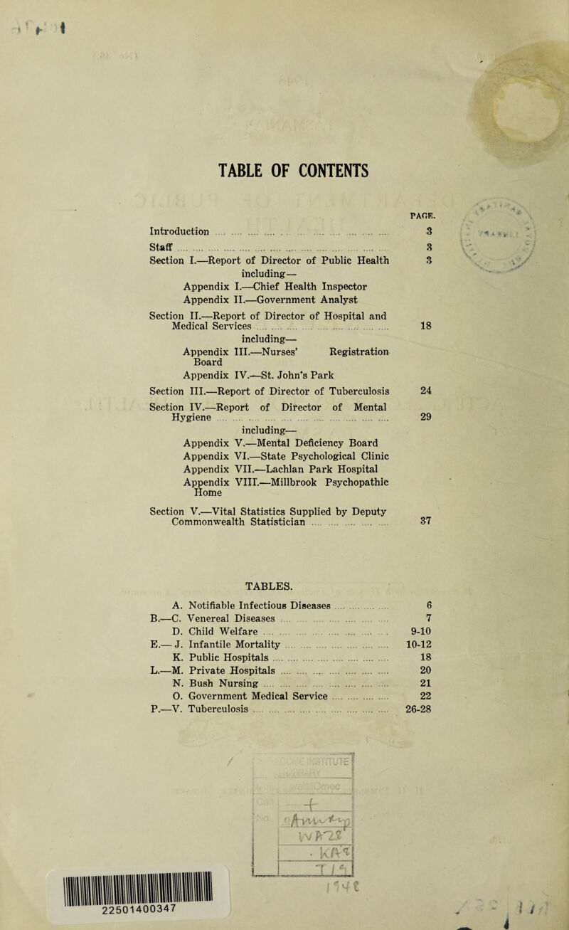 TABLE OF CONTENTS PAGE. Introduction .. .. 3 Staff ........... 3 Section I,—Report of Director of Public Health 3 including— Appendix I.—Chief Health Inspector Appendix II.—Government Analyst Section II.—Report of Director of Hospital and Medical Services .... 18 including— Appendix III.—Nurses’ Registration Board Appendix IV.—St. John’s Park Section III.—Report of Director of Tuberculosis 24 Section IV.—Report of Director of Mental Hygiene ... .. . 29 including— Appendix V.—Mental Deficiency Board Appendix VI.—State Psychological Clinic Appendix VII.—Lachlan Park Hospital Appendix VIIL—Millbrook Psychopathic Home Section V.—Vital Statistics Supplied by Deputy Commonwealth Statistician . 37 TABLES. A. Notifiable Infectious Diseases .... . 6 B.—C. Venereal Diseases .. 7 D. Child Welfare .. . . 9-10 E.— J. Infantile Mortality . 10-12 K. Public Hospitals ..... 18 L.—M. Private Hospitals . 20 N. Bush Nursing . 21 O. Government Medical Service . 22 P.—V. Tuberculosis . .... .. 26-28