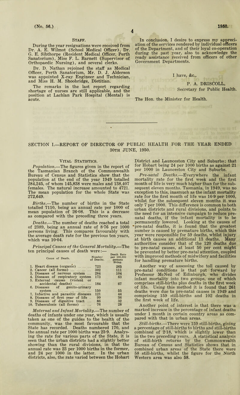 4 Staff. During the year resignations were received from Dr. A. E. Wilmot (School Medical Officer), Dr. G. E. Sibthorpe (Resident Medical Officer, Perth Sanatorium), Miss F. L. Barnett (Supervisor of Orthopaedic Nursing), and several clerks. Dr. D. Nathan rejoined the staff as Medical Officer, Perth Sanatorium, Mr. D. J. Alderson was appointed X-ray Engineer and Technician, and Miss H. M. Shoobridge, Dietitian. The remarks in the last report regarding shortage of nurses are still applicable, and the position at Lachlan Park Hospital (Mental) is acute. In conclusion, I desire to express my appreci¬ ation of the services rendered by individual officers of the Department, and of their loyal co-operation during the past year, also to acknowledge the ready assistance received from officers of other Government Departments. I have, &c., P. A. DRISCOLL, Secretary for Public Health. The Hon. the Minister for Health. SECTION I.—REPORT OF DIRECTOR OF PUBLIC HEALTH FOR THE YEAR ENDED 30th JUNE, 1950. Vital Statistics. Population.—The figures given in the report of the Tasmanian Branch of the Commonwealth Bureau of Census and Statistics show that the population at the end of the year 1949 totalled 284,245, of whom 145,838 were males and 138,407 females. The natural increase amounted to 4721. The mean population for the whole State was 272,649. Births.—The number of births in the State totalled 7110, being an annual rate per 1000 of mean population of 26*08. This is a decrease as compared with the preceding three years. Deaths.—The number of deaths reached a total of 2389, being an annual rate of 8*76 per 1000 persons living. This compares favourably with the average death rate for the previous ten years, which was 10*04. Principal Causes of the General Mortality.—The ten principal causes of death were:— Cause of Death. Death Rate Number per 100,000 of Deaths. persons living. 1. Heart disease (organic) . 723 265 2. Cancer (all forms) . 302 111 3. Diseases of nervous system .... 284 104 4. Diseases of respiratory system 173 63 5. External causes (violent or accidental deaths) . 184 67 6. Diseases of genito-urinary system . 150 55 7. Infective and parasitic diseases 121 44 8. Diseases of first year of life . 99 36 9. Diseases of digestive tract .... 86 32 10. Tuberculosis (all forms) . 76 28 Maternal and Infant Mortality.—The number of deaths of infants under one year, which is usually taken as one of the guides to the health of the community, was the most favourable that the State has recorded. Deaths numbered 170, and the annual rate per 1000 births was 23*9. Analys¬ ing the rate for various parts of the State, it is seen that the urban districts had a slightly better showing than the rural divisions, in that the annual rate was 23 per 1000 births in the former, and 24 per 1000 in the latter. In the urban District and Launceston City and Suburbs; that for Hobart being 24 per 1000 births as against 21 per 1000 in Launceston City and Suburbs. Pre-natal Deaths.—Everywhere the infant mortality rate for the first week and the first month of life is very much higher than for the sub¬ sequent eleven months. Tasmania, in 1949, was no exception to this, inasmuch as the infant mortality rate for the first month of life was 16*9 per 1000, whilst for the subsequent eleven months it was only 7 per 1000. This difference is common to both urban districts and rural divisions, and points to the need for an intensive campaign to reduce pre¬ natal deaths, if the infant mortality is to be permanently lowered. Looking at the causes of •pre-natal deaths, it is found that the greatest number is caused by premature births, which this year were responsible for 59 deaths, whilst injury at birth causes an additional 13 deaths. Many authorities consider that of the 120 deaths due to pre-natal causes, at least 50 per cent might be prevented by better pre-natal attention, coupled with improved methods of midwifery and facilities for handling premature births. Another way of assessing the toll caused by pre-natal conditions is that put forward by Professor McNeil of Edinburgh, who divides infant mortality into two groups, one of which comprises still-births plus deaths in the first week of life. Using this method it is found that 261 deaths were due to pre-natal causes in 1949 and comprising 159 still-births and 102 deaths in the first week of life. Another point of interest is that there was a marked increase in the percentage of infant deaths under 1 month in certain country areas as com¬ pared with that in urban areas. Still-births.—There were 159 still-births, giving a percentage of still-births to births and still-births combined of 2*18, which is slightly lower than in the two preceding years. A statistical analysis of still-birth returns by the Commonwealth Bureau of Census and Statistics shows that in combined urban areas of the State there were 58-still-births, whilst the figure for the North