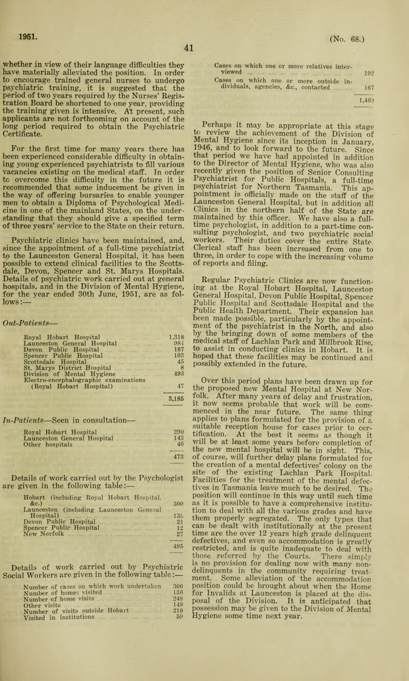 1951. 41 (No. 68.) whether in view of their language difficulties they have materially alleviated the position. In order to encourage trained general nurses to undergo psychiatric training, it is suggested that the period of two years required by the Nurses’ Regis¬ tration Board be shortened to one year, providing the training given is intensive. At present, such applicants are not forthcoming on account of the long period required to obtain the Psychiatric Certificate. For the first time for many years there has been experienced considerable difficulty in obtain¬ ing young experienced psychiatrists to fill various vacancies existing on the medical staff. In order tc overcome this difficulty in the future it is recommended that some inducement be given in the way of offering bursaries to enable younger men to obtain a Diploma of Psychological Medi¬ cine in one of the mainland States, on the under¬ standing that they should give a specified term of three years’ service to the State on their return. Psychiatric clinics have been maintained, and, since the appointment of a full-time psychiatrist to the Launceston General Hospital, it has been possible to extend clinical facilities to the Scotts¬ dale, Devon, Spencer and St. Marys Hospitals. Details of psychiatric work carried out at general hospitals, and in the Division of Mental Hygiene, for the year ended 30th June, 1951, are as fol¬ lows :— Out-Patients— Royal Hobart Hospital . 1,318 Launceston General Hospital . 984 Devon Public Hospital 187 Spencer Public Hospital . 103 Scottsdale Hospital 45 St. Marys District Hospital . 8 Division of Mental Hygiene . 493 Electro-encephalographic examinations (Royal Hobart Hospital) 47 3,185 In-Patients—Seen in consultation— Royal Hobart Hospital . 290 Launceston General Hospital . 143 Other hospitals . 40 473 Details of work carried out by the Psychologist are given in the following table:— Hobart (including Royal Hobart Hospital, &c.) . 300 Launceston (including Launceston General Hospital) . 135 Devon Public Hospital. 21 Spencer Public Hospital . 12 New Norfolk . 27 495 Details of work carried out by Psychiatric Social Workers are given in the following table:— Number of cases on which work undertaken 300 Number of homes visited 130 Number of home visits 248 Other visits . 148 Number of visits outside Hobart 219 Visited in institutions . 59 Cases on which one or more relatives inter¬ viewed . 192 Cases on which one or more outside in¬ dividuals, agencies, &c., contacted . 167 1,469 Perhaps it may be appropriate at this stage to review the achievement of the Division of Mental Hygiene since its inception in January, 1946, and to look forward to the future. Since that period we have had appointed in addition to the Director of Mental Hygiene, who was also recently given the position of Senior Consulting Psychiatrist for Public Hospitals, a full-time psychiatrist for Northern Tasmania. This ap¬ pointment is officially made on the staff of the Launceston General Hospital, but in addition all Clinics _ in the northern half of the State are maintained by this officer. We have also a full¬ time psychologist, in addition to a part-time con¬ sulting psychologist, and two psychiatric social workers. Their duties cover the entire State. Clerical staff has been increased from one to three, in order to cope with the increasing volume of reports and filing. Regular Psychiatric Clinics are now function¬ ing at the Royal Hobart Hospital, Launceston General Hospital, Devon Public Hospital, Spencer Public Hospital and Scottsdale Hospital and the Public Health Department. Their expansion has been made possible, particularly by the appoint¬ ment of the psychiatrist in the North, and also by the bringing down of some members of the medical staff of Lachlan Park and Millbrook Rise, to assist in conducting clinics in Hobart. It is hoped that these facilities may be continued and possibly extended in the future. Over this period plans have been drawn up for the proposed new Mental Hospital at New Nor¬ folk. After many years of delay and frustration, it now seems probable that work will be com¬ menced in the near future. The same thing applies to plans formulated for the provision of a suitable reception house for cases prior to cer¬ tification. At the best it seems as though it will be at least some years before completion of the new mental hospital will be in sight. This, of course, will further delay plans formulated for the creation of a mental defectives’ colony on the site of the existing Lachlan Park Hospital. Facilities for the treatment of the mental defec¬ tives in Tasmania leave much to be desired. The position wifi continue in this way until such time as it is possible to have a comprehensive institu¬ tion to deal with all the various grades and have them properly segregated. The only types that can be dealt with institutionally at the present time are the over 12 years high grade delinquent defectives, and even so accommodation is greatly restricted, and is quite inadequate to deal with those referred by the Courts. There simply is no provision for dealing now with many non- delinquents in the community requiring treat¬ ment. Some alleviation of the accommodation position could be brought about when the Home for Invalids at Launceston is placed at the dis¬ posal of the Division. It is anticipated that possession may be given to the Division of Mental Hygiene some time next year.