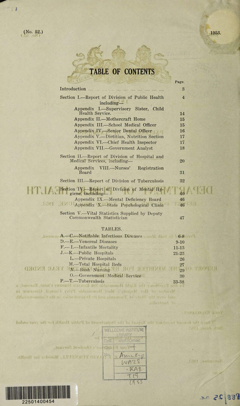 TABLE OF CONTENTS Page. Introduction . 3 Section I.—Report of Division of Public Health 4 including— Appendix I.—Supervisory Sister, Child Appendix II.—Mothercraft Home 15 Appendix III.—School Medical Officer 15 Appendix IV.—Senior Dental Officer 16 Appendix V.—Dietitian, Nutrition Section 17 Appendix VI.—Chief Health Inspector 17 Appendix VII.—Government Analyst 18 Section II.—Report of Division of Hospital and Medical Services, including— 20 Appendix VIII.—Nurses’ Registration Board 31 Section III.—Report of Division of Tuberculosis 32 Section IV.—Report of Division of Mental Hy¬ giene'; including— 40 Appendix IX.—Mental Deficiency Board 46 Appendix X.—State Psychological Clinic 46 Section V.—Vital Statistics Supplied by Deputy Commonwealth Statistician 47 TABLES. A.—C.—Notifiable Infectious Diseases 6-8 D.—E.—Venereal Diseases . 9-10 F.— I.—Infantile Mortality. 11-13 J.—K.—Public Hospitals. 21-23 L. —Private Hospitals 26 M. —Total Hospital Beds 27 N. —Bush Nursing 29 O. —Government Medical Service 30 P.—T.—Tuberculosis . 33-38 SWELL COPE iSSTiTUHEf LIBRARY ’ , | we ... roec § / . > (/V^7 £ 1 - KAS- TtV~