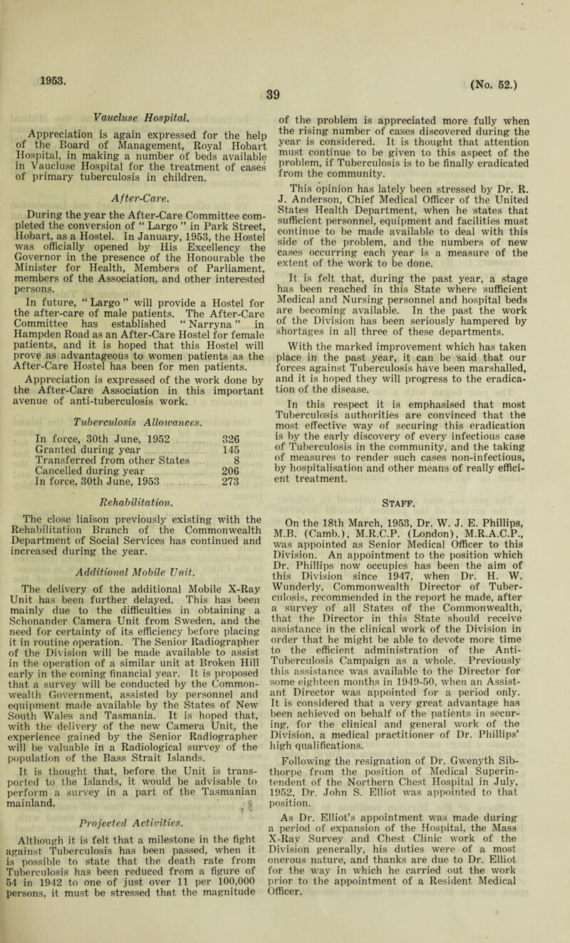 1953. 39 (No. 52.) Vaucluse Hospital. Appreciation is again expressed for the help of the Board of Management, Royal Hobart Hospital, in making a number of beds available in Vaucluse Hospital for the treatment of cases of primary tuberculosis in children. After-Care. During the year the After-Care Committee com¬ pleted the conversion of “ Largo ” in Park Street, Hobart, as a Hostel. In January, 1953, the Hostel was officially opened by His Excellency the Governor in the presence of the Honourable the Minister for Health, Members of Parliament, members of the Association, and other interested persons. In future, “ Largo ” will provide a Hostel for the after-care of male patients. The After-Care Committee has established “ Narryna ” in Hampden Road as an After-Care Hostel for female patients, and it is hoped that this Hostel will prove as advantageous to women patients as the After-Care Hostel has been for men patients. Appreciation is expressed of the work done by the After-Care Association in this important avenue of anti-tuberculosis work. Tuberculosis Allowances. In force, 30th June, 1952 . 326 Granted during year . 145 Transferred from other States .. . 8 Cancelled during year. 206 In force, 30th June, 1953 . 273 Rehabilitation. The close liaison previously existing with the Rehabilitation Branch of the Commonwealth Department of Social Services has continued and increased during the year. Additional Mobile Unit. The delivery of the additional Mobile X-Ray Unit has been further delayed. This has been mainly due to the difficulties in obtaining a Schonander Camera Unit from Sweden, and the need for certainty of its efficiency before placing it in routine operation. The Senior Radiographer of the Division will be made available to assist in the operation of a similar unit at Broken Hill early in the coming financial year. It is proposed that a survey will be conducted by the Common¬ wealth Government, assisted by personnel and equipment made available by the States of New South Wale's and Tasmania. It is hoped that, with the delivery of the new Camera Unit, the experience gained by the Senior Radiographer will be valuable in a Radiological survey of the population of the Bass Strait Islands. It is thought that, before the Unit is trans¬ ported to the Islands, it would be advisable to perform a survey in a part of the Tasmanian mainland. ■y, -> Projected Activities. Although it is felt that a milestone in the fight against Tuberculosis has been passed, when it is possible to state that the death rate from Tuberculosis has been reduced from a figure of 54 in 1942 to one of just over 11 per 100,000 persons, it must be stressed that the magnitude of the problem is appreciated more fully when the rising number of cases discovered during the year is considered. It is thought that attention must continue to be given to this aspect of the problem, if Tuberculosis is to be finally eradicated from the community. This opinion has lately been stressed by Dr. R. J. Anderson, Chief Medical Officer of the United States Health Department, when he states that sufficient personnel, equipment and facilities must continue to be made available to deal with this side of the problem, and the numbers of new cases occurring each year is a measure of the extent of the work to be done. It is felt that, during the past year, a stage has been reached in this State where sufficient Medical and Nursing personnel and hospital beds are becoming available. In the past the work of the Division has been seriously hampered by shortages in all three of these departments. With the marked improvement which has taken place in the past year, it can be 'said that our forces against Tuberculosis have been marshalled, and it is hoped they will progress to the eradica¬ tion of the disease. In this respect it is emphasised that most Tuberculosis authorities are convinced that the most effective way of securing this eradication is by the early discovery of every infectious case of Tuberculosis in the community, and the taking of measures to render such cases non-infectious, by hospitalisation and other means of really effici¬ ent treatment. Staff. On the 18th March, 1953, Dr. W. J. E. Phillips, M.B. (Camb.), M.R.C.P. (London), M.R.A.C.P., was appointed as Senior Medical Officer to this Division. An appointment to the position which Dr. Phillips now occupies has been the aim of this Division since 1947, when Dr. H. W. Wunderly, Commonwealth Director of Tuber¬ culosis, recommended in the report he made, after a survey of all States of the Commonwealth, that the Director in this State should receive assistance in the clinical work of the Division in order that he might be able to devote more time to the efficient administration of the Anti- Tuberculosis Campaign as a whole. Previously this assistance was available to the Director for some eighteen months in 1949-50, when an Assist¬ ant Director was appointed for a period only. It is considered that a very great advantage has been achieved on behalf of the patients in secur¬ ing, for the clinical and general work of the Division, a medical practitioner of Dr. Phillips’ high qualifications. Following the resignation of Dr. Gwenyth Sib- thorpe from the position of Medical Superin¬ tendent of the Northern Chest Hospital in July, 1952, Dr. John S. Elliot was appointed to that position. As Dr. Elliot’s appointment was made during a period of expansion of the Hospital, the Mass X-Ray Survey and Chest Clinic work of the Division generally, his duties were of a most onerous nature, and thanks are due to Dr. Elliot for the way in which he carried out the work prior to the appointment of a Resident Medical Officer.