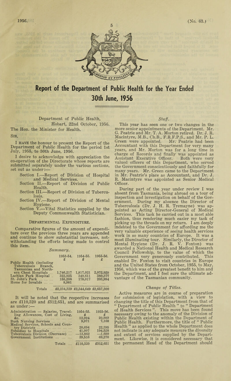 5 Report of the Department of Public Health for the Year Ended 30th June, 1956 Department of Public Health, Hobart, 22nd October, 1956. The Hon. the Minister for Health. Sir, I have the honour to present the Report of the Department of Public Health for the period 1st July, 1955, to 30th June, 1956. I desire to acknowledge with appreciation the co-operation of the Directorate whose reports are submitted separately under the various sections, set out as under:— Section I.—Report of Division of Hospital and Medical Services. Section II.—Report of Division of Public Health. Section III.—Report of Division of Tubercu¬ losis. Section IV.—Report of Division of Mental Hygiene. Section V.—Vital Statistics supplied by the Deputy Commonwealth Statistician. Departmental Expenditure. Comparative figures of the amount of expendi¬ ture over the previous three years are appended and continue to show substantial increases, not¬ withstanding the efforts being made to control this item. Summary. 1953-54. 1954-55. 1955-56. Public Health (including Tuberculosis Branch, Tasmanian and North- £ £ £ era Chest Hospitals .. 1,746,217 1,817,021 2,072,929 Lachlan Park Hospital . 323,9.25 349,611 380,377 St. John’s Park 155,206 178,017 203,994 Home for Invalids . 8,981 Totals .... £2,234,32,9 £2,344,649 £2,657,300 It will be noted that the respective increases are £110,320 and £312,651, and are summarised as under:— Administration — Salaries, Travel- 1954-55. 1955-56. ling Allowances, Cost of Living, £ £ &c. . 12,994 20,989 Bush Nursing Services . 9,971 7,168 Medical Services, Schools and Coun¬ try Districts . 20,694 22,395 Subsidies to Hospitals .... . 41,007 194,528 Tuberculosis Division (Decrease) ... —13,862 —4,699 Government Institutions . 39,516 69,270 Totals .... £110,320 £312,651 Staff. This year has seen one or two changes in the more senior appointments of the Department. Mr. G. Peatrie and Mr. T. A. Morton retired. Dr. J. R. Macintyre, M.B., Ch.B., F.R.F.P.S., and Mr. P. L. Green were appointed. Mr: Peatrie had been Accountant with this Department for very many years, and Mr. Morton was for a long time in charge of Records and finally was appointed as Assistant Executive Officer. Both were very valued officers of this Department, who served the Government conscientiously and faithfully for many years. Mr. Green came to the Department in Mr. Peatrie’s place as Accountant, and Dr. J. R. Macintyre was appointed as Senior Medical Officer. During part of the year under review I was absent from Tasmania, being abroad on a tour of inspection and investigation on behalf of the Gov¬ ernment. During my absence the Director of Tuberculosis (Dr. J. H. R. Tremayne) was ap¬ pointed as Acting Director-General of Medical Services. This task he carried out in a most able fashion, thus rendering much easier my task of picking up the threads on my return. I am deeply indebted to the Government for affording me the very valuable experience of seeing health services work in so many countries of Europe. It was a most illuminating tour. Similarly, the Director of Mental Hygiene (Dr. J. R. V. Foxton) was awarded a National Health and Medical Research Council Fellowship, to the value of which the Government very generously contributed. This enabled Dr. Foxton to visit countries in Europe and the United States from October, 1955, to May, 1956, which was of the greatest benefit to him and the Department, and I feel sure the ultimate ad¬ vantage of the Tasmanian community. Change of Titles. Active measures are in course of preparation for submission of legislation, with a view to changing the title of this Department from that of “ Department of Public Health ” to “ Department of Health Services ”. This move has been found necessary owing to the anomaly of the Division of Public Health existing within the Department of Public Health. Furthermore, the title of “ Public Health ” as applied to the whole Department does not indicate in any adequate measure the diversity and extent of services supplied by the Depart¬ ment. Likewise, it is considered necessary that the permanent Head of the Department should