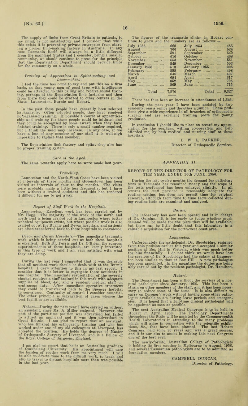 16 The supply of limbs from Great Britain to patients, to my mind, is not satisfactory and I consider that while this exists it is preventing private enterprise from start¬ ing a proper limb-making factory in Australia. In any case Tasmania itself will always be a little different from the mainland States and I consider, being a smaller community, we should continue to .press for the principle that the Repatriation Department should provide limbs for the community as a whole. Training of Apprentices in Splint-making and Limb-making. I feel the time has come to try and put this on a firm basis, so that young men of good type with intelligence could be attracted to this calling and receive sound train¬ ing, perhaps at the Repatriation limb factories and then from there they could be drafted to other centres in the State—Launceston, Burnie and Hobart. In the past these people have generally been selected haphazaruly. Often crippled people, they have received no‘organised training. If possible a course of apprentice¬ ship and training for these people could be initiated and they could be recognsed by some award when they have finished training. There is only a small number required, but I think the need may increase. In any case, if we have a loss of any member of our staff it is well-nigh impossible to replace that member. The Repatriation limb factory and splint shop also has no proper training system. Care of the Aged. The same remarks apply here as were made last year. Travelling. Launceston and the North-West Coast have been visited at intervals of three months and Queenstown has been visited at intervals of four to five months. The visits were probably made a little less frequently, but I have been without a trained assistant and this has rendered it difficult for me to get away. Report of Staff Work in the Hospitals. Launceston.—Excellent work has been carried out by Mr. Hogg. The majority of the work of the north and north-west is being carried out in Launceston where better technical equipment exists, but where possible work is also carried out at the Burnie and Devon hospitals, and patients are often transferred back to these hospitals to convalesce. Devon and Burnie Hospitals.—The immediate traumatic work which is being carried out at both these hospitals is excellent. Both Dr. Ferris and Dr. O’Brien, the surgeon superintendents of these hospitals, are keenly interested in this type of work and I am very satisfied with what they are doing. During the last year I suggested that it was desirable that all accident work should be dealt with at the Burnie hospital. I drew attention to this in my last report. I consider that it is better to segregate these accidents in one hospital. The immediate resuscitation of the severely shocked requires a staff trained in this work with adequate supplies of blood, &c., and a resident medical staff on continuous duty. After immediate operative treatment they could be transferred back to the Spencer hospital to convalesce. Continuity of control I consider essential. The other principle is segregation of cases whence the best facilities are available. Hobart.—During the past year I have carried on without an assistant, since Mr. A. Miller resigned. However, the post of the part-time position was advertised but failed to attract an applicant and it was then advertised in Great Britain. I am glad to report that an assistant, who has finished his orthopaedic training and who has worked under one of my old colleagues at Liverpool, has accepted the position. He holds the degrees of Master of Orthopaedic Surgery of Liverpool, and is a Fellow of the Royal College of Surgeons, England. I am glad to report that he is an Australian graduate of Queensland University. His appointment will ease the burden of routine work from me very much. I will be able to devote time to the difficult work, to teach and also to travel to distant hospitals more than was possible in the last year. The figures of the traumatic clinics in Hobart con¬ tinue to grow and the numbers are as follows: — July 1955 . .... 669 July 1954 . 483 August . .... 766 August . .... 524 September . .... 591 September . 540 October . .... 610 October . 468 November .... .\.. 653 N ovember . 551 December . .... 549 December . 503 January 1956 .... ... 513 January 1955 . 226 February . .... 55.8 February . 498 March ... .... 646 March . 497 April . 694 April 617 May .. .... .... 852, May . . 705 June . .... 869 June . 715 Total .... 7,970 Total .... 6,327 There has thus been an increase in attendances of 1,643. During the past year I have been assisted by two residents, one a senior and the other a junior. These posi¬ tions give a wide experience in all branches of orthopaedic surgery and are excellent training posts for young graduates. In conclusion I should like to place on record my appre¬ ciation for the courtesy, willing co-operation and help afforded me, by both medical and nursing staff at these hospitals. D. W. L. PARKER, Director of Orthopaedic Services. APPENDIX II. REPORT OF THE DIRECTOR OF PATHOLOGY FOR THE YEAR ENDED 30th JUNE, 1956. During the last twelve months the demand for pathology tests in Tasmania has remained steady and the scope of the tests performed has been enlarged slightly. In all centres the staff provided is reasonably adequate for routine testing, but does not permit time for original research, although from time to time facts collected dur¬ ing routine tests are examined and analysed. Burnie. The laboratory has now been opened and is in charge of Dr. Quinlan. It is too early to judge whether much demand will be made for the tests that will be available, but there can be little doubt that this laboratory is a valuable acquisition for the north-west coast area. Launceston. Unfortunately the pathologist, Dr. Shoobridge, resigned from this position earlier this year and accepted a similar position at Box Hill in Victoria, which was much better for him financially. I do not think we would have lost the services of Dr. Shoobridge had the salary at Launces¬ ton been similar to that at Box Hill. A new pathologist has been appointed. In the meantime the duties are being ably carried out by the resident pathologist, Dr. Hamilton. Hobart. The Department has been without the services of a hos¬ pital pathologist since January, 1956. This has been a strain on other members of the staff, and it has been neces¬ sary to reduce some of the tests. It is also difficult to carry on Coroner’s work without having some other patho¬ logist available to act during leave periods and emergen¬ cies. It is hoped that a full-time clinical pathologist will be appointed as soon as possible. The next Australian Medical Congress is to be held in Hobart in April, 1958. The Pathology Departments throughout the State will be assisted by the Commonwealth Health Laboratories in attending to the many problems which will arise in connection with the scientific exhibi¬ tions, &c., that have been planned. The last Hobart Congress, held some 20 years ago, was a great success, and it is our aim to assist in making this next Congress one of the best ever. The newly-formed Australian College of Pathologists is holding its first meeting in Melbourne in August, 1956, and several Tasmanian pathologists are to be admitted as foundation members. CAMPBELL DUNCAN, Director of Pathology.