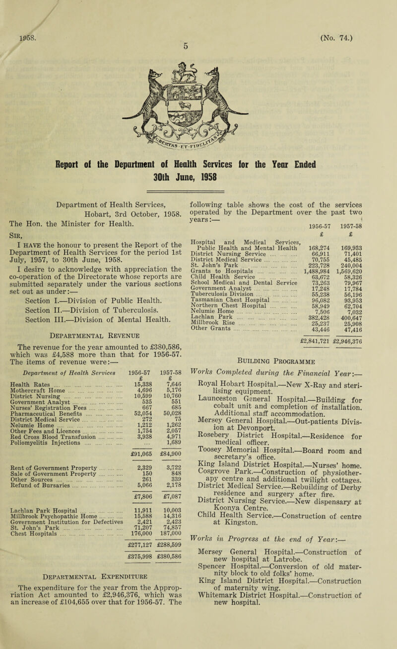 1958. 5 (No. 74.) Report of the Deportment of Health Services for the Year Ended 30th June, 1958 Department of Health Services, Hobart, 3rd October, 1958. The Hon. the Minister for Health. Sir, I have the honour to present the Report of the Department of Health Services for the period 1st July, 1957, to 30th June, 1958. I desire to acknowledge with appreciation the co-operation of the Directorate whose reports are submitted separately under the various sections set out as under:— Section I.—Division of Public Health. Section II.—Division of Tuberculosis. Section III.—Division of Mental Health. Departmental Revenue The revenue for the year amounted to £380,586, which was £4,588 more than that for 1956-57. The items of revenue were:— Department of Health Services 1956-57 1957-58 £ £ Health Rates . 15,338 7,646 Mothercraft Home . 4,696 5,176 District Nursing . 10,599 10,760 Government Analyst. . 535 551 Nurses’ Registration Fees . 667 685 Pharmaceutical Benefits . 52,054 50,028 District Medical Service. 272 75 Nelumie Home . 1,212 1,262 Other Fees and Licences. 1,754 2,057 Red Cross Blood Transfusion . 3,938 4,971 Poliomyelitis Injections . 1,689 £91,065 £84,900 Rent of Government Property. 2,329 3,722 Sale of Government Property . 150 848 Other Sources . . 261 339 Refund of Bursaries . 5,066 2,178 £7,806 £7,087 Lachlan Park Hospital . 11,911 10,003 Millbrook Psychopathic Home. 15,588 14,316 Government Institution for Defectives 2,421 2,423 St. John’s Park . '71,207 74,857 Chest Hospitals . 176,000 187,000 £277,127 £288,599 £375,998 £380,586 Departmental Expenditure The expenditure for the year from the Approp¬ riation Act amounted to £2,946,376, which was an increase of £104,655 over that for 1956-57. The following table shows the cost of the services operated by the Department over the past two years:— \ 1956-57 1957-58 £ £ Hospital and Medical Services, Public Health and Mental Health 168,274 169,933 District Nursing Service . 66,911 71,401 District Medical Service . 70,755 45,485 St. John’s Park . 223,728 240,004 Grants to Hospitals . 1,488,984 1,569,620 Child Health Service . 63,672 58,326 School Medical and Dental Service 73,263 79,967 Government Analyst . 17,248 17,784 Tuberculosis Division . 55,238 56,196 Tasmanian Chest Hospital . 96,082 93,953 Northern Chest Hospital . 58,949 62,704 Nelumie Home . 7,506 7,032 Lachlan Park . 382,428 400,647 Millbrook Rise . 25,237 25,908 Other Grants . 43,446 47,416 £2,841,721 £2,946,376 Building Programme Works Completed during the Financial Year:— R°yal Hobart Hospital.—New X-Ray and steri¬ lising equipment. Launceston General Hospital.—Building for cobalt unit and completion of installation. Additional staff accommodation. Mersey General Hospital.—Out-patients Divis¬ ion at Devonport. Rosebery District Hospital.—Residence for hiedical officer. Toosey Memorial Hospital.—Board room and secretary’s office. King Island District Hospital.—Nurses’ homo. Cosgrove Park.—Construction of physiother¬ apy centre and additional twilight cottages. District Medical Service.—Rebuilding of Derby residence and surgery after fire. District Nursing Service.—New dispensary at Koonya Centre. Child Health Service.—Construction of centre at Kingston. Works in Progress at the end of Year:— Mersey General Hospital.—Construction of new hospital at Latrobe. Spencer Hospital.—Conversion of old mater¬ nity block to old folks’ home. King Island District Hospital.—Construction of maternity wing. Whitemark District Hospital.—Construction of new hospital.
