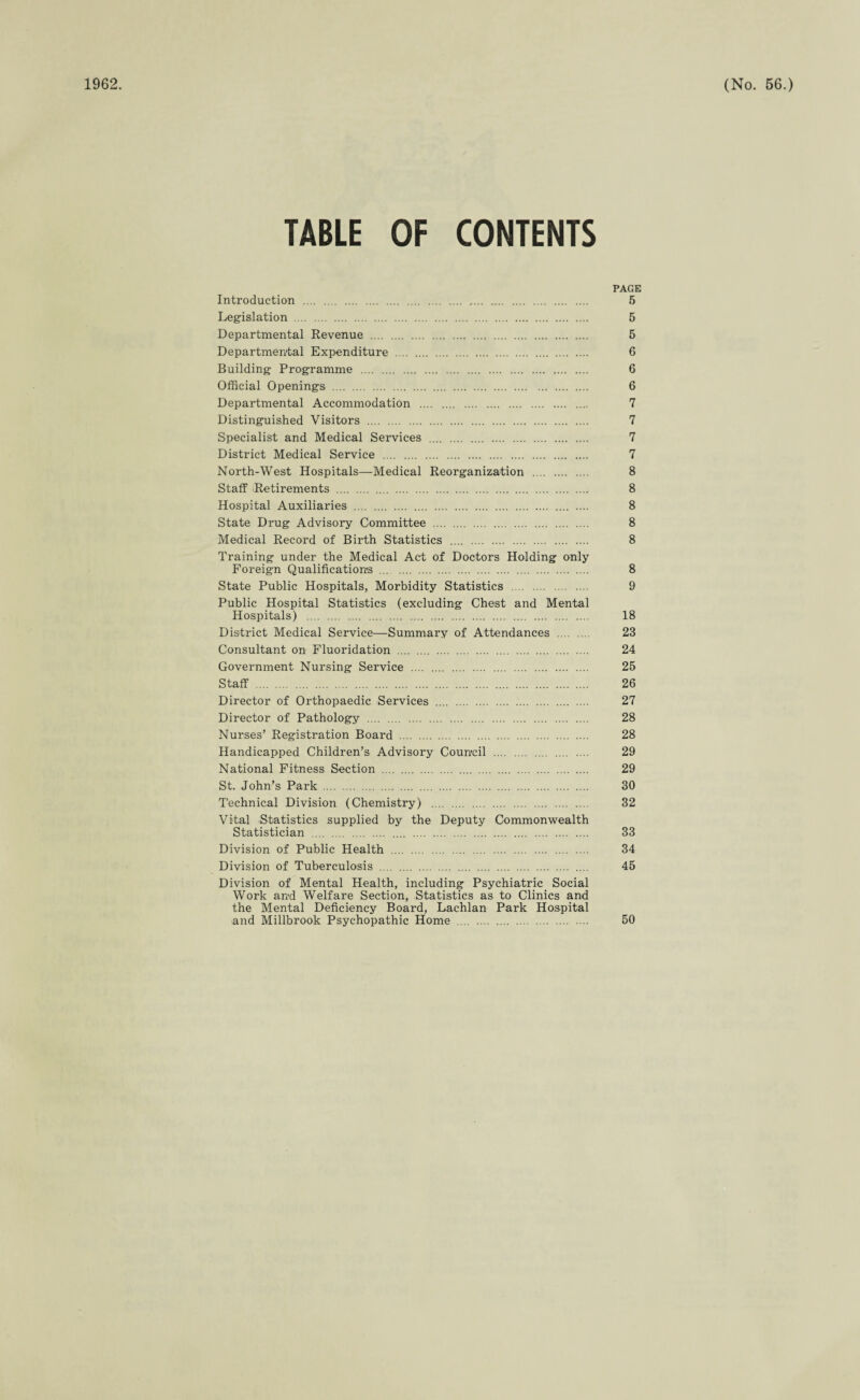 TABLE OF CONTENTS PAGE Introduction . 5 Legislation . 5 Departmental Revenue . 5 Departmental Expenditure . 6 Building Programme . 6 Official Openings . 6 Departmental Accommodation . 7 Distinguished Visitors . 7 Specialist and Medical Services . 7 District Medical Service . 7 North-West Hospitals—Medical Reorganization . 8 Staff Retirements . 8 Hospital Auxiliaries . 8 State Drug Advisory Committee . 8 Medical Record of Birth Statistics . 8 Training under the Medical Act of Doctors Holding only Foreign Qualifications . 8 State Public Hospitals, Morbidity Statistics . 9 Public Hospital Statistics (excluding Chest and Mental Hospitals) . 18 District Medical Service—Summary of Attendances . 23 Consultant on Fluoridation . 24 Government Nursing Service . 25 Staff . 26 Director of Orthopaedic Services . 27 Director of Pathology . 28 Nurses’ Registration Board . 28 Handicapped Children’s Advisory Council . 29 National Fitness Section . 29 St. John’s Park . 30 Technical Division (Chemistry) . 32 Vital Statistics supplied by the Deputy Commonwealth Statistician . 33 Division of Public Health . 34 Division of Tuberculosis . 45 Division of Mental Health, including Psychiatric Social Work and Welfare Section, Statistics as to Clinics and the Mental Deficiency Board, Lachlan Park Hospital