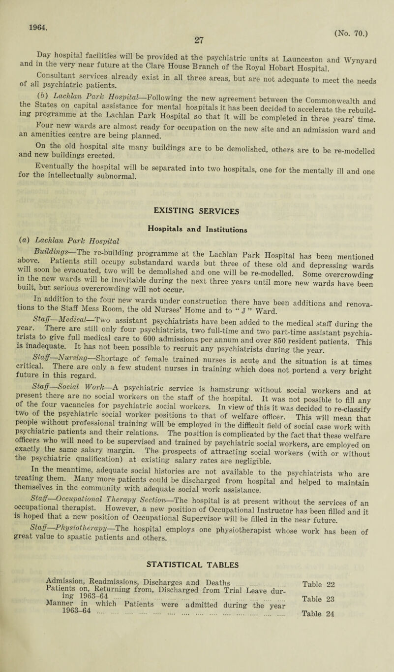 1964. 27 (No. 70.) Day hospital facilities will be provided at the psychiatric units at Launceston and Wvnyard and m the very near future at the Clare House Branch of the Royal Hobart Hospital. of alfaticeSentsa!ready bUt &re n0t adequate to meet the tv, if t Lachlan Park Hospital—Following the new agreement between the Commonwealth and the States on capital assistance for mental hospitals it has been decided to accelerate the rebuild¬ ing programme at the Lachlan Park Hospital so that it will be completed in three years’ time. Four new wards are almost ready for occupation on the new site and an admission ward and an amenities centre are being planned. On the old hospital site many buildings are to be demolished, others are to be re-modelled and new buildings erected. u Eventually the hospital will be separated into two hospitals, one for the mentally ill and one for the intellectually subnormal. EXISTING SERVICES Hospitals and Institutions (a) Lachlan Park Hospital Buildings—The re-building programme at the Lachlan Park Hospital has been mentioned above. Patients still occupy substandard wards but three of these old and depressing wards will soon be evacuated, -two will be demolished and one will be re-modelled. Some overcrowding m the new wards will be inevitable during the next three years until more new wards have been built, but serious overcrowding will not occur. In a(Jdltion to.the four new wards under construction there have been additions and renova¬ tions to the Staff Mess Room, the old Nurses’ Home and to “ J ” Ward. Staff—Medical^-Two assistant psychiatrists have been added to the medical staff during the year. There are still only four psychiatrists, two full-time and two part-time assistant psychia¬ trists to give full medical care to 600 admissions per annum and over 850 resident patients. This is inadequate. It has not been possible to recruit any psychiatrists during the year. Nursing—Shortage of female trained nurses is acute and the situation is at times critical. There are only a few student nurses in training which does not portend a very bright future m this regard. J * Staff Social Work—A psychiatric service is hamstrung without social workers and at present there are no social workers on the staff of the hospital. It was not possible to fill any of the four vacancies for psychiatric social workers. In view of this it was decided to re-classify two of the psychiatric social worker positions to that of welfare officer. This will mean that people without professional training will be employed in the difficult field of social case work with psychiatric patients and their relations. The position is complicated by the fact that these welfare officers who will need to be supervised and trained by psychiatric social workers, are employed on exactly the same salary margin. The prospects of attracting social workers (with or without the psychiatric qualification) at existing salary rates are negligible. In the meantime, adequate social histories are not available to the psychiatrists who are treating them. Many more patients could be discharged from hospital and helped to maintain themselves in the community with adequate social work assistance. Staff Occupational Therapy Section—The hospital is at present without the services of an occupational therapist. However, a new position of Occupational Instructor has been filled and it is hoped that a new position of Occupational Supervisor will be filled in the near future. Stuff Physiotherapy—The hospital employs one physiotherapist whose work has been of great value to spastic patients and others. STATISTICAL TABLES Admission, Readmissions, Discharges and Deaths Table 22 Patients on, Returning from, Discharged from Trial Leave dur¬ ing 1963-64 . Table 23 Manner in which Patients were admitted during the year 1963-64 . Table 24