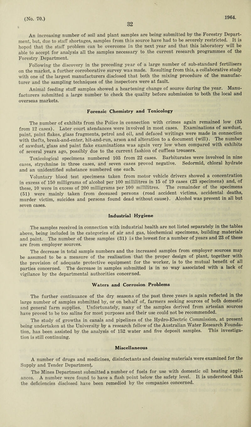 32 1964. An increasing number of soil and plant samples are being submitted by the Forestry Depart¬ ment, but, due to staff shortages, samples from this source have had to be severely restricted. It is hoped that the staff problem can be overcome in the next year and that this laboratory will be able to accept for analysis all the samples necessary to the current research programmes of the Forestry Department. Following the discovery in the preceding year of a large number of sub-standard fertilisers on the market, a further corroborative survey was made. Resulting from this, a collaborative study with one of the largest manufacturers disclosed that both the mixing procedure of the manufac¬ turer and the sampling techniques of the inspectors were at fault. Animal feeding stuff samples showed a heartening change of source during the year. Manu¬ facturers submitted a large number to check the quality before submission to both the local and overseas markets. Forensic Chemistry and Toxicology The number of exhibits from the Police in connection with crimes again remained low (35 from 12 cases). Later court atendances were involved in most cases. Examinations of sawdust, paint, paint flakes, glass fragments, petrol and oil, and defaced writings were made in connection with thefts, break-and-enter, hit-and-run, arson and alteration to a document (will). The number of sawdust, glass and paint flake examinations was again very low when compared with exhibits of several years ago, possibly due to the current fashion of cuff less trousers. Toxicological specimens numbered 103 from 22 cases. Barbiturates were involved in nine cases, strychnine in three cases, and seven cases proved negative. Sedormid, chloral hydrate and an unidentified substance numbered one each. Voluntary blood test specimens taken from motor vehicle drivers showed a concentration in excess of 150 milligrams of alcohol per 100 millilitres in 15 of 19 cases (23 specimens) and, of these, 10 were in excess of 200 milligrams per 100 millilitres. The remainder of the specimens (51) were mainly taken from deceased persons (road accident victims, accidental deaths, murder victim, suicides and persons found dead without cause). Alcohol was present in all but seven cases. Industrial Hygiene The samples received in connection with industrial health are not listed separately in the tables above, being included in the categories of air and gas, biochemical specimens, building materials and paint. The number of these samples (31) is the lowest for a number of years and 23 of these are from employer sources. The decrease in total sample numbers and the increased samples from employer sources may be assumed to be a measure of the realisation that the proper design of plant, together with the provision of adequate protective equipment for the worker, is to the mutual benefit of all parties concerned. The decrease in samples submitted is in no way associated with a lack of vigilance by the departmental authorities concerned. Waters and Corrosion Problems The further continuance of the dry seasons of the past three years is again reflected in the large number of samples submitted by, or on behalf of, farmers seeking sources of both domestic and general farm supplies. Unfortunately, many of the samples derived from artesian sources have proved to be too saline for most purposes and their use could not be recommended. The study of growths in canals and pipelines of the Hydro-Electric Commission, at present being undertaken at the University by a research fellow of the Australian Water Research Founda¬ tion, has been assisted by the analysis of 152 water and five deposit samples. This investiga¬ tion is still continuing. Miscellaneous A number of drugs and medicines, disinfectants and cleaning materials were examined for the Supply and Tender Department. The Mines Department submitted a number of fuels for use with domestic oil heating appli¬ ances. A number were found to have a flash point below the safety level. It is understood that the deficiencies disclosed have been remedied by the companies concerned.