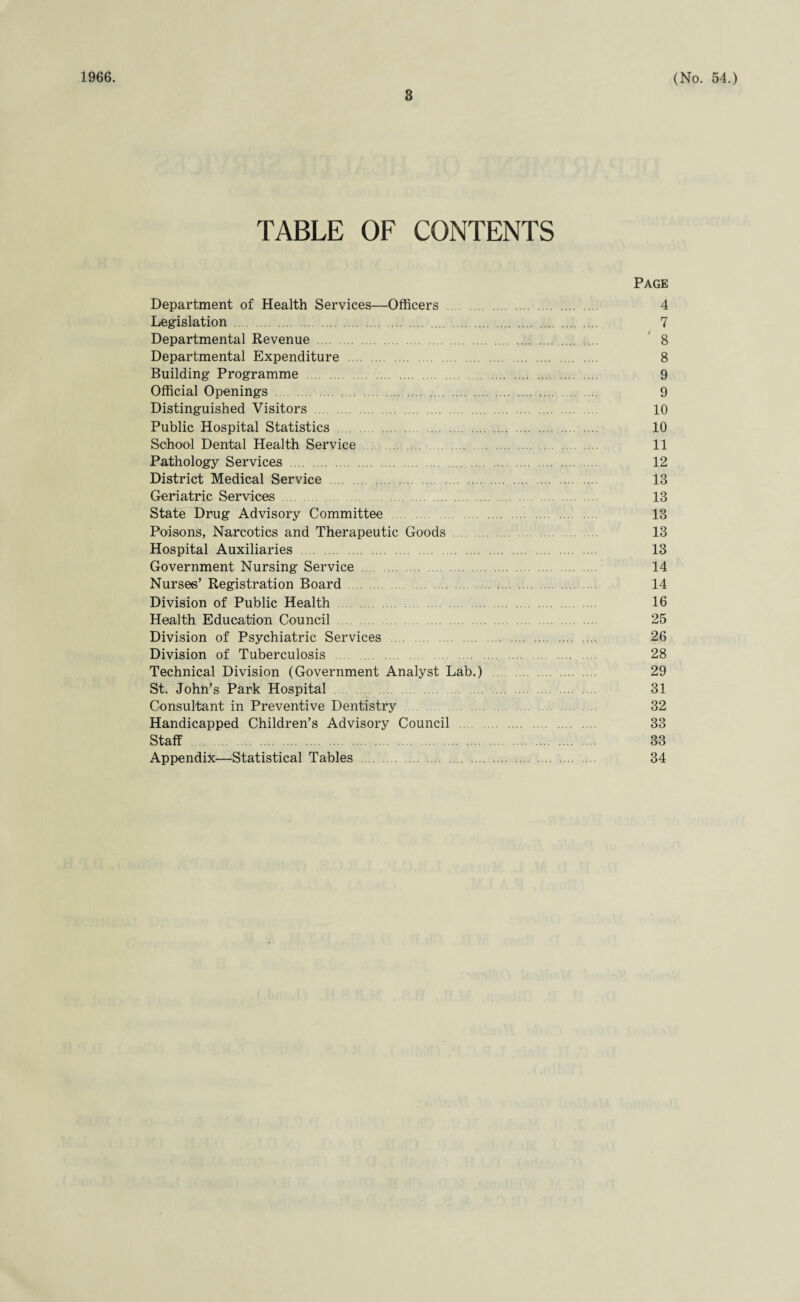 1966. 3 (No. 54.) TABLE OF CONTENTS Page Department of Health Services—Officers . 4 Legislation . 7 Departmental Revenue . 8 Departmental Expenditure . 8 Building Programme . 9 Official Openings . 9 Distinguished Visitors . 10 Public Hospital Statistics . 10 School Dental Health Service. 11 Pathology Services . 12 District Medical Service . 13 Geriatric Services 13 State Drug Advisory Committee . 13 Poisons, Narcotics and Therapeutic Goods. 13 Hospital Auxiliaries . 13 Government Nursing Service . 14 Nurses’ Registration Board . 14 Division of Public Health . 16 Health Education Council . 25 Division of Psychiatric Services . 26 Division of Tuberculosis . 28 Technical Division (Government Analyst Lab.) . 29 St. John’s Park Hospital . 31 Consultant in Preventive Dentistry 32 Handicapped Children’s Advisory Council . 33 Staff . 33 Appendix—Statistical Tables . 34