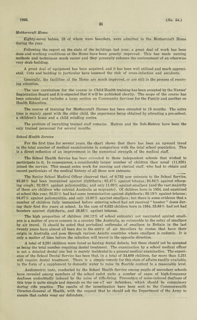 21 Mothercraft Home Eighty-seven babies, 28 of whom were boarders, were admitted to the Mothercraft Home during the year. Following the report on the state of the buildings last year, a great deal of work has been done and working conditions at the Home have been greatly improved. This has made nursing methods and techniques much easier and they generally enhance the environment of an otherwise very drab building. A great deal of equipment has been acquired, and it has been well utilised and much appreci¬ ated. Cots and bedding in particular have lessened the risk of cross-infection and accidents. Generally, the facilities at the Home are much improved, or are still in the process of receiv¬ ing attention. The new curriculum for the course in Child Health training has been accepted by the Nurses’ Registration Board and it is expected that it will be published shortly. The scope of the course has been extended and includes a large section on Community Services for the Family and another on Health Education. The course of training for Mothercraft Nurses has been extended to 15 months. The extra time is mainly spent with the older child, the experience being obtained by attending a pre-school, a children’s home and a child minding centre. The problem of recruiting trained staff remains. Matron and the Sub-Matron have been the only trained personnel for several months. School Health Service For the first time for several years, the chart shows that there has been an upward trend in the total number of medical examinations in comparison with the total school population. This is a direct reflection of an improvement in the numerical strength of the medical staff. The School Health Service has been extended to those independent schools that wished to participate in it. In consequence, a considerably larger number of children than usual (11,320) joined the service. This meant extra work for nursing and clerical staff, who had to obtain and record particulars of the medical history of all these new entrants. The Senior School Medical Officer observed that, of 9,732 new entrants to the School Service, 85.38% had been immunised against diphtheria; 82.47 % against tetanus; 84.84% against whoop¬ ing cough; 92.39% against poliomyelitis; and only 11.09% against smallpox (and the vast majority of these are children who entered Australia as migrants). Of children born in 1954, and examined at school this year, 93.21% had had some immunisation against diphtheria; 93.19% against tetanus; 94.97% against poliomyelitis, and only 13.88% against smallpox; but there is some evidence that a number of children fully immunised before entering school had not received “ booster ” doses dur¬ ing their first five years at school. In the case of 6,633 children born in 1954, 35.88% had not had boosters against diphtheria, and 28.85% against tetanus. The high proportion of children (86.12% of school entrants) not vaccinated against small¬ pox is a matter of grave concern in a country like Australia, so vulnerable to the entry of smallpox by air travel. It should be noted that periodical outbreaks of smallpox in Britain in the last twenty years have almost all been due to the entr y of air travellers by routes that have their origin in Australia and pass through various Asiatic countries where smallpox is endemic. It is only a matter of time before the infection will travel in the opposite direction. A total of 3,231 children were listed as having dental defects, but these should not be accepted as being the total number requiring dental treatment. The examination by a school medical officer is not a detailed dental one but is merely incidental to a general medical examination. The experi¬ ence of the School Dental Service has been that, in a total of 34,609 children, far more than 3,231 will require dental treatment. There is a simple remedy for this state of affairs readily available, in the form of a supplement to domestic water to raise its fluoride content to a reasonable level. Audiometric tests, conducted by the School Health Service among pupils of secondary schools have revealed among members of the school cadet units a number of cases of high-frequency deafness undoubtedly induced by the noise of rifle-firing. Prevention of noise-induced deafness of this type is quite simple and depends on the use o f ear defenders, which should be compulsory during rifle practice. The results of the investigation have been sent to the Commonwealth Director-General of Health, with the request that he should ask the Department of the Army to ensure that cadets wear ear defenders.