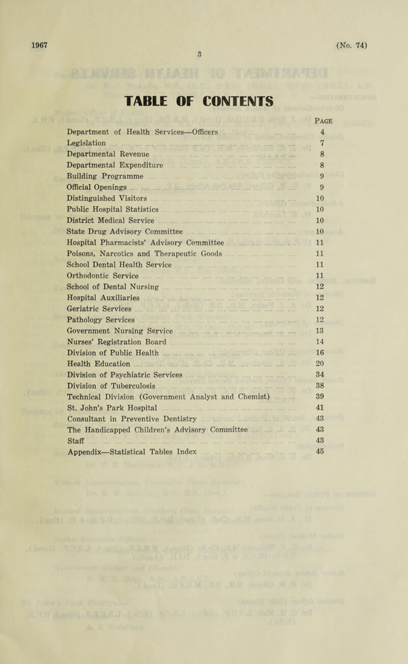 1967 3 (No. 74) TABLE OF CONTENTS Page Department of Health Services—Officers 4 Legislation . 7 Departmental Revenue . 8 Departmental Expenditure 8 Building Programme 9 Official Openings . 9 Distinguished Visitors 10 Public Hospital Statistics . 10 District Medical Service . 10 State Drug Advisory Committee . 10 Hospital Pharmacists’ Advisory Committee . 11 Poisons, Narcotics and Therapeutic Goods . 11 School Dental Health Service . 11 Orthodontic Service . 11 School of Dental Nursing . 12 Hospital Auxiliaries . 12 Geriatric Services . 12 Pathology Services . 12 Government Nursing Service . 13 Nurses’ Registration Board . 14 Division of Public Health . 16 Health Education . 20 Division of Psychiatric Services . 34 Division of Tuberculosis . 38 Technical Division (Government Analyst and Chemist) 39 St. John’s Park Hospital . 41 Consultant in Preventive Dentistry . 43 The Handicapped Children’s Advisory Committee . 43 Staff . 43 Appendix—Statistical Tables Index . 45