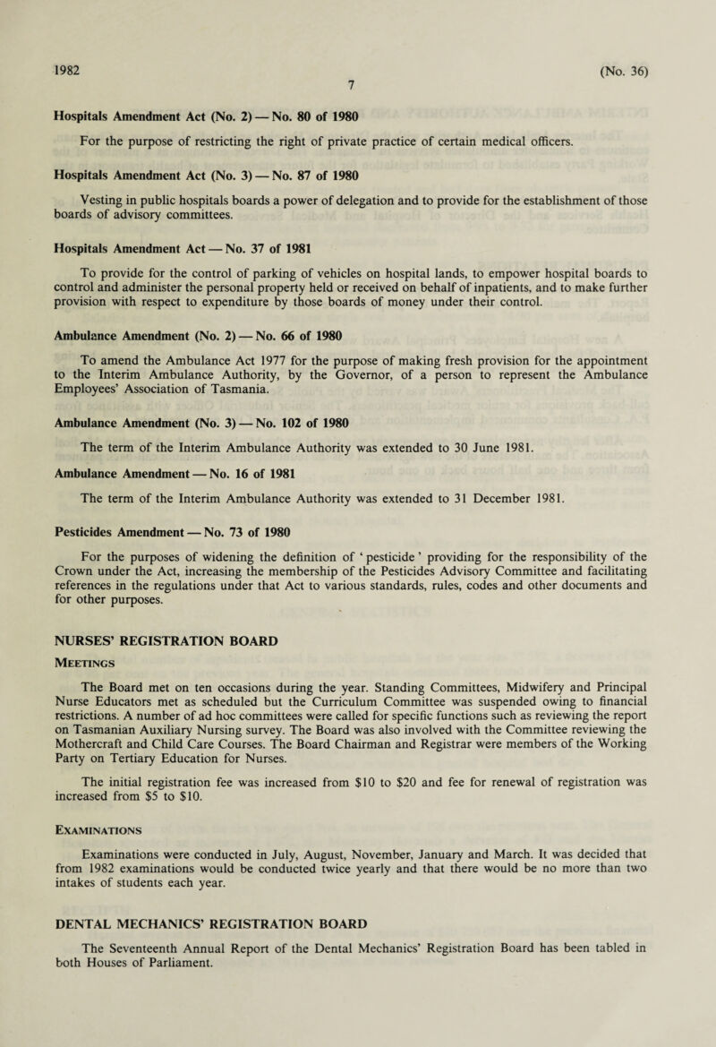 1982 7 (No. 36) Hospitals Amendment Act (No. 2) — No. 80 of 1980 For the purpose of restricting the right of private practice of certain medical officers. Hospitals Amendment Act (No. 3) — No. 87 of 1980 Vesting in public hospitals boards a power of delegation and to provide for the establishment of those boards of advisory committees. Hospitals Amendment Act — No. 37 of 1981 To provide for the control of parking of vehicles on hospital lands, to empower hospital boards to control and administer the personal property held or received on behalf of inpatients, and to make further provision with respect to expenditure by those boards of money under their control. Ambulance Amendment (No. 2) — No. 66 of 1980 To amend the Ambulance Act 1977 for the purpose of making fresh provision for the appointment to the Interim Ambulance Authority, by the Governor, of a person to represent the Ambulance Employees’ Association of Tasmania. Ambulance Amendment (No. 3) — No. 102 of 1980 The term of the Interim Ambulance Authority was extended to 30 June 1981. Ambulance Amendment — No. 16 of 1981 The term of the Interim Ambulance Authority was extended to 31 December 1981. Pesticides Amendment — No. 73 of 1980 For the purposes of widening the definition of ‘ pesticide ’ providing for the responsibility of the Crown under the Act, increasing the membership of the Pesticides Advisory Committee and facilitating references in the regulations under that Act to various standards, rules, codes and other documents and for other purposes. NURSES’ REGISTRATION BOARD Meetings The Board met on ten occasions during the year. Standing Committees, Midwifery and Principal Nurse Educators met as scheduled but the Curriculum Committee was suspended owing to financial restrictions. A number of ad hoc committees were called for specific functions such as reviewing the report on Tasmanian Auxiliary Nursing survey. The Board was also involved with the Committee reviewing the Mothercraft and Child Care Courses. The Board Chairman and Registrar were members of the Working Party on Tertiary Education for Nurses. The initial registration fee was increased from $10 to $20 and fee for renewal of registration was increased from $5 to $10. Examinations Examinations were conducted in July, August, November, January and March. It was decided that from 1982 examinations would be conducted twice yearly and that there would be no more than two intakes of students each year. DENTAL MECHANICS’ REGISTRATION BOARD The Seventeenth Annual Report of the Dental Mechanics’ Registration Board has been tabled in both Houses of Parliament.