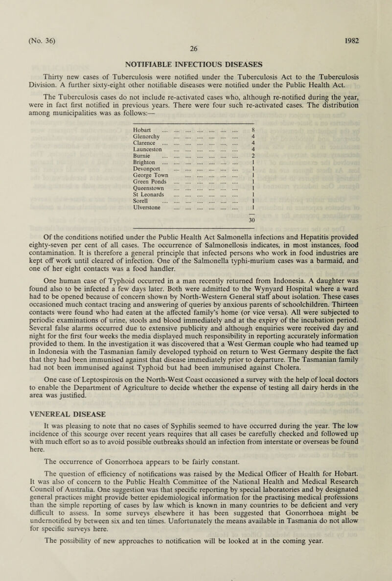 26 NOTIFIABLE INFECTIOUS DISEASES Thirty new cases of Tuberculosis were notified under the Tuberculosis Act to the Tuberculosis Division. A further sixty-eight other notifiable diseases were notified under the Public Health Act. The Tuberculosis cases do not include re-activated cases who, although re-notified during the year, were in fact first notified in previous years. There were four such re-activated cases. The distribution among municipalities was as follows:— 8 4 4 4 2 1 1 1 1 1 1 1 1 30 Of the conditions notified under the Public Health Act Salmonella infections and Hepatitis provided eighty-seven per cent of all cases. The occurrence of Salmonellosis indicates, in most instances, food contamination. It is therefore a general principle that infected persons who work in food industries are kept off work until cleared of infection. One of the Salmonella typhi-murium cases was a barmaid, and one of her eight contacts was a food handler. One human case of Typhoid occurred in a man recently returned from Indonesia. A daughter was found also to be infected a few days later. Both were admitted to the Wynyard Hospital where a ward had to be opened because of concern shown by North-Western General staff about isolation. These cases occasioned much contact tracing and answering of queries by anxious parents of schoolchildren. Thirteen contacts were found who had eaten at the affected family’s home (or vice versa). All were subjected to periodic examinations of urine, stools and blood immediately and at the expiry of the incubation period. Several false alarms occurred due to extensive publicity and although enquiries were received day and night for the first four weeks the media displayed much responsibility in reporting accurately information provided to them. In the investigation it was discovered that a West German couple who had teamed up in Indonesia with the Tasmanian family developed typhoid on return to West Germany despite the fact that they had been immunised against that disease immediately prior to departure. The Tasmanian family had not been immunised against Typhoid but had been immunised against Cholera. One case of Leptospirosis on the North-West Coast occasioned a survey with the help of local doctors to enable the Department of Agriculture to decide whether the expense of testing all dairy herds in the area was justified. VENEREAL DISEASE It was pleasing to note that no cases of Syphilis seemed to have occurred during the year. The low incidence of this scourge over recent years requires that all cases be carefully checked and followed up with much effort so as to avoid possible outbreaks should an infection from interstate or overseas be found here. The occurrence of Gonorrhoea appears to be fairly constant. The question of efficiency of notifications was raised by the Medical Officer of Health for Hobart. It was also of concern to the Public Health Committee of the National Health and Medical Research Council of Australia. One suggestion was that specific reporting by special laboratories and by designated general practices might provide better epidemiological information for the practising medical professions than the simple reporting of cases by law which is known in many countries to be deficient and very difficult to assess. In some surveys elsewhere it has been suggested that Gonorrhoea might be undemotified by between six and ten times. Unfortunately the means available in Tasmania do not allow for specific surveys here. The possibility of new approaches to notification will be looked at in the coming year. Glenorchy Clarence .... Launceston Bumie Brighton Devonport George Town Green Ponds Queenstown St Leonards Sorell Ulverstone