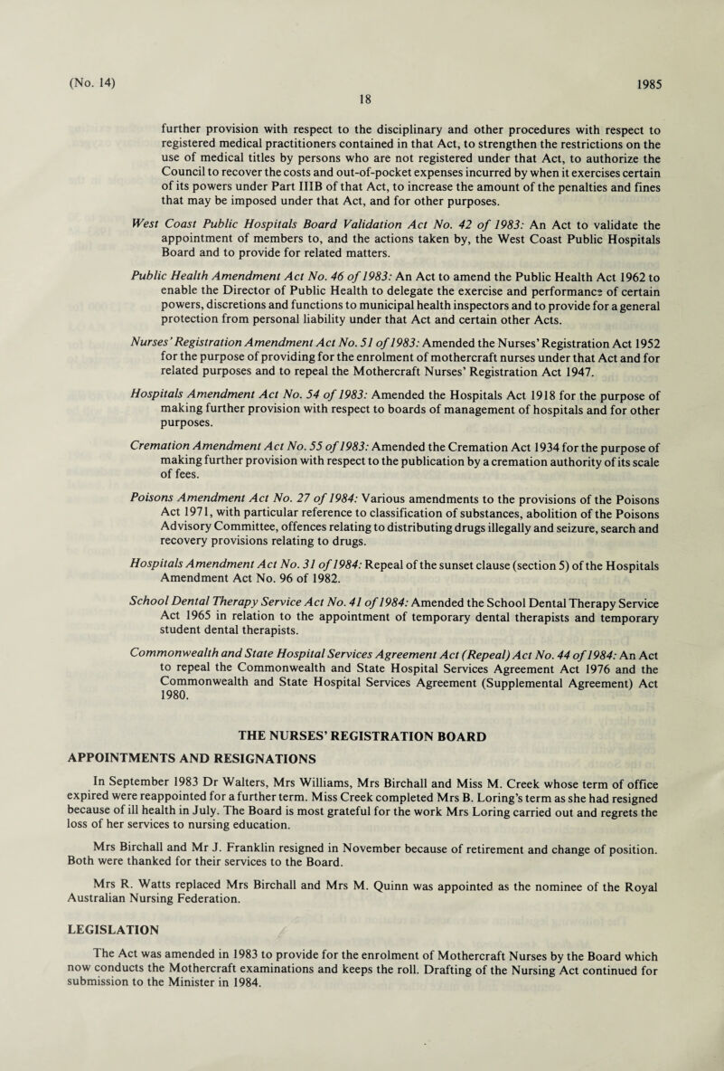 18 further provision with respect to the disciplinary and other procedures with respect to registered medical practitioners contained in that Act, to strengthen the restrictions on the use of medical titles by persons who are not registered under that Act, to authorize the Council to recover the costs and out-of-pocket expenses incurred by when it exercises certain of its powers under Part IIIB of that Act, to increase the amount of the penalties and fines that may be imposed under that Act, and for other purposes. West Coast Public Hospitals Board Validation Act No. 42 of 1983: An Act to validate the appointment of members to, and the actions taken by, the West Coast Public Hospitals Board and to provide for related matters. Public Health Amendment Act No. 46 of 1983: An Act to amend the Public Health Act 1962 to enable the Director of Public Health to delegate the exercise and performance of certain powers, discretions and functions to municipal health inspectors and to provide for a general protection from personal liability under that Act and certain other Acts. Nurses’ Registration Amendment Act No. 51 of1983: Amended the Nurses’ Registration Act 1952 for the purpose of providing for the enrolment of mothercraft nurses under that Act and for related purposes and to repeal the Mothercraft Nurses’ Registration Act 1947. Hospitals Amendment Act No. 54 of 1983: Amended the Hospitals Act 1918 for the purpose of making further provision with respect to boards of management of hospitals and for other purposes. Cremation Amendment Act No. 55 of1983: Amended the Cremation Act 1934 for the purpose of making further provision with respect to the publication by a cremation authority of its scale of fees. Poisons Amendment Act No. 27 of 1984: Various amendments to the provisions of the Poisons Act 1971, with particular reference to classification of substances, abolition of the Poisons Advisory Committee, offences relating to distributing drugs illegally and seizure, search and recovery provisions relating to drugs. Hospitals Amendment Act No. 31 of1984: Repeal of the sunset clause (section 5) of the Hospitals Amendment Act No. 96 of 1982. School Dental Therapy Service Act No. 41 of1984: Amended the School Dental Therapy Service Act 1965 in relation to the appointment of temporary dental therapists and temporary student dental therapists. Commonwealth and State Hospital Services Agreement Act (Repeal) Act No. 44 of1984: An Act to repeal the Commonwealth and State Hospital Services Agreement Act 1976 and the Commonwealth and State Hospital Services Agreement (Supplemental Agreement) Act 1980. THE NURSES’ REGISTRATION BOARD APPOINTMENTS AND RESIGNATIONS In September 1983 Dr Walters, Mrs Williams, Mrs Birchall and Miss M. Creek whose term of office expired were reappointed for a further term. Miss Creek completed Mrs B. Loring’s term as she had resigned because of ill health in July. The Board is most grateful for the work Mrs Loring carried out and regrets the loss of her services to nursing education. Mrs Birchall and Mr J. Franklin resigned in November because of retirement and change of position. Both were thanked for their services to the Board. Mrs R. Watts replaced Mrs Birchall and Mrs M. Quinn was appointed as the nominee of the Royal Australian Nursing Federation. LEGISLATION The Act was amended in 1983 to provide for the enrolment of Mothercraft Nurses by the Board which now conducts the Mothercraft examinations and keeps the roll. Drafting of the Nursing Act continued for