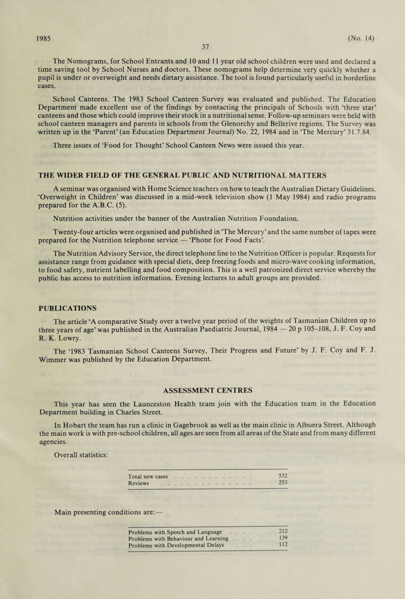 1985 37 (No. 14) The Nomograms, for School Entrants and 10 and 11 year old school children were used and declared a time saving tool by School Nurses and doctors. These nomograms help determine very quickly whether a pupil is under or overweight and needs dietary assistance. The tool is found particularly useful in borderline cases. School Canteens. The 1983 School Canteen Survey was evaluated and published. The Education Department made excellent use of the findings by contacting the principals of Schools with ‘three star’ canteens and those which could improve their stock in a nutritional sense. Follow-up seminars were held with school canteen managers and parents in schools from the Glenorchy and Bellerive regions. The Survey was written up in the ‘Parent’ (an Education Department Journal) No. 22, 1984 and in ‘The Mercury’ 31.7.84. Three issues of ‘Food for Thought’ School Canteen News were issued this year. THE WIDER FIELD OF THE GENERAL PUBLIC AND NUTRITIONAL MATTERS A seminar was organised with Home Science teachers on how to teach the Australian Dietary Guidelines. ‘Overweight in Children’ was discussed in a mid-week television show (1 May 1984) and radio programs prepared for the A.B.C. (5). Nutrition activities under the banner of the Australian Nutrition Foundation. Twenty-four articles were organised and published in ‘The Mercury’ and the same number of tapes were prepared for the Nutrition telephone service — ‘Phone for Food Facts’. The Nutrition Advisory Service, the direct telephone line to the Nutrition Officer is popular. Requests for assistance range from guidance with special diets, deep freezing foods and micro-wave cooking information, to food safety, nutrient labelling and food composition. This is a well patronized direct service whereby the public has access to nutrition information. Evening lectures to adult groups are provided. PUBLICATIONS The article ‘A comparative Study over a twelve year period of the weights of Tasmanian Children up to three years of age’ was published in the Australian Paediatric Journal, 1984 — 20 p 105-108, J. F. Coy and R. K. Lowry. The ‘1983 Tasmanian School Canteens Survey, Their Progress and Future’ by J. F. Coy and F. J. Wimmer was published by the Education Department. ASSESSMENT CENTRES This year has seen the Launceston Health team join with the Education team in the Education Department building in Charles Street. In Hobart the team has run a clinic in Gagebrook as well as the main clinic in Albuera Street. Although the main work is with pre-school children, all ages are seen from all areas of the State and from many different agencies. Overall statistics: Total new cases .•-. 532 Reviews . 253 Main presenting conditions are:— Problems with Speech and Language Problems with Behaviour and Learning Problems with Developmental Delays 212 139 112