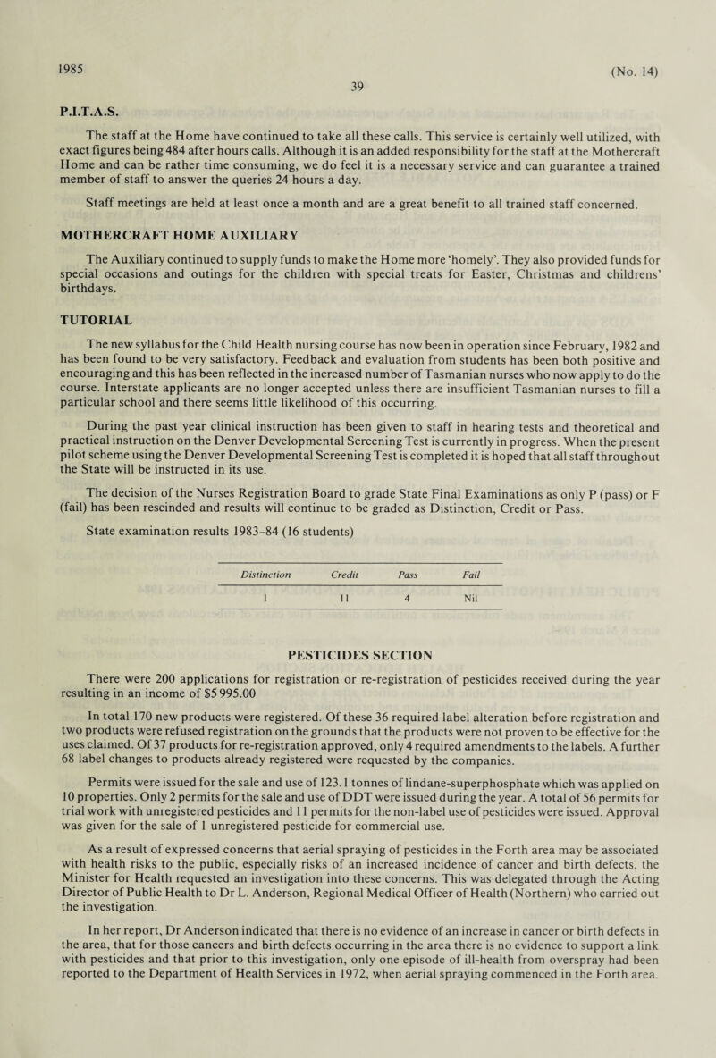 1985 39 (No. 14) P.I.T.A.S. The staff at the Home have continued to take all these calls. This service is certainly well utilized, with exact figures being 484 after hours calls. Although it is an added responsibility for the staff at the Mothercraft Home and can be rather time consuming, we do feel it is a necessary service and can guarantee a trained member of staff to answer the queries 24 hours a day. Staff meetings are held at least once a month and are a great benefit to all trained staff concerned. MOTHERCRAFT HOME AUXILIARY The Auxiliary continued to supply funds to make the Home more ‘homely’. They also provided funds for special occasions and outings for the children with special treats for Easter, Christmas and childrens’ birthdays. TUTORIAL The new syllabus for the Child Health nursing course has now been in operation since February, 1982 and has been found to be very satisfactory. Feedback and evaluation from students has been both positive and encouraging and this has been reflected in the increased number of Tasmanian nurses who now apply to do the course. Interstate applicants are no longer accepted unless there are insufficient Tasmanian nurses to fill a particular school and there seems little likelihood of this occurring. During the past year clinical instruction has been given to staff in hearing tests and theoretical and practical instruction on the Denver Developmental Screening Test is currently in progress. When the present pilot scheme using the Denver Developmental Screening Test is completed it is hoped that all staff throughout the State will be instructed in its use. The decision of the Nurses Registration Board to grade State Final Examinations as only P (pass) or F (fail) has been rescinded and results will continue to be graded as Distinction, Credit or Pass. State examination results 1983-84 (16 students) Distinction Credit Pass Fail 1 11 4 Nil PESTICIDES SECTION There were 200 applications for registration or re-registration of pesticides received during the year resulting in an income of $5 995.00 In total 170 new products were registered. Of these 36 required label alteration before registration and two products were refused registration on the grounds that the products were not proven to be effective for the uses claimed. Of 37 products for re-registration approved, only 4 required amendments to the labels. A further 68 label changes to products already registered were requested by the companies. Permits were issued for the sale and use of 123.1 tonnes of lindane-superphosphate which was applied on 10 properties. Only 2 permits for the sale and use of DDT were issued during the year. A total of 56 permits for trial work with unregistered pesticides and 11 permits for the non-label use of pesticides were issued. Approval was given for the sale of 1 unregistered pesticide for commercial use. As a result of expressed concerns that aerial spraying of pesticides in the Forth area may be associated with health risks to the public, especially risks of an increased incidence of cancer and birth defects, the Minister for Health requested an investigation into these concerns. This was delegated through the Acting Director of Public Health to Dr L. Anderson, Regional Medical Officer of Health (Northern) who carried out the investigation. In her report, Dr Anderson indicated that there is no evidence of an increase in cancer or birth defects in the area, that for those cancers and birth defects occurring in the area there is no evidence to support a link with pesticides and that prior to this investigation, only one episode of ill-health from overspray had been reported to the Department of Health Services in 1972, when aerial spraying commenced in the Forth area.