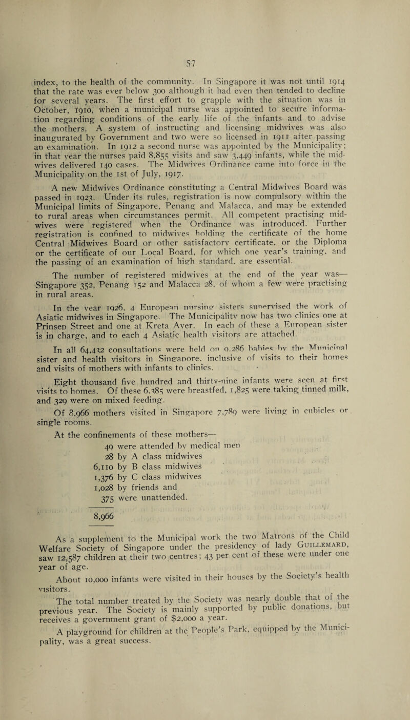 index, to the health of the community. In Singapore it was not until 1914 that the rate was ever below 300 although it had even then tended to decline for several years. The first effort to grapple with the situation was in October, 1910, when a municipal nurse was appointed to secure informa¬ tion regarding conditions of the early life of the infants and to advise the mothers. A system of instructing and licensing midwives was also inaugurated by Government and two were so licensed in 19H after passing an examination. In 1912 a second nurse was appointed by the Municipality; in that year the nurses paid 8,855 visits and saw 3,449 infants, while the mid¬ wives delivered 140 cases. The Midwives Ordinance came into force in the Municipality on the 1st of July, 1917. A new Midwives Ordinance constituting a Central Midwives Board was passed in 1923. Under its rules, registration is now compulsory within the Municipal limits of Singapore, Penang and Malacca, and may be extended to rural areas when circumstances permit. All competent practising mid¬ wives were registered when the Ordinance was introduced. Further registration is confined to midwives boldine the certificate of the home Central Midwives Board or other satisfactory certificate, or the Diploma or the certificate of our Local Board, for which one year’s training, and the passing of an examination of hieh standard, are essential. The number of registered midwives at the end of the year was— Singapore 352, Penang T52 and Malacca 28, of whom a few were practising in rural areas. In the vear 1926. 4 European nursing sisters supervised the work of Asiatic midwives in Singapore. The Municipality now has two clinics one at Prinsep Street and one at Kreta Aver. In each of these a European sister is in charge, and to each 4 Asiatic health visitors are attached. In all 64,432 consultations were held on 0.286 babies bv the Municipal sister and health visitors in Singapore, inclusive of visits to their homes and visits of mothers with infants to clinics. Eight thousand five hundred and thirtv-nine infants were seen at first visits to homes. Of these 6.385 were breastfed, 1,825 were taking tinned milk, and 329 were on mixed feeding. Of 8,966 mothers visited in Singapore 7'7^b were living in cubicles or single rooms. At the confinements of these mothers— 49 were attended bv medical men 28 by A class midwives 6,110 by B class midwives 1,376 by C class midwives 1,028 by friends and 375 were unattended. 8,966 As a supplement to the Municipal work the two Matrons of the Child Welfare Society of Singapore under the presidency of lady Guillemard, saw 12,587 children at their two centres; 43 per cent of these were under one year of age. About 10,000 infants were visited in their houses by the Society s health visitors. The total number treated by the Society was nearly double that of the previous year. The Society is mainly supported by public donations, but receives a government grant of $2,000 a year. A playground for children at the People’s Park, equipped by the Mimici pality, was a great success.