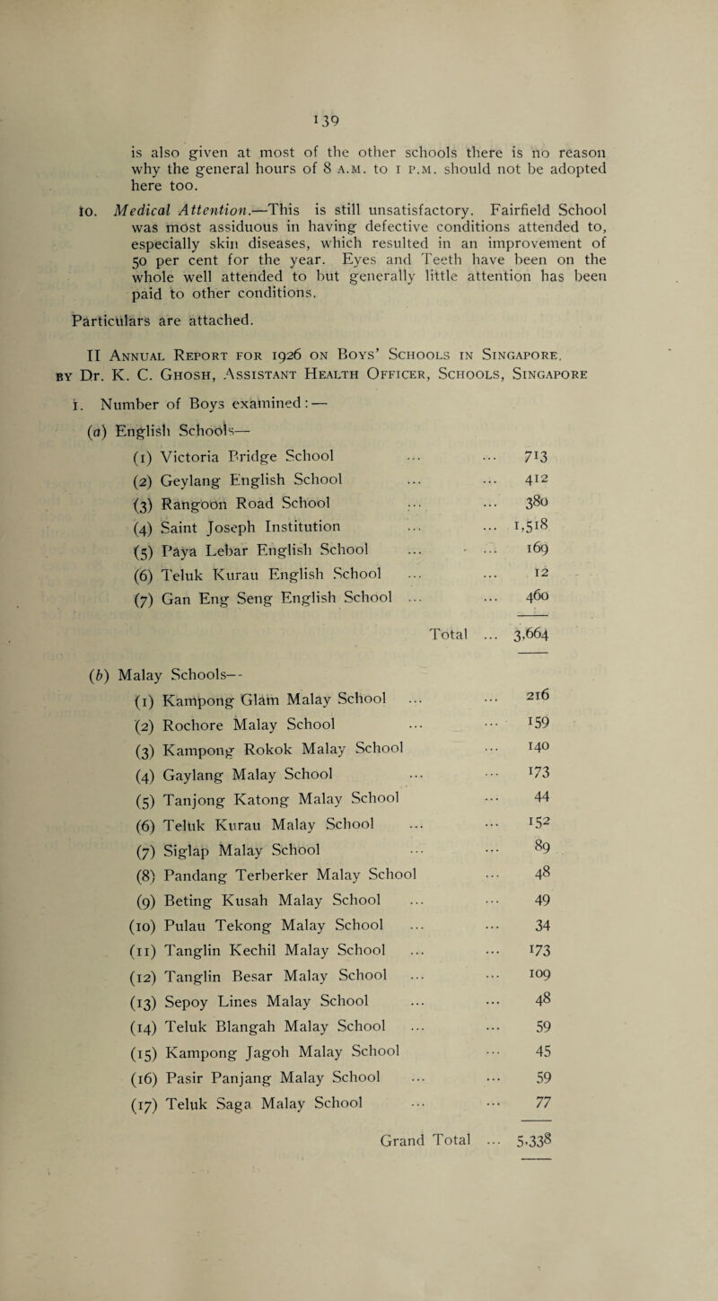 is also given at most of the other schools there is no reason why the general hours of 8 a.m. to i p.m. should not be adopted here too. to. Medical Attention.—This is still unsatisfactory. Fairfield School was most assiduous in having defective conditions attended to, especially skin diseases, which resulted in an improvement of 50 per cent for the year. Eyes and Teeth have been on the whole well attended to but generally little attention has been paid to other conditions. Particulars are attached. II Annual Report for 1926 on Boys’ Schools in SinCxApore. by Dr. K. C. Ghosh, Assistant Health Officer, Schools, Singapore i. Number of Boys examined:-—- (a) English Schools— (1) Victoria Bridge School (2) Geylang English School (3) Rangoon Road School (4) Saint Joseph Institution E$l8 (5) Paya Lebar English School (6) Teluk Kurau English School (7) Gan Eng Seng English School 169 12 460 Total ... 3,664 (b) Malay Schools— (1) Kampong Glam Malay School (2) Rochore Malay School (3) Kampong Rokok Malay School (4) Gaylang Malay School (5) Tanjong Katong Malay School (6) Teluk Kurau Malay School (7) Siglap Malay School (8) Pandang Terberker Malay School (9) Beting Kusah Malay School (10) Pulau Tekong Malay School (11) Tanglin Kechil Malay School (12) Tanglin Besar Malay School (13) Sepoy Lines Malay School (14) Teluk Blangah Malay School (15) Kampong Jagoh Malay School (16) Pasir Panjang Malay School (17) Teluk Saga Malay School 216 159 140 173 44 152 89 48 49 34 173 109 48 59 45 59 77 Grand Total ... 5,338