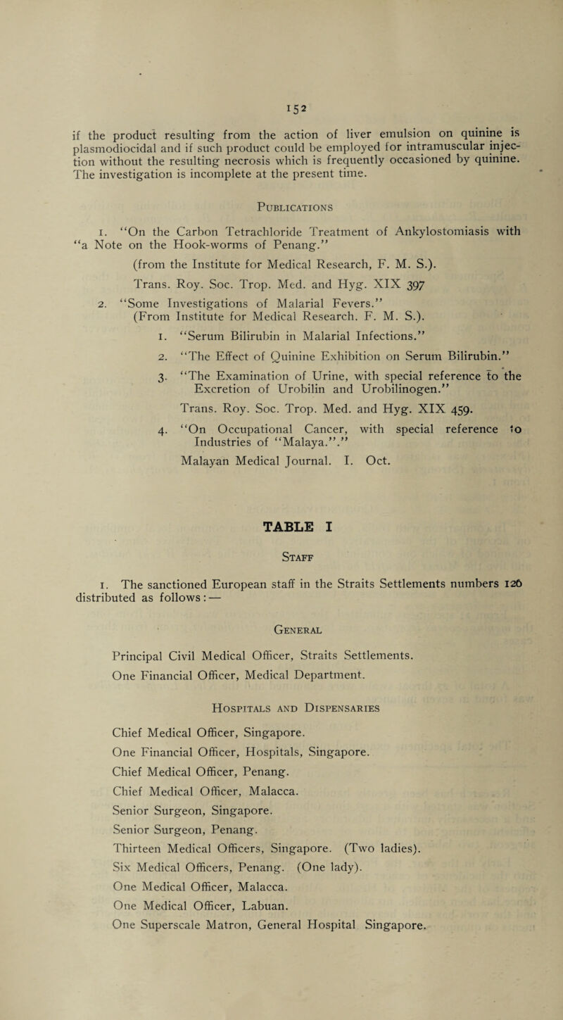 if the product resulting from the action of liver emulsion on quinine is plasmodiocidal and if such product could be employed for intramuscular injec¬ tion without the resulting necrosis which is frequently occasioned by quinine. The investigation is incomplete at the present time. Publications 1. “On the Carbon Tetrachloride Treatment of Ankylostomiasis with “a Note on the Hook-worms of Penang.” (from the Institute for Medical Research, F. M. S.). Trans. Roy. Soc. Trop. Med. and Hyg. XIX 397 2. “Some Investigations of Malarial Fevers.” (From Institute for Medical Research. F. M. S.). 1. “Serum Bilirubin in Malarial Infections.” 2. “The Effect of Quinine Exhibition on Serum Bilirubin.” 3. “The Examination of Urine, with special reference to the Excretion of Urobilin and Urobilinogen.” Trans. Roy. Soc. Trop. Med. and Hyg. XIX 459. 4. “On Occupational Cancer, with special reference 'o Industries of “Malaya.”.” Malayan Medical Journal. I. Oct. TABLE I Staff 1. The sanctioned European staff in the Straits Settlements numbers 126 distributed as follows : — General Principal Civil Medical Officer, Straits Settlements. One Financial Officer, Medical Department. Hospitals and Dispensaries Chief Medical Officer, Singapore. One Financial Officer, Hospitals, Singapore. Chief Medical Officer, Penang. Chief Medical Officer, Malacca. Senior Surgeon, Singapore. Senior Surgeon, Penang. Thirteen Medical Officers, Singapore. (Two ladies). Six Medical Officers, Penang. (One lady). One Medical Officer, Malacca. One Medical Officer, Labuan. One Superscale Matron, General Hospital Singapore.