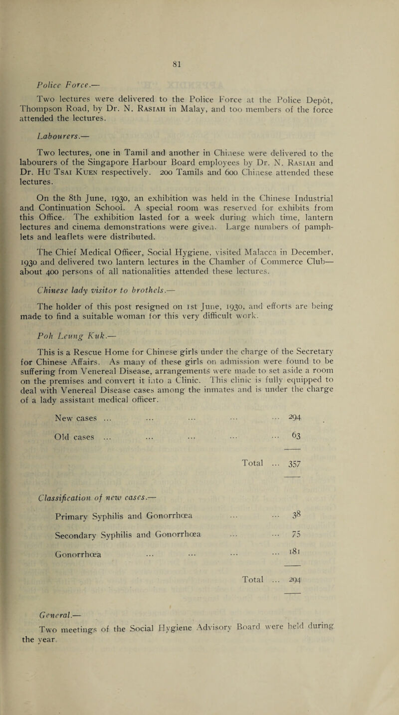 Police Force.— Two lectures were delivered to the Police Force at the Police Depot, Thompson Road, by Dr. N. Rasiah in Malay, and too members of the force attended the lectures. Labourers.— Two lectures, one in Tamil and another in Chinese were delivered to the labourers of the Singapore Harbour Board employees by Dr. N. Rasiah and Dr. Hu Tsai Kuen respectively. 200 Tamils and 600 Chinese attended these lectures. On the 8th June, 1930, an exhibition was held in the Chinese Industrial and Continuation School. A special room was reserved for exhibits from this Office. The exhibition lasted for a week during which time, lantern lectures and cinema demonstrations were given. Large numbers of pamph¬ lets and leaflets were distributed. The Chief Medical Officer, Social Hygiene, visited Malacca in December, 1930 and delivered two lantern lectures in the Chamber of Commerce Club— about 400 persons of all nationalities attended these lectures. Chinese lady visitor to brothels.— The holder of this post resigned on 1st June, 1930, and efforts are being- made to find a suitable woman for this very difficult work. Poh Leung Kuk.— This is a Rescue Home for Chinese girls under the charge of the Secretary for Chinese Affairs. As many of these girls on admission were found to be suffering from Venereal Disease, arrangements were made to set aside a room on the premises and convert it into a Clinic. This clime is fully equipped to deal with Venereal Disease cases among the inmates and is under the charge of a lady assistant medical officer. New cases ... ... ••• ••• ••• 294 Old cases ... ... ••• ••• ••• 63 Total ... 357 Classification of new cases.— Primary Syphilis and Gonorrhoea Secondary Syphilis and Gonorrhoea Gonorrhoea Total ... 294 General.— Two meetings of the Social Hygiene Advisory Board were held during the year 38 75 181