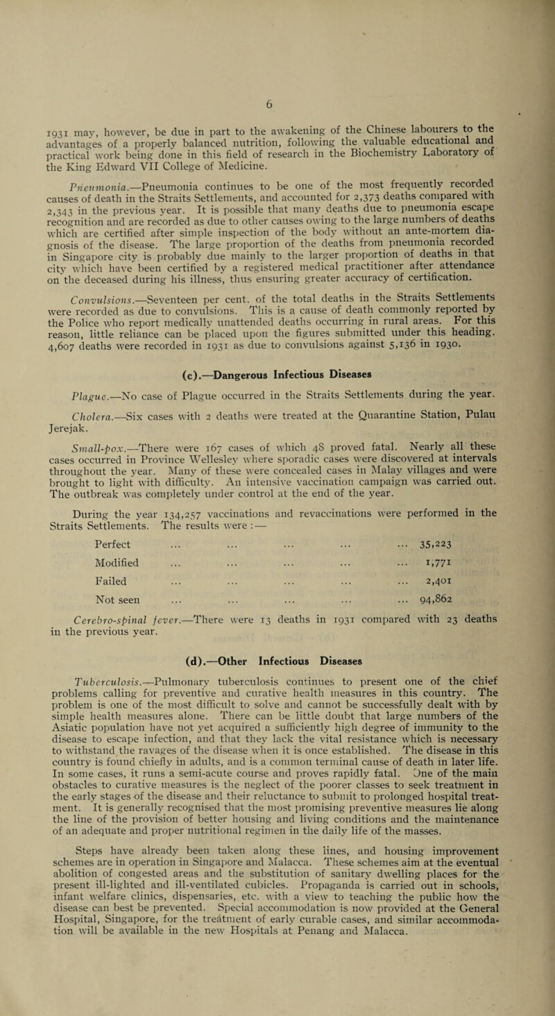 1931 may, however, be due in part to the awakening of the Chinese labourers to the advantages of a properly balanced nutrition, following the valuable educational and practical work being done in this field of research in the Biochemistry Laboratory of the King Edward VII College of Medicine. Pneumonia.—Pneumonia continues to be one of the most frequently recorded causes of death in the Straits Settlements, and accounted for 2,373 deaths compared with 2,343 in the previous year. It is possible that many deaths due to pneumonia escape recognition and are recorded as due to other causes owing to the large numbers of deaths which are certified after simple inspection of the body without an ante-mortem dia¬ gnosis of the disease. The large proportion of the deaths from pneumonia recorded in Singapore city is probably due mainly to the larger proportion of deaths in that citjr which have been certified by a registered medical practitioner after attendance on the deceased during his illness, thus ensuring greater accuracy of certification. Convulsions.—Seventeen per cent, of the total deaths in the Straits Settlements were recorded as due to convulsions. This is a cause of death commonly reported by the Police who report medically unattended deaths occurring in rural areas. Por this reason, little reliance can be placed upon the figures submitted under, this heading. 4,607 deaths were recorded in 1931 as due to convulsions against 5,136 in 1930. (c).—Dangerous Infectious Diseases Plague.—No case of Plague occurred in the Straits Settlements during the year. Cholera.—Six cases with 2 deaths were treated at the Quarantine Station, Pulau Jerejak. Small-pox.—There were 167 cases of which 4S proved fatal. Nearly all these cases occurred in Province Wellesley where sporadic cases were discovered at intervals throughout the year. Many of these were concealed cases in Malay villages and were brought to light with difficulty. An intensive vaccination campaign was carried out. The outbreak was completely under control at the end of the year. During the year 134,257 vaccinations Straits Settlements. The results were : — Perfect Modified Failed Not seen Cerehro-spinal fever.—There were 13 in the previous year. and revaccinations were performed in the ... 35,223 i,77i 2,401 ... 94,862 deaths in 1931 compared with 23 deaths (d).—Other Infectious Diseases Tuberculosis.—Pulmonary tuberculosis continues to present one of the chief problems calling for preventive and curative health measures in this country. The problem is one of the most difficult to solve and cannot be successfully dealt with by simple health measures alone. There can be little doubt that large numbers of the Asiatic population have not yet acquired a sufficiently high degree of immunity to the disease to escape infection, and that they lack the vital resistance which is necessary to withstand the ravages of the disease when it is once established. The disease in this country is found chiefly in adults, and is a common terminal cause of death in later life. In some cases, it runs a semi-acute course and proves rapidly fatal. One of the main obstacles to curative measures is the neglect of the poorer classes to seek treatment in the early stages of the disease and their reluctance to submit to prolonged hospital treat¬ ment. It is generally recognised that the most promising preventive measures lie along the line of the provision of better housing and living conditions and the maintenance of an adequate and proper nutritional regimen in the daily life of the masses. Steps have already been taken along these lines, and housing improvement schemes are in operation in Singapore and Malacca. These schemes aim at the eventual abolition of congested areas and the substitution of sanitary dwelling places for the present ill-lighted and ill-ventilated cubicles. Propaganda is carried out in schools, infant welfare clinics, dispensaries, etc. with a view to teaching the public how the disease can best be prevented. Special accommodation is now provided at the General Hospital, Singapore, for the treatment of early curable cases, and similar accommoda¬ tion w’ill be available in the new Hospitals at Penang and Malacca.