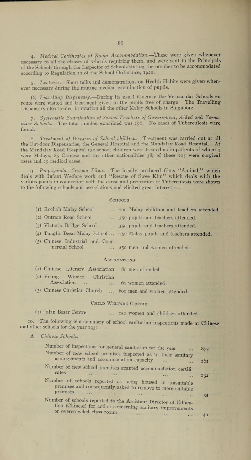 4. Medical Certificates of Room Accommodation.—These were given whenever necessary to all the classes of schools requiring them, and were sent to the Principals of the Schools through the Inspector of Schools stating the number to be accommodated according to Regulation 12 of the School Ordinance, 1920. 5. Lectures.—Short talks and demonstrations on Health Habits were given when¬ ever necessary during the routine medical examination of pupils. (6) Travelling Dispensary.—During its usual itinerary the Vernacular Schools en route were visited and treatment given to the pupils free of charge. The Travelling Dispensary also treated in rotation all the other Malay Schools in Singapore. 7. Systematic Examination of School-Teachers of Government, Aided and Verna¬ cular Schools.—The total number examined was 296. No cases of Tuberculosis were found. 8. Treatment of Diseases of School children.—Treatment was carried out at all the Out-door Dispensaries, the General Hospital and the Mandalay Road Hospital. At the Mandalay Road Hospital 132 school children were treated as in-patients of whom 9 were Malays, 85 Chinese and the other nationalities 38; of these 103 were surgical cases and 29 medical cases. 9. Propaganda—Cinema Films.—The locally produced films “Aminah” which deals with Infant Welfare work and “Rescue of Swee Kim” which deals with the various points in connection with the cause and prevention of Tuberculosis were shown to the following schools and associations and elicited great interest: — (1) Rochoh Malay School (2) Outram Road School (3) Victoria Bridge School (4) Tanglin Besar Malay School ... (5) Chinese Industrial and Com¬ mercial School Schools ... 200 Malay children and teachers attended. ... 350 pupils and teachers attended. • •• 350 pupils and teachers attended. ... 250 Malay pupils and teachers attended. 250 men and women attended. Associations (1) Chinese Diterary Association 80 men attended. (2) Young Women Christian Association ... ... 60 women attended. (3) Chinese Christian Church ... 600 men and women attended. Child Welfare Centre (1) Jalan Besar Centre ... 250 women and children attended. 10. The following is a summary of school sanitation inspections made at Chinese and other schools for the year 1931 : — A. Chinese Schools.— Number of inspections for general sanitation for the year ... 872 Number of new school premises inspected as to their sanitary arrangements and accommodation capacity ... x6i Number of new school premises granted accommodation certifi¬ cates 132 Number of schools reported as being housed in unsuitable premises and consequently asked to remove to more suitable premises 34 Number of schools reported to the Assistant Director of Educa¬ tion (Chinese) for action concerning sanitary improvements or overcrowded class rooms