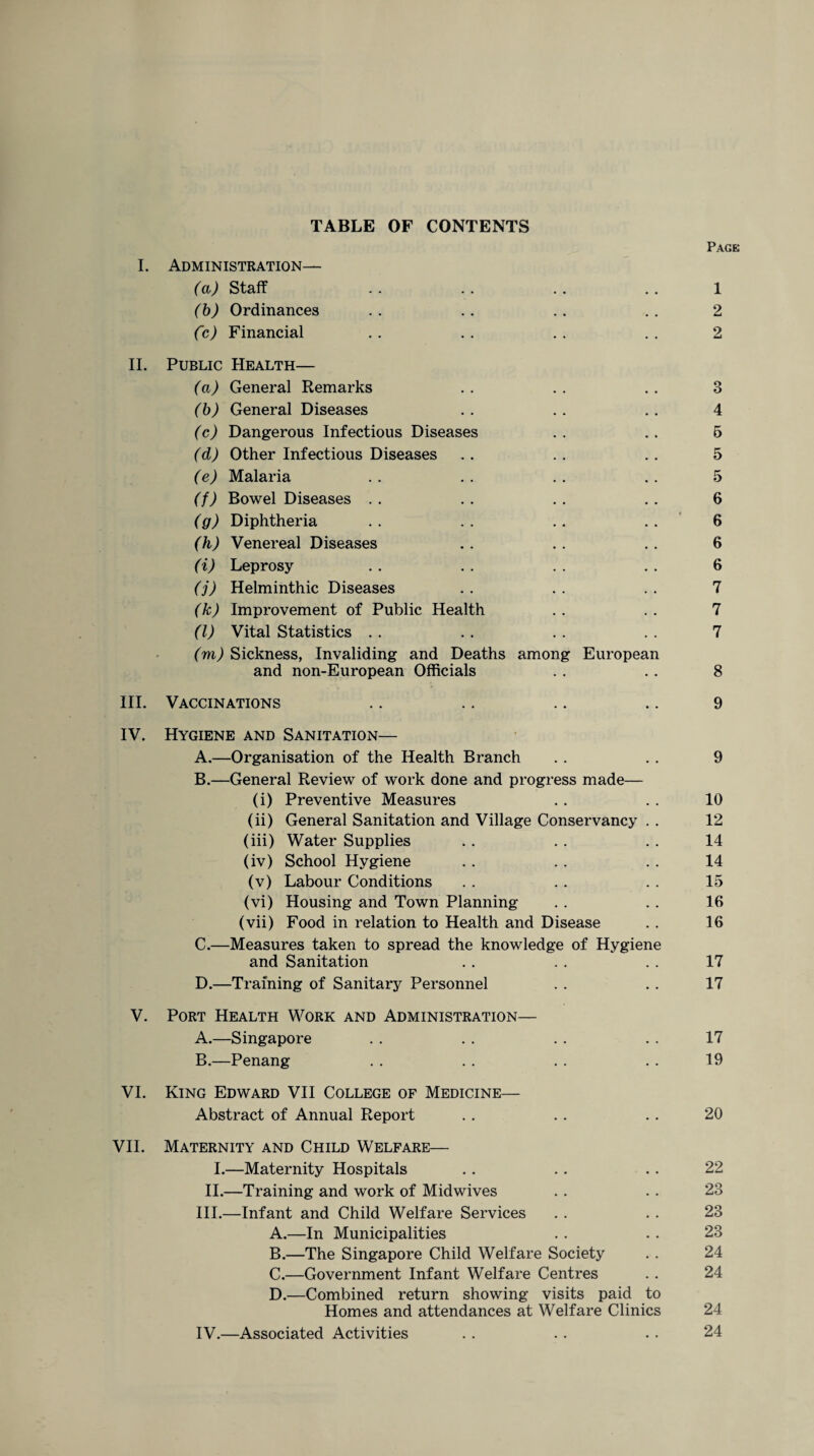 TABLE OF CONTENTS Page I. Administration— (a) Staff (b) Ordinances (c) Financial II. Public Health— (a) General Remarks (b) General Diseases (c) Dangerous Infectious Diseases (d) Other Infectious Diseases (e) Malaria (f) Bowel Diseases (g) Diphtheria (h) Venereal Diseases (i) Leprosy (j) Helminthic Diseases (k) Improvement of Public Health (l) Vital Statistics (m) Sickness, Invaliding and Deaths among European and non-European Officials III. Vaccinations IV. Hygiene and Sanitation— A. —Organisation of the Health Branch B. —General Review of work done and progress made— (i) Preventive Measures (ii) General Sanitation and Village Conservancy . . (iii) Water Supplies (iv) School Hygiene (v) Labour Conditions (vi) Housing and Town Planning (vii) Food in relation to Health and Disease C. —Measures taken to spread the knowledge of Hygiene and Sanitation D. —Training of Sanitary Personnel V. Port Health Work and Administration— A. —Singapore B. —Penang VI. King Edward VII College of Medicine— Abstract of Annual Report VII. Maternity and Child Welfare— I.—Maternity Hospitals II.—Training and work of Midwives III. —Infant and Child Welfare Services A. —In Municipalities B. —The Singapore Child Welfare Society C. —Government Infant Welfare Centres D. —Combined return showing visits paid to Homes and attendances at Welfare Clinics IV. —Associated Activities 1 2 2 3 4 5 5 5 6 6 6 6 7 7 7 8 9 9 10 12 14 14 15 16 16 17 17 17 19 20 22 23 23 23 24 24 24 24