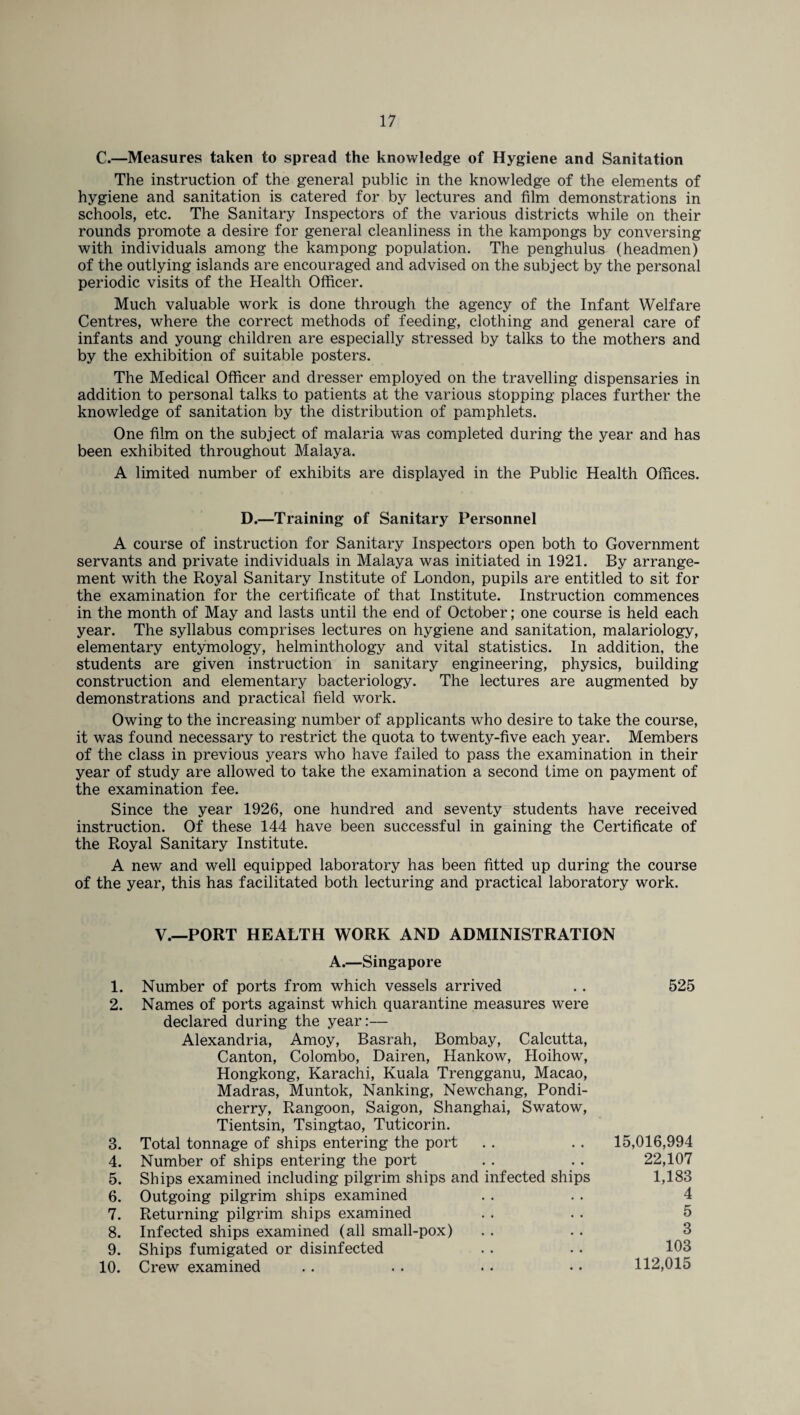 C.—Measures taken to spread the knowledge of Hygiene and Sanitation The instruction of the general public in the knowledge of the elements of hygiene and sanitation is catered for by lectures and film demonstrations in schools, etc. The Sanitary Inspectors of the various districts while on their rounds promote a desire for general cleanliness in the kampongs by conversing with individuals among the kampong population. The penghulus (headmen) of the outlying islands are encouraged and advised on the subject by the personal periodic visits of the Health Officer. Much valuable work is done through the agency of the Infant Welfare Centres, where the correct methods of feeding, clothing and general care of infants and young children are especially stressed by talks to the mothers and by the exhibition of suitable posters. The Medical Officer and dresser employed on the travelling dispensaries in addition to personal talks to patients at the various stopping places further the knowledge of sanitation by the distribution of pamphlets. One film on the subject of malaria was completed during the year and has been exhibited throughout Malaya. A limited number of exhibits are displayed in the Public Health Offices. D.—Training of Sanitary Personnel A course of instruction for Sanitary Inspectors open both to Government servants and private individuals in Malaya was initiated in 1921. By arrange¬ ment with the Royal Sanitary Institute of London, pupils are entitled to sit for the examination for the certificate of that Institute. Instruction commences in the month of May and lasts until the end of October; one course is held each year. The syllabus comprises lectures on hygiene and sanitation, malariology, elementary entymology, helminthology and vital statistics. In addition, the students are given instruction in sanitary engineering, physics, building construction and elementary bacteriology. The lectures are augmented by demonstrations and practical field work. Owing to the increasing number of applicants who desire to take the course, it was found necessary to restrict the quota to twenty-five each year. Members of the class in previous years who have failed to pass the examination in their year of study are allowed to take the examination a second time on payment of the examination fee. Since the year 1926, one hundred and seventy students have received instruction. Of these 144 have been successful in gaining the Certificate of the Royal Sanitary Institute. A new and well equipped laboratory has been fitted up during the course of the year, this has facilitated both lecturing and practical laboratory work. V.—PORT HEALTH WORK AND ADMINISTRATION A.—Singapore 1. Number of ports from which vessels arrived . . 525 2. Names of ports against which quarantine measures were declared during the year:— Alexandria, Amoy, Basrah, Bombay, Calcutta, Canton, Colombo, Dairen, Hankow, Hoihow, Hongkong, Karachi, Kuala Trengganu, Macao, Madras, Muntok, Nanking, Newchang, Pondi¬ cherry, Rangoon, Saigon, Shanghai, Swatow, Tientsin, Tsingtao, Tuticorin. 3. Total tonnage of ships entering the port 15,016,994 4. Number of ships entering the port 22,107 5. Ships examined including pilgrim ships and infected ships 1,183 6. Outgoing pilgrim ships examined 4 7. Returning pilgrim ships examined 5 8. Infected ships examined (all small-pox) 3 9. Ships fumigated or disinfected 103 10. Crew examined 112,015
