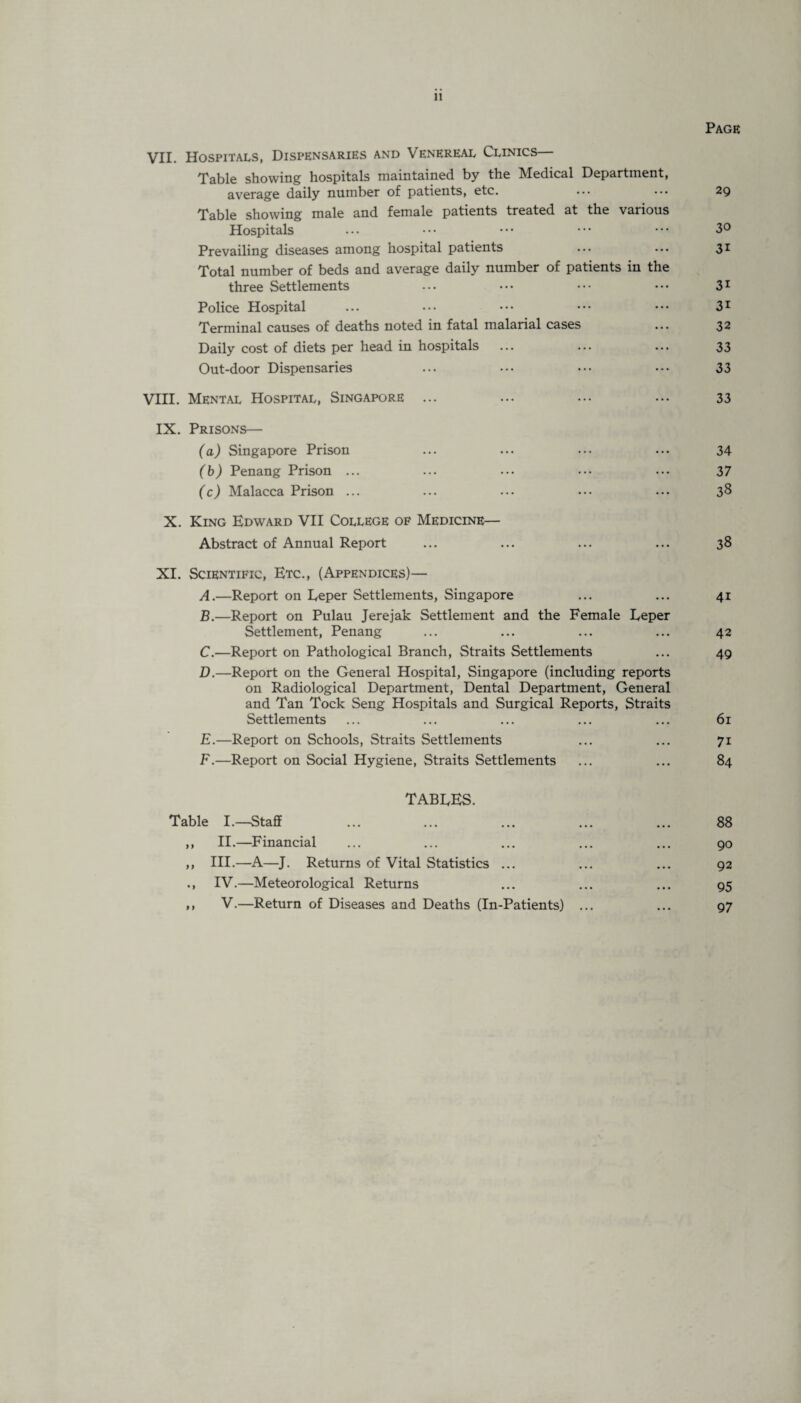 n Page VII. Hospitals, Dispensaries and Venereal Clinics— Table showing hospitals maintained by the Medical Department, average daily number of patients, etc. ... ••• 29 Table showing male and female patients treated at the various Hospitals ... ••• ••• ••• ••• 30 Prevailing diseases among hospital patients ... ... 31 Total number of beds and average daily number of patients in the three Settlements ... ... ••• ••• 31 Police Hospital ... ••• ••• ••• 31 Terminal causes of deaths noted in fatal malarial cases ... 32 Daily cost of diets per head in hospitals ... ... ... 33 Out-door Dispensaries ... ... ••• ••• 33 VIII. Mental Hospital, Singapore ... ... ... ... 33 IX. Prisons— (a) Singapore Prison ... ... ... ... 34 (b) Penang Prison ... ... ... ... ... 37 (c) Malacca Prison ... ... ... ... ... 38 X. King Edward VII College of Medicine— Abstract of Annual Report ... ... ... ... 38 XI. Scientific, Etc., (Appendices)— A. —Report on Leper Settlements, Singapore ... ... 41 B. —Report on Pulau Jerejak Settlement and the Female Leper Settlement, Penang ... ... ... ... 42 C. —Report on Pathological Branch, Straits Settlements ... 49 D. —Report on the General Hospital, Singapore (including reports on Radiological Department, Dental Department, General and Tan Tock Seng Hospitals and Surgical Reports, Straits Settlements ... ... ... ... ... 61 E. —Report on Schools, Straits Settlements ... ... 71 F. —Report on Social Hygiene, Straits Settlements ... ... 84 TABLES. Table I.—Staff ... ... ... ... ... 88 ,, II.—Financial ... ... ... ... ... 90 ,, III.—A—J. Returns of Vital Statistics ... ... ... 92 ., IV.—Meteorological Returns ... ... ... 95 ,, V.—Return of Diseases and Deaths (In-Patients) ... ... 97