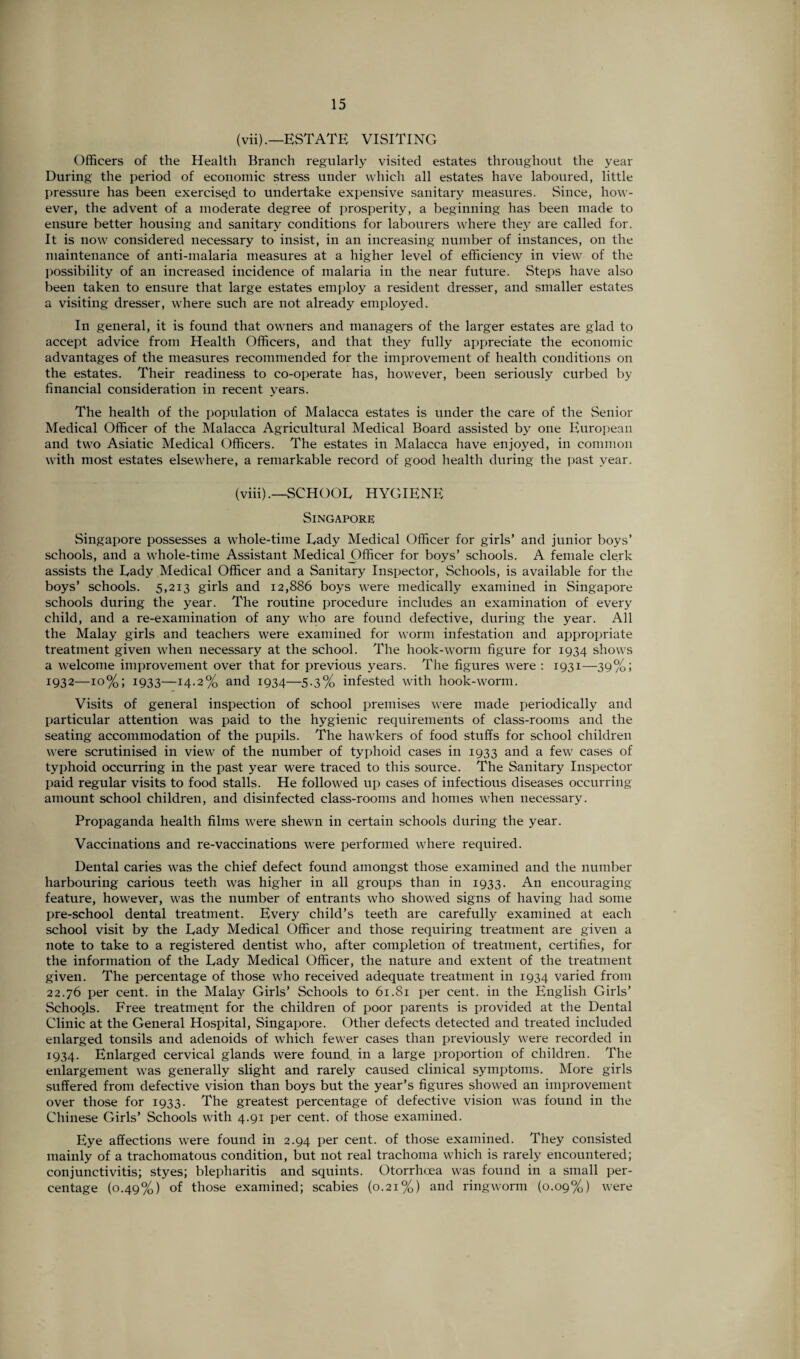 (vii).— ESTATE VISITING Officers of the Health Branch regularly visited estates throughout the year During the period of economic stress under which all estates have laboured, little pressure has been exercise.d to undertake expensive sanitary measures. Since, how¬ ever, the advent of a moderate degree of prosperity, a beginning has been made to ensure better housing and sanitary conditions for labourers where they are called for. It is now considered necessary to insist, in an increasing number of instances, on the maintenance of anti-malaria measures at a higher level of efficiency in view of the possibility of an increased incidence of malaria in the near future. Steps have also been taken to ensure that large estates employ a resident dresser, and smaller estates a visiting dresser, where such are not already employed. In general, it is found that owners and managers of the larger estates are glad to accept advice from Health Officers, and that they fully appreciate the economic advantages of the measures recommended for the improvement of health conditions on the estates. Their readiness to co-operate has, however, been seriously curbed by financial consideration in recent years. The health of the population of Malacca estates is under the care of the Senior Medical Officer of the Malacca Agricultural Medical Board assisted by one European and two Asiatic Medical Officers. The estates in Malacca have enjoyed, in common with most estates elsewhere, a remarkable record of good health during the past year. (viii).—SCHOOL HYGIENE Singapore Singapore possesses a whole-time Eady Medical Officer for girls’ and junior boys’ schools, and a whole-time Assistant Medical _Officer for boys’ schools. A female clerk assists the Eady Medical Officer and a Sanitary Inspector, Schools, is available for the boys’ schools. 5,213 girls and 12,886 boys were medically examined in Singapore schools during the year. The routine procedure includes an examination of every child, and a re-examination of any who are found defective, during the year. All the Malay girls and teachers were examined for worm infestation and appropriate treatment given when necessary at the school. The hook-worm figure for 1934 shows a welcome improvement over that for previous years. The figures were : 1931—39%; 1932—10%; 1933—14.2% and 1934—5.3% infested with hook-worm. Visits of general inspection of school premises were made periodically and particular attention was paid to the hygienic requirements of class-rooms and the seating accommodation of the pupils. The hawkers of food stuffs for school children were scrutinised in view of the number of typhoid cases in 1933 and a few cases of typhoid occurring in the past year were traced to this source. The Sanitary Inspector paid regular visits to food stalls. He followed up cases of infectious diseases occurring amount school children, and disinfected class-rooms and homes when necessary. Propaganda health films were shewn in certain schools during the year. Vaccinations and re-vaccinations were performed where required. Dental caries was the chief defect found amongst those examined and the number harbouring carious teeth was higher in all groups than in 1933. An encouraging feature, however, was the number of entrants who showed signs of having had some pre-school dental treatment. Every child’s teeth are carefully examined at each school visit by the Eady Medical Officer and those requiring treatment are given a note to take to a registered dentist who, after completion of treatment, certifies, for the information of the Eady Medical Officer, the nature and extent of the treatment given. The percentage of those who received adequate treatment in 1934 varied from 22.76 per cent, in the Malay Girls’ Schools to 61.81 per cent, in the English Girls’ Schoqls. Free treatment for the children of poor parents is provided at the Dental Clinic at the General Hospital, Singapore. Other defects detected and treated included enlarged tonsils and adenoids of which fewer cases than previously were recorded in 1934. Enlarged cervical glands were found, in a large proportion of children. The enlargement was generally slight and rarely caused clinical symptoms. More girls suffered from defective vision than boys but the year’s figures showed an improvement over those for 1933. The greatest percentage of defective vision was found in the Chinese Girls’ Schools with 4.91 per cent, of those examined. Eye affections were found in 2.94 per cent, of those examined. They consisted mainly of a trachomatous condition, but not real trachoma which is rarely encountered; conjunctivitis; styes; blepharitis and squints. Otorrhcea was found in a small per¬ centage (0.49%) of those examined; scabies (0.21%) and ringworm (0.09%) were